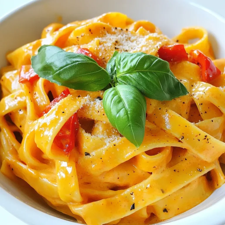 Für dieses leckere Gericht braucht man einige frische Zutaten. Hier sind die Hauptzutaten: - 2 rote Paprika - 1 Esslöffel Olivenöl - 3 Knoblauchzehen, fein gehackt - 1 Tasse Sahne - 1 Tasse geriebener Parmesan - 340 g Fettuccine oder beliebige Nudeln Diese Zutaten sind einfach zu finden und machen das Gericht besonders lecker. Um den Geschmack zu verbessern, füge einige Gewürze hinzu: - 1 Teelöffel italienische Gewürzmischung - Salz und Pfeffer nach Geschmack Diese Gewürze machen die Sauce würzig und aromatisch. Um das Gericht zu ergänzen, empfehle ich: - Frische Basilikumblätter zur Garnitur - Extra Parmesan zum Servieren Diese Beilagen geben dem Gericht eine frische Note und sind ein toller Hingucker. {{ingredient_image_2}} Heize deinen Ofen auf 200°C vor. Das Rösten der Paprika bringt ihren Geschmack hervor. Nimm zwei rote Paprika und halbiere sie. Entferne die Kerne und Stiele. Lege die Hälften mit der Schnittfläche nach unten auf ein Backblech. Träufle einen Esslöffel Olivenöl darüber. Röste die Paprika für etwa 25 Minuten. Die Haut sollte Blasen werfen und dunkel werden. Nimm sie dann aus dem Ofen und lass sie zehn Minuten abkühlen. Nach dem Abkühlen ziehe die Haut der Paprika ab. Gib die gerösteten Paprika in einen Mixer. Füge drei gehackte Knoblauchzehen, eine Tasse Sahne und einen Teelöffel italienische Gewürzmischung hinzu. Püriere die Mischung, bis sie schön glatt ist. Erhitze die pürierte Mischung in einem mittelgroßen Topf bei mittlerer Hitze. Rühre sie gut um und lass sie sanft köcheln. Jetzt kommt der beste Teil: Rühre eine Tasse geriebenen Parmesan ein. Lass den Käse schmelzen und würze mit Salz und Pfeffer. Koche während die Sauce köchelt, 340 g Fettuccine oder deine Lieblingsnudeln. Achte darauf, sie al dente zu kochen, wie auf der Verpackung beschrieben. Lass die Nudeln abtropfen und stelle sie beiseite. Jetzt kommt der große Moment: Füge die gekochten Nudeln zur Sauce hinzu. Vermenge alles vorsichtig, bis die Nudeln gleichmäßig mit der cremigen Sauce überzogen sind. Serviere das Gericht sofort und garniere es mit frischen Basilikumblättern und extra Parmesan. Um die beste Alfredo-Sauce zu machen, folgen Sie diesen Tipps: - Verwenden Sie frische rote Paprika für den besten Geschmack. - Rösten Sie die Paprika bis die Haut Blasen wirft. Das gibt einen tollen Rauchgeschmack. - Mixen Sie die Sauce gut, damit sie schön cremig wird. - Fügen Sie den Parmesan langsam hinzu. So schmilzt er gleichmäßig. Diese Schritte machen Ihre Sauce besonders lecker. Ein paar Fehler können die Sauce ruinieren: - Zu viel Hitze kann die Sahne gerinnen. Kochen Sie die Sauce bei mittlerer Hitze. - Zu wenig Salz kann den Geschmack mindern. Probieren Sie und würzen Sie nach. - Die Nudeln nicht al dente kochen. Sie sollten noch einen kleinen Biss haben. Vermeiden Sie diese häufigen Fehler für das beste Ergebnis. Ein gutes Gericht sieht auch gut aus. Hier sind einige einfache Tipps: - Verwenden Sie frische Basilikumblätter als Garnitur. Sie bringen Farbe und Frische. - Streuen Sie extra Parmesan obenauf. Das sieht toll aus und schmeckt gut. - Servieren Sie die Pasta in tiefen Tellern. So bleibt die Sauce schön warm. Mit diesen Ideen wird Ihr Gericht zum Hingucker. Pro Tipps Paprika richtig rösten: Um den besten Geschmack aus den Paprika herauszuholen, rösten Sie sie bis die Haut Blasen wirft und dunkel wird. Dadurch wird die natürliche Süße intensiviert. Frische Kräuter hinzufügen: Ergänzen Sie die Sauce mit frischen Kräutern wie Thymian oder Oregano für zusätzlichen Geschmack und Frische. Pasta al dente kochen: Achten Sie darauf, die Fettuccine al dente zu kochen, damit die Textur beim Mischen mit der cremigen Sauce perfekt bleibt. Sauce anpassen: Wenn die Sauce zu dick ist, fügen Sie einen Schuss Nudelwasser hinzu, um die gewünschte Konsistenz zu erreichen, ohne den Geschmack zu beeinträchtigen. {{image_4}} Für eine vegetarische Variante des Roasted Red Pepper Alfredo können Sie die Sahne durch pflanzliche Alternativen ersetzen. Kokosmilch oder Cashew-Sahne bieten eine cremige Basis. Dies gibt dem Gericht einen einzigartigen Geschmack. Auch Gemüse wie Zucchini oder Spinat können Sie hinzufügen. Diese Extras bringen Farbe und Nährstoffe. Wenn Sie mehr Protein möchten, fügen Sie Hühnchen oder Garnelen hinzu. Braten Sie das Hühnchen in der Pfanne an, bis es goldbraun ist. Garnelen können in der letzten Minute der Sauce hinzugefügt werden. Beide Optionen passen gut zu der cremigen Sauce. Sie machen das Gericht noch sättigender und leckerer. Für eine glutenfreie Version wählen Sie glutenfreie Pasta. Diese gibt es in vielen Sorten, wie Reis- oder Linsenpasta. Achten Sie darauf, die Kochzeit an die glutenfreie Pasta anzupassen. Die Sauce bleibt gleich, und das Gericht schmeckt immer noch fantastisch. So genießen auch Menschen mit Glutenunverträglichkeit dieses Rezept. Wenn Sie Reste von Ihrem Roasted Red Pepper Alfredo haben, lagern Sie diese gut. Nutzen Sie einen luftdichten Behälter. So bleibt die Sauce frisch. Stellen Sie den Behälter in den Kühlschrank. Genießen Sie die Reste innerhalb von drei Tagen. Die Sauce lässt sich auch gut einfrieren. Geben Sie die abgekühlte Sauce in einen gefrierfesten Behälter. Sie können die Sauce bis zu drei Monate einfrieren. Wenn Sie die Nudeln einfrieren, achten Sie darauf, sie leicht zu kochen. So bleiben sie beim Aufwärmen nicht matschig. Zum Aufwärmen nehmen Sie die Sauce aus dem Kühlschrank. Erwärmen Sie sie in einem Topf bei mittlerer Hitze. Fügen Sie etwas Sahne oder Wasser hinzu, um die Konsistenz zu verbessern. Für die Nudeln können Sie heißes Wasser nutzen, um sie schnell aufzuwärmen. So bleiben sie al dente. Ja, Sie können die Paprika auf dem Grill rösten. Halten Sie sie einfach über die Flamme oder legen Sie sie auf einen Grillrost. Drehen Sie die Paprika, bis die Haut schwarz wird und Blasen wirft. Dies gibt ihnen einen rauchigen Geschmack. Achten Sie darauf, sie danach abzudecken, damit sie dampfen. So lässt sich die Haut leichter abziehen. Um die Sauce schärfer zu machen, fügen Sie einfach etwas rote Pfefferflocken hinzu. Beginnen Sie mit einer kleinen Menge und probieren Sie die Sauce. Sie können auch frische Chilis oder eingelegte Jalapeños pürieren und in die Sauce geben. Achten Sie darauf, die Schärfe nach Ihrem Geschmack anzupassen. Ein Hauch von scharfer Sauce kann auch gut funktionieren. Fettuccine passt hervorragend zu dieser Sauce. Die breiten Nudeln halten die cremige Sauce gut fest. Sie können auch andere Pasta wie Penne oder Tagliatelle verwenden. Wählen Sie die Pasta, die Ihnen am besten gefällt. Achten Sie darauf, sie al dente zu kochen, damit sie die Sauce gut aufnimmt. Dieses Rezept für Roasted Red Pepper Alfredo bietet viele leckere Möglichkeiten. Die Hauptzutaten sind nicht nur einfach, sondern auch vielseitig. Sie lernen auch, wie wichtig die richtige Zubereitung und Aufbewahrung ist. Vermeiden Sie häufige Fehler, um die perfekte Sauce zu bekommen. Denken Sie daran, dass Variationen, wie vegetarische Optionen oder das Hinzufügen von Protein, Ihr Gericht noch besser machen. Genießen Sie die kreative Freiheit in der Küche!