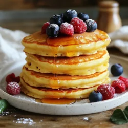 Für die perfekten griechischen Joghurt-Pfannkuchen brauchst du einige wichtige Zutaten. Hier ist die Liste: - 1 Tasse (125 g) Weizenmehl - 2 Esslöffel Zucker - 1 Teelöffel Backpulver - 1/2 Teelöffel Natron - 1/4 Teelöffel Salz - 1 Tasse (240 g) griechischer Joghurt (natur, Vollfett oder fettarm) - 1/2 Tasse (120 ml) Milch (auch Mandelmilch als Ersatz möglich) - 1 großes Ei - 1 Teelöffel Vanilleextrakt - 2 Esslöffel geschmolzene Butter (oder Kokosöl für eine milchfreie Variante) - Frische Beeren (zum Garnieren) - Ahornsirup oder Honig (zum Servieren) Diese Zutaten sorgen für eine köstliche und fluffige Textur. Der griechische Joghurt macht die Pfannkuchen besonders nahrhaft und cremig. Wenn du einige Zutaten nicht hast oder andere Geschmäcker magst, gibt es Alternativen. Hier sind ein paar Ideen: - Glutenfreie Pfannkuchen: Verwende glutenfreies Mehl. - Milchfreie Variante: Nutze Mandeldrink oder Hafermilch. - Zuckerersatz: Ersetze den Zucker durch Honig oder Agavendicksaft. - Fette: Du kannst die Butter durch Kokosöl ersetzen. Diese Alternativen machen die Pfannkuchen anpassbar für jeden. So kannst du deine eigene Note hinzufügen. Die Nährstoffe in diesen Pfannkuchen sind beeindruckend. Griechischer Joghurt enthält viel Eiweiß. Das gibt dir Energie für den Tag. Zucker und Mehl liefern dir Kohlenhydrate. Im Durchschnitt enthalten die Pfannkuchen pro Portion: - Kalorien: etwa 200 - Eiweiß: 8 g - Kohlenhydrate: 30 g - Fett: 6 g Diese Pfannkuchen sind eine gute Wahl. Sie bieten dir eine nahrhafte und leichte Mahlzeit. {{ingredient_image_2}} Sammle zuerst alle Zutaten. Du brauchst: - 1 Tasse (125 g) Weizenmehl - 2 Esslöffel Zucker - 1 Teelöffel Backpulver - 1/2 Teelöffel Natron - 1/4 Teelöffel Salz - 1 Tasse (240 g) griechischer Joghurt - 1/2 Tasse (120 ml) Milch - 1 großes Ei - 1 Teelöffel Vanilleextrakt - 2 Esslöffel geschmolzene Butter - Frische Beeren für die Garnitur - Ahornsirup oder Honig zum Servieren Gib das Mehl, den Zucker, das Backpulver, das Natron und das Salz in eine große Schüssel und mische sie gut. In einer anderen Schüssel vermischst du den Joghurt, die Milch, das Ei, den Vanilleextrakt und die Butter. Rühre alles glatt. Gieße die feuchten Zutaten in die Schüssel mit dem Mehlgemisch. Rühre vorsichtig, bis alles gut verbunden ist. Lass ein paar Klumpen drin. Heize eine beschichtete Pfanne auf mittlerer Hitze vor. Fette sie leicht mit Öl oder Butter ein. Gieße etwa 1/4 Tasse Teig für jeden Pfannkuchen in die Pfanne. Warte, bis Blasen auf der Oberfläche erscheinen. Das dauert etwa 2-3 Minuten. Wende die Pfannkuchen und brate sie weitere 1-2 Minuten, bis sie goldbraun sind. Wiederhole diesen Schritt mit dem restlichen Teig. Für fluffige Pfannkuchen ist es wichtig, nicht zu viel zu rühren. Ein paar Klumpen sind gut. Achte darauf, die Pfanne nicht zu heiß zu machen. Wenn die Hitze zu hoch ist, verbrennen die Pfannkuchen außen, bleiben aber innen roh. Serviere die Pfannkuchen warm. Staple sie in einer hohen Form. Garniere sie mit frischen Beeren und einem Schuss Ahornsirup oder Honig. So sieht es nicht nur toll aus, es schmeckt auch klasse! Um fluffige Pfannkuchen zu machen, achte darauf, die Zutaten nicht zu übermixen. Wenn du die feuchten und trockenen Zutaten mischst, lass ein paar Klumpen drin. Diese Klumpen helfen, die Pfannkuchen locker zu halten. Auch die Temperatur ist wichtig. Die Pfanne sollte nicht zu heiß sein, sonst verbrennen die Pfannkuchen außen, bevor sie innen durch sind. Ein häufiger Fehler ist, die Pfannkuchen zu lange zu kochen. Warte, bis Blasen auf der Oberfläche erscheinen, bevor du sie wendest. Ein weiterer Fehler ist, zu viel Teig in die Pfanne zu gießen. Verwende etwa 1/4 Tasse Teig pro Pfannkuchen. So werden sie gleichmäßig gar und schön rund. Prüfe auch, ob die Pfanne gut eingefettet ist, um das Ankleben zu vermeiden. Für die Zubereitung der Pfannkuchen empfehle ich eine gute beschichtete Pfanne oder einen Griddle. Sie sorgen für gleichmäßige Hitze und verhindern Ankleben. Ein großer Rührbesen hilft dir, die Zutaten gut zu vermischen. Ein Messbecher ist nützlich, um die richtige Menge Teig zu portionieren. Und vergiss nicht eine Spachtel, um die Pfannkuchen einfach zu wenden. Pro Tipps Frische Zutaten verwenden: Verwende frische Eier und hochwertigen griechischen Joghurt für den besten Geschmack und eine cremige Konsistenz. Die Pfanne richtig vorheizen: Stelle sicher, dass die Pfanne gut vorgeheizt ist, damit die Pfannkuchen gleichmäßig garen und eine goldbraune Farbe erhalten. Variationen ausprobieren: Experimentiere mit verschiedenen Früchten oder Nüssen im Teig, um deinen Pfannkuchen eine persönliche Note zu verleihen. Resteverwertung: Falls du Pfannkuchen übrig hast, kannst du sie einfrieren und später einfach aufwärmen – perfekt für ein schnelles Frühstück! {{image_4}} Die Toppings machen deine Pfannkuchen besonders. Du kannst frische Beeren verwenden. Erdbeeren, Himbeeren und Heidelbeeren sind großartig. Sie bringen Farbe und Geschmack. Auch Bananen sind eine süße Wahl. Du kannst auch Nüsse hinzufügen. Mandeln oder Walnüsse sorgen für einen knusprigen Biss. Ein Spritzer Honig oder Ahornsirup macht alles süßer. Wenn du etwas Neues probieren möchtest, füge Schokoladenstückchen hinzu. Sie schmelzen beim Kochen und bringen Freude. Zimt gibt den Pfannkuchen einen warmen Geschmack. Mach eine Mischung aus Zimt und Zucker für einen besonderen Twist. Du kannst auch Kokosraspeln verwenden. Sie geben einen tropischen Flair. Für glutenfreie Pfannkuchen nimm einfach glutenfreies Mehl. Es funktioniert genauso gut. Du kannst auch eine vegane Variante machen. Ersetze das Ei durch einen Esslöffel Leinsamenmehl und Wasser. Nutze Pflanzenmilch statt Kuhmilch. Verwende Kokosöl anstelle von Butter. So bleibt der Geschmack lecker und gesund. Um die übrig gebliebenen Pfannkuchen frisch zu halten, lege sie in einen luftdichten Behälter. Stelle sicher, dass sie vollständig abgekühlt sind, bevor du sie lagerst. So vermeidest du, dass sie matschig werden. Du kannst die Pfannkuchen auch mit Backpapier zwischen den Schichten stapeln. So bleiben sie nicht aneinander kleben. Das Aufwärmen der Pfannkuchen ist einfach. Du kannst sie in der Mikrowelle für etwa 20-30 Sekunden erwärmen. Alternativ kannst du eine Pfanne bei niedriger Hitze nutzen. Lege die Pfannkuchen in die Pfanne und erwärme sie für 1-2 Minuten pro Seite. So bleiben sie schön fluffig und warm. Die Pfannkuchen halten sich im Kühlschrank etwa 3-4 Tage. Wenn du sie länger aufbewahren willst, friere sie ein. Lege die abgekühlten Pfannkuchen in einen Gefrierbeutel. So bleiben sie bis zu 2 Monate frisch. Zum Auftauen lege die gefrorenen Pfannkuchen einfach in den Kühlschrank über Nacht. Sie sind eine perfekte schnelle Frühstücksoption! Die Kalorien in griechischen Joghurt-Pfannkuchen hängen von den Zutaten ab. Eine Portion mit 2 Pfannkuchen hat etwa 250 bis 300 Kalorien. Das kommt vor allem vom Joghurt, Mehl und Zucker. Wenn du weniger Zucker verwendest, kannst du die Kalorien senken. Du kannst auch fettarmen Joghurt nutzen, um die Kalorien weiter zu reduzieren. Ja, du kannst den Joghurt ersetzen. Eine gute Option ist Quark oder sogar pflanzlicher Joghurt. Diese Alternativen bieten ähnliche Texturen. Wenn du vegan kochen möchtest, nehme Kokosjoghurt oder Mandeljoghurt. Achte darauf, dass der Geschmack zu deinem Rezept passt. Griechische Joghurt-Pfannkuchen halten sich gut im Kühlschrank. Du kannst sie 2 bis 3 Tage in einem luftdichten Behälter lagern. Wenn du sie länger aufbewahren möchtest, friere sie ein. So bleiben sie bis zu 2 Monate frisch. Zum Aufwärmen einfach in der Mikrowelle oder in der Pfanne leicht erwärmen. Ja, griechische Joghurt-Pfannkuchen sind eine gesunde Wahl. Sie enthalten viel Protein durch den Joghurt. Zudem sind sie nahrhaft und sättigend. Du kannst sie mit frischen Beeren oder Nüssen toppen, um noch mehr Nährstoffe hinzuzufügen. Sie sind eine tolle Option für ein gesundes Frühstück. Griechische Joghurt-Pfannkuchen sind lecker und einfach zuzubereiten. Wir haben die Hauptzutaten, Alternativen und Nährstoffinformationen besprochen. Zudem gab es eine Schritt-für-Schritt-Anleitung zum Kochen und Tipps für fluffige Pfannkuchen. Variationen und Lagerungsmethoden helfen dir, kreativ zu bleiben. Bleib aufmerksam für häufige Fehler und finde die besten Utensilien für deine Küche. Diese Pfannkuchen sind nicht nur nährstoffreich, sondern auch anpassbar. Experimentiere mit verschiedenen Toppings und Diätoptionen. So machst du das beste Frühstück deiner neuen Lieblingspfannkuchen.