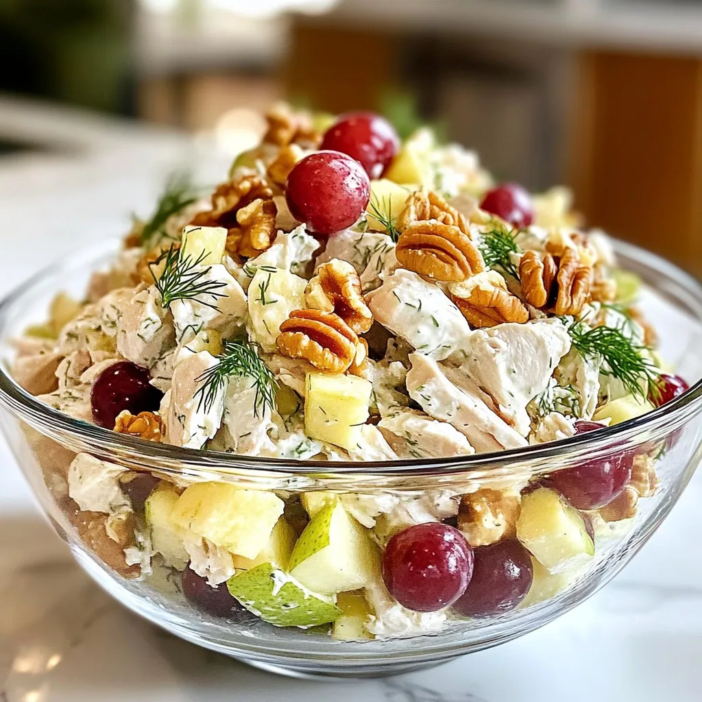 Der Griechische Joghurt-Hähnchensalat hat einige Hauptzutaten, die ihn lecker machen. Hier sind die wichtigsten: - 2 Tassen gekochte Hähnchenbrust, zerrissen - 1 Tasse griechischer Joghurt (natur) - 1 Esslöffel Dijon-Senf - 1 Esslöffel Zitronensaft Das Hähnchen gibt Protein und macht den Salat sättigend. Der griechische Joghurt ist cremig und gesund. Er ersetzt Mayonnaise und macht den Salat leichter. Dijon-Senf bringt einen tollen Geschmack. Zitronensaft fügt Frische hinzu und macht alles lebendig. Neben den Hauptzutaten gibt es noch Ergänzungen, die den Salat aufwerten: - 1 Stange Sellerie, fein gehackt - 1 kleine rote Apfel, gewürfelt - 1/2 Tasse rote Trauben, halbiert - 1/4 Tasse Walnüsse, grob gehackt - 2 Esslöffel frischer Dill, fein gehackt - Salz und Pfeffer nach Geschmack Der Sellerie bringt Knackigkeit und ist kalorienarm. Der Apfel fügt Süße und Frische hinzu. Die Trauben sorgen für einen süßen Biss. Walnüsse geben den nötigen Crunch und gesunde Fette. Dill bringt ein frisches Aroma, das perfekt passt. Frische Zutaten machen den Salat besser. Achte beim Kauf auf: - Hähnchen: Es sollte frisch und rosafarben sein. - Joghurt: Wähle naturbelassenen Joghurt ohne Zucker. - Obst und Gemüse: Nimm knackige und saftige Varianten. Sie sollten fest und ohne Druckstellen sein. - Walnüsse: Achte darauf, dass sie nicht ranzig riechen. Wenn du frische Zutaten wählst, schmeckt dein Salat noch besser. {{ingredient_image_2}} Um die Joghurtsauce zu machen, nehme ich eine große Rührschüssel. Ich gebe den griechischen Joghurt, Dijon-Senf und Zitronensaft hinein. Dann rühre ich alles gut um. Es sollte eine glatte Mischung entstehen. Diese Sauce macht den Salat frisch und lecker. Jetzt füge ich die zerrissene Hähnchenbrust zur Joghurtsauce hinzu. Ich rühre alles gut um. So wird das Hähnchen gleichmäßig mit der Sauce bedeckt. Dann kommen der fein gehackte Sellerie, gewürfelter Apfel, halbierte Trauben und grob gehackte Walnüsse dazu. Ich hebe alles vorsichtig unter. Schließlich streue ich frischen Dill darüber. Mit Salz und Pfeffer würze ich nach Geschmack. Der Salat muss jetzt ruhen. Ich decke die Schüssel ab und stelle sie für mindestens 30 Minuten in den Kühlschrank. So können sich die Aromen gut entfalten. Zum Servieren lege ich den Salat auf ein Bett aus gemischtem Grün oder in einen Wrap. Das macht ihn zu einem leichten Mittagessen. Ein häufiger Fehler ist, zu viel Joghurt zu verwenden. Das macht den Salat matschig. Verwenden Sie nur eine Tasse griechischen Joghurt. Achten Sie darauf, das Hähnchen gut zu zerrissen. Große Stücke vermischen sich nicht gut. Wenn Sie den Dill hinzufügen, seien Sie sparsam. Zu viel Dill kann den Geschmack überwältigen. Um den Salat frisch zu halten, legen Sie ihn in einen luftdichten Behälter. Kühl lagern Sie ihn im Kühlschrank. Der Salat bleibt so bis zu drei Tage frisch. Mischen Sie ihn vor dem Servieren gut durch. Das sorgt dafür, dass die Aromen gleichmäßig verteilt sind. Fügen Sie ein paar Zutaten hinzu, um den Salat gesünder zu machen. Erbsen bringen mehr Ballaststoffe. Karotten sind knackig und süß. Sonnenblumenkerne bieten gesunde Fette. Diese Ergänzungen machen den Salat noch nahrhafter und leckerer. Pro Tipps Hähnchen vorbereiten: Verwenden Sie übrig gebliebenes Hähnchen oder Hähnchenbrust aus der Grillpfanne für zusätzlichen Geschmack und Zeitersparnis. Joghurt-Variationen: Experimentieren Sie mit griechischem Joghurt mit Geschmack, um dem Salat eine interessante Note zu verleihen. Frische Zutaten: Verwenden Sie frische, saisonale Zutaten für den besten Geschmack und die höchste Nährstoffdichte. Vorkühlen: Lassen Sie den Salat vor dem Servieren mindestens eine Stunde im Kühlschrank ruhen, damit sich die Aromen gut vermischen können. {{image_4}} Wenn Sie etwas Abwechslung wünschen, probieren Sie Hähnchenbrust, Pute oder Thunfisch. Diese Optionen sind lecker und reich an Proteinen. Sie können auch gekochte Eier hinzufügen. Sie geben dem Salat eine zusätzliche Textur und Geschmack. Denken Sie daran, die Menge der Joghurtsauce anzupassen. So bleibt der Salat nicht zu trocken. Für eine vegane Version nutzen Sie Kichererbsen oder Tofu. Diese Zutaten bringen Proteine und sind sehr sättigend. Zerdrücken Sie die Kichererbsen leicht, um eine ähnliche Textur wie Hähnchen zu erhalten. Verwenden Sie veganen Joghurt als Basis. Fügen Sie die gleichen frischen Zutaten hinzu, um den Salat bunt und lecker zu halten. Experimentieren Sie mit verschiedenen Früchten und Nüssen. Sie können Ananas, Mango oder sogar Cranberries verwenden. Diese Früchte bringen Süße und Frische. Für mehr Crunch sind Mandeln oder Pekannüsse köstlich. Um dem Salat einen würzigen Kick zu geben, probieren Sie etwas Chili oder Paprika. So wird Ihr Salat immer wieder spannend und neu. Um den griechischen Joghurt-Hähnchensalat frisch zu halten, benutze einen luftdichten Behälter. So bleibt der Salat knackig und die Aromen erhalten. Du kannst auch Frischhaltefolie verwenden, um den Salat abzudecken. Achte darauf, den Salat nicht zu lange offen stehen zu lassen. Im Kühlschrank bleibt der griechische Joghurt-Hähnchensalat bis zu drei Tage frisch. Nach dieser Zeit können die Zutaten weich werden und der Geschmack kann sich verändern. Überprüfe immer, ob der Salat noch gut riecht, bevor du ihn isst. Wenn du dir unsicher bist, schmecke einen kleinen Löffel. Es ist besser, den Salat nicht einzufrieren, da der griechische Joghurt und die frischen Zutaten ihre Textur verlieren können. Wenn du Reste hast, lagere sie im Kühlschrank. Wenn du dennoch einfrieren möchtest, trenne die Joghurtsauce vom Hähnchen und Gemüse. So kannst du die Zutaten später frisch kombinieren. Auftauen kannst du den Salat im Kühlschrank über Nacht. Der Griechische Joghurt-Hähnchensalat hält sich gut im Kühlschrank. Er bleibt frisch für etwa 3 bis 4 Tage. Achte darauf, ihn in einem luftdichten Behälter aufzubewahren. So bleibt er knackig und lecker. Wenn du ihn länger aufbewahren möchtest, solltest du die Zutaten getrennt lagern. So vermeidest du, dass der Salat matschig wird. Ja, du kannst die Hälfte der Zutaten verwenden. Reduziere einfach alle Mengen. So bekommst du eine kleinere Portion. Dies ist ideal, wenn du nur für dich selbst kochst oder einen kleinen Snack möchtest. Der Geschmack bleibt gleich, und du kannst trotzdem den vollen Genuss erleben. Ja, der Salat ist perfekt für Meal Prep. Du kannst ihn leicht im Voraus zubereiten. Teile ihn in Portionen und bewahre sie in Behältern auf. Ideal für schnelle Mittagessen oder Snacks während der Woche. Vergiss nicht, ihn richtig zu kühlen, damit er frisch bleibt. In diesem Blogbeitrag haben wir die Hauptzutaten für den Griechischen Joghurt-Hähnchensalat besprochen. Du hast gelernt, wie man die Joghurtsauce zubereitet und den Salat richtig lagert. Die Tipps und Tricks helfen dir, häufige Fehler zu vermeiden und die Frische der Zutaten zu sichern. Variationen bieten dir mehr Optionen, unabhängig von deinen Diätvorlieben. Mit diesen Informationen wird dein Salat immer lecker und gesund. Probiere es aus und genieße deine Kreationen!