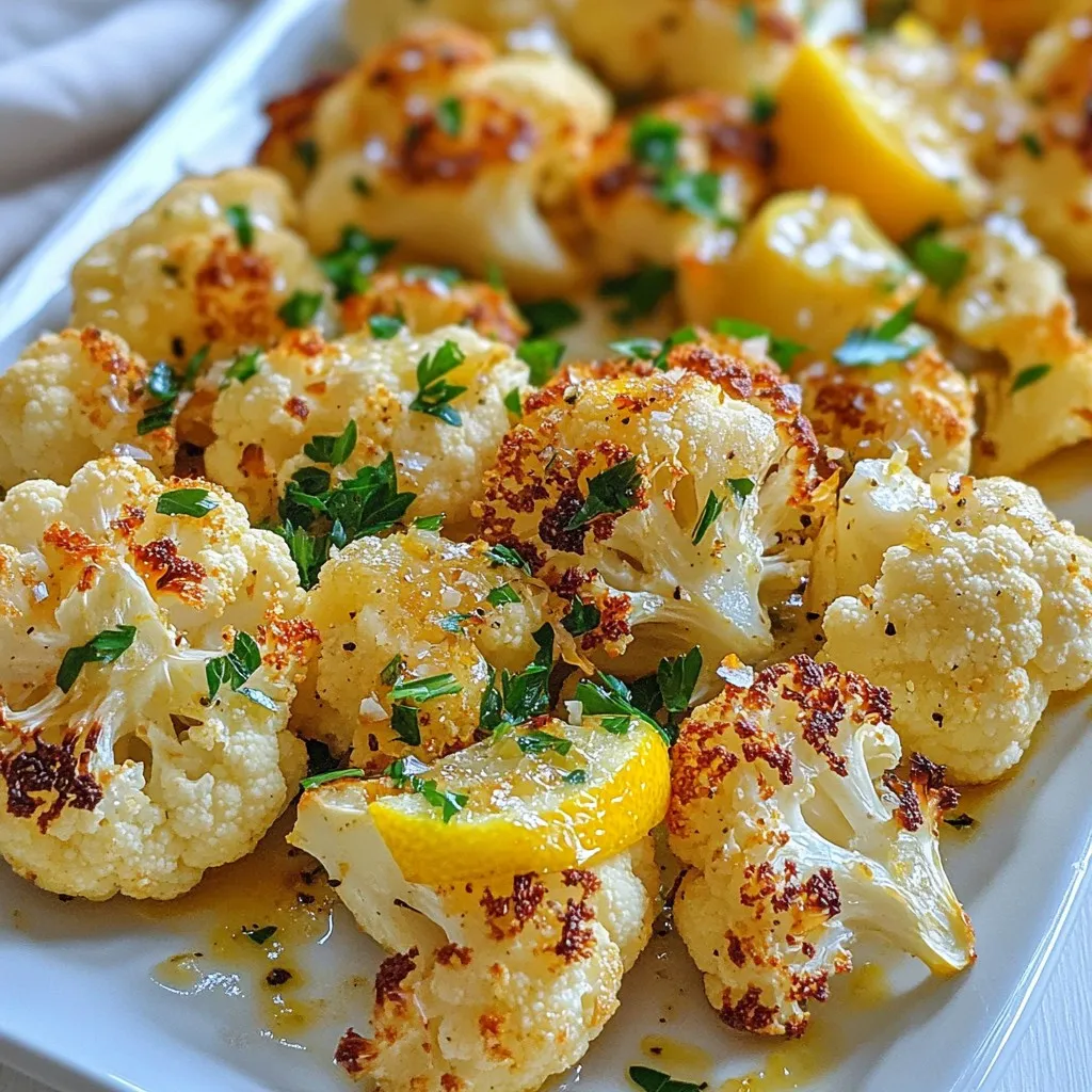 Für dieses leckere Rezept brauchst du folgende Hauptzutaten: - 1 großer Kopf Blumenkohl, in Röschen zerteilt - 4 Zehen Knoblauch, fein gehackt - 3 Esslöffel Olivenöl - Schale von 1 Zitrone (Bio) - Saft von 1 Zitrone - 1 Teelöffel geräucherter Paprika - 1 Teelöffel Salz - ½ Teelöffel schwarzer Pfeffer Diese Zutaten machen den Blumenkohl schmackhaft und gesund. Blumenkohl hat viele Vitamine, die gut für deinen Körper sind. Für eine tiefere Geschmacksnote ist die Marinade wichtig. Die Marinade besteht aus: - 3 Esslöffel Olivenöl - Schale von 1 Zitrone - Saft von 1 Zitrone - 1 Teelöffel geräucherter Paprika - 1 Teelöffel Salz - ½ Teelöffel schwarzer Pfeffer Diese Zutaten geben dem Blumenkohl einen tollen Geschmack. Du kannst die Marinade auch nach deinem Geschmack anpassen. Um das Gericht schön zu präsentieren, kannst du folgende Garnierungen verwenden: - 2 Esslöffel frische Petersilie, gehackt - Ein paar Zitronenscheiben Die Petersilie bringt Farbe und Frische. Zitronenscheiben unterstreichen das saftige Aroma. So sieht der Blumenkohl nicht nur lecker aus, sondern schmeckt auch fantastisch! {{ingredient_image_2}} Heize deinen Backofen auf 220°C vor. Diese Temperatur sorgt für ein perfektes Rösten. Nimm einen großen Kopf Blumenkohl und schneide ihn in Röschen. Achte darauf, dass die Röschen gleich groß sind. So garen sie gleichmäßig. In einer großen Schüssel vermischst du vier fein gehackte Knoblauchzehen, drei Esslöffel Olivenöl, die Schale und den Saft von einer Bio-Zitrone, einen Teelöffel geräucherten Paprika, einen Teelöffel Salz und einen halben Teelöffel schwarzen Pfeffer. Rühre alles gut um, bis eine gleichmäßige Marinade entsteht. Gib die Blumenkohlröschen dazu und werfe sie in der Marinade. Achte darauf, dass jedes Röschen gut überzogen ist. Lege die marinierten Röschen auf ein mit Backpapier belegtes Blech. Verteile sie in einer einzigen Schicht. So rösten sie gleichmäßig. Röste den Blumenkohl für 25 bis 30 Minuten. Wende die Röschen einmal in der Mitte der Garzeit. So werden sie goldbraun und zart. Nach dem Rösten nimm den Blumenkohl aus dem Ofen und lass ihn kurz abkühlen. Garniere ihn mit frischer Petersilie, bevor du ihn servierst. Die Röstzeit ist entscheidend. Ich empfehle 25 bis 30 Minuten bei 220°C. Wende die Röschen nach 15 Minuten. So röstet der Blumenkohl gleichmäßig. Du erkennst die perfekte Röstung an der goldbraunen Farbe. Der Blumenkohl sollte zart, aber nicht matschig sein. Um die Aromen zu intensivieren, füge mehr Knoblauch hinzu. Du kannst auch frische Kräuter wie Thymian oder Rosmarin verwenden. Diese Kräuter geben dem Gericht mehr Tiefe. Ein Spritzer zusätzlicher Zitronensaft kurz vor dem Servieren bringt Frische. Außerdem hilft es, die Marinade länger einziehen zu lassen. Die richtige Temperatur ist wichtig. Bei 220°C wird der Blumenkohl knusprig. Achte darauf, die Röschen nicht zu eng auf das Blech zu legen. Eine gleichmäßige Ausbreitung sorgt für gleichmäßiges Rösten. Nutze Backpapier, um das Ankleben zu verhindern und die Reinigung zu erleichtern. Pro Tipps Röstaromen intensivieren: Versuche, die Röschen mit etwas Balsamico-Essig zu beträufeln, bevor du sie röstest. Das verstärkt die Röstaromen und gibt dem Gericht eine interessante Geschmackstiefe. Variation der Gewürze: Experimentiere mit verschiedenen Gewürzen wie Kreuzkümmel oder Kurkuma, um dem Blumenkohl eine andere geschmackliche Note zu verleihen. Für zusätzliche Knusprigkeit: Füge ein paar Semmelbrösel oder gehackte Nüsse in den letzten 5 Minuten der Röstzeit hinzu, um eine knusprige Textur zu erhalten. Servierempfehlung: Serviere den Blumenkohl mit einem Dip wie Tahini oder Joghurtsauce, um einen zusätzlichen Geschmackskick zu erhalten und das Gericht aufzupeppen. {{image_4}} Wenn du eine vegane Option suchst, ersetze das Olivenöl nicht. Es bleibt eine tolle Wahl. Statt der Petersilie kannst du frischen Koriander oder Basilikum verwenden. Beide bringen frische Aromen ins Gericht. Wenn du noch mehr Geschmack möchtest, füge einige Sonnenblumenkerne hinzu. Sie geben einen knusprigen Biss. Um dem Blumenkohl mehr Würze zu geben, füge 1 Teelöffel Kreuzkümmel und 1 Teelöffel Cayennepfeffer hinzu. Diese Gewürze bringen einen warmen, pikanten Geschmack. Mische sie einfach mit der Marinade. Du kannst auch etwas Zitronensaft mehr verwenden, um die Schärfe zu balancieren. Das gibt deinem Gericht eine aufregende Note. Für eine low-carb Variante, achte darauf, nur Blumenkohl zu verwenden. Dieser ist von Natur aus arm an Kohlenhydraten. Du kannst den Blumenkohl auch mit anderen Gemüsesorten wie Brokkoli oder Zucchini kombinieren. Diese halten die Kohlenhydrate niedrig und sorgen für mehr Abwechslung. Röste alles zusammen für ein buntes und gesundes Gericht. Um deinen Knoblauch-Zitronen-gerösteten Blumenkohl frisch zu halten, lege ihn in einen luftdichten Behälter. Achte darauf, dass er vollständig abgekühlt ist, bevor du ihn verpackst. So bleibt er zart und lecker. Du kannst ihn auch in einer Glasbox aufbewahren, die gut schließt. Wenn du die Reste aufwärmen möchtest, benutze den Ofen oder eine Pfanne. Stelle den Ofen auf 180°C ein und erwärme den Blumenkohl für etwa 10-15 Minuten. Alternativ kannst du ihn in einer Pfanne bei mittlerer Hitze leicht anbraten. So bleibt er knusprig und schmackhaft. Vermeide die Mikrowelle, da sie den Blumenkohl matschig macht. Gerösteter Blumenkohl hält sich im Kühlschrank etwa 3 bis 5 Tage. Achte darauf, ihn gut zu verpacken, damit er nicht austrocknet. Wenn du ihn länger aufbewahren möchtest, kannst du ihn auch einfrieren. In einem luftdichten Behälter bleibt er bis zu 3 Monate frisch. Achte darauf, ihn vorher gut zu portionieren. Ja, du kannst viele andere Gemüsesorten verwenden. Zum Beispiel passen Brokkoli, Karotten oder Zucchini gut. Diese Gemüsesorten nehmen die Marinade gut auf. Achte darauf, die Stücke gleichmäßig zu schneiden, damit sie gleichmäßig garen. Du kannst die gleichen Schritte wie beim Blumenkohl befolgen. Experimentiere mit verschiedenen Gemüsesorten für neue Geschmäcker. Gerösteter Blumenkohl hält sich gut im Kühlschrank. Du kannst ihn bis zu vier Tage lagern. Stelle sicher, dass er in einem luftdichten Behälter ist. So bleibt er frisch. Wenn du ihn länger aufbewahren möchtest, friere ihn ein. Im Gefrierschrank bleibt er etwa drei Monate haltbar. Achte darauf, ihn gut zu verpacken, um Frostbrand zu vermeiden. Gerösteter Blumenkohl passt zu vielen Beilagen. Reis oder Quinoa machen eine gute Grundlage. Du kannst auch ein frisches Salat dazu servieren. Gegrilltes Fleisch oder Fisch harmonieren ebenfalls gut. Für eine vegetarische Option passen Hülsenfrüchte sehr gut dazu. Denke daran, die Aromen der Beilagen mit der Marinade abzustimmen. So kreierst du ein ausgewogenes Gericht. Du hast jetzt alles, um leckeren Knoblauch-Zitronen-gerösteten Blumenkohl zuzubereiten. Wir haben die Hauptzutaten, die Marinade und tolle Garnierungen besprochen. Ich habe dir auch gezeigt, wie du den Blumenkohl perfekt vorbereitest und röstest. Tipps zur Röstzeit und Variationen für jeden Geschmack sind ebenfalls dabei. Denke daran, wie du die Reste aufbewahren und aufwärmen kannst. Experimentiere mit dem Rezept, nutze verschiedene Gemüsesorten und genieße die vielen Möglichkeiten!