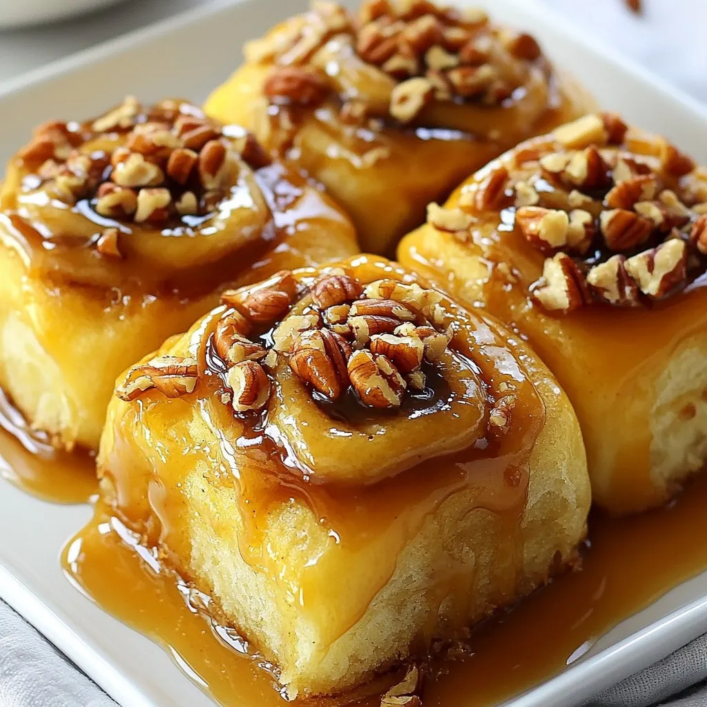 - 2 Tassen Allzweckmehl - 1/4 Tasse Kristallzucker - 1 Päckchen Trockenhefe - 1/2 Tasse Milch - 1/4 Tasse ungesalzene Butter - 1 großes Ei Die Hauptzutaten sind einfach und leicht zu finden. Allzweckmehl gibt dem Teig Struktur. Der Kristallzucker sorgt für Süße und hilft beim Aufgehen. Trockenhefe lässt die Buns locker und luftig werden. Warme Milch aktiviert die Hefe und macht den Teig geschmeidig. Geschmolzene Butter bringt Geschmack und Feuchtigkeit. Das große Ei bindet alles zusammen und macht den Teig stark. - 1/4 Tasse brauner Zucker - 1/2 Tasse Pekanüsse - 1/4 Tasse Honig - 1/4 Teelöffel gemahlener Zimt - 1/4 Tasse Karamellsauce Die Toppings machen die Sticky Buns besonders. Brauner Zucker gibt eine tiefere Süße und eine schöne Farbe. Die Pekanüsse fügen einen knusprigen Biss hinzu. Honig bringt eine natürliche Süße und hilft beim Karamellisieren. Zimt gibt ein warmes Aroma, das die Buns noch leckerer macht. Die Karamellsauce ist das i-Tüpfelchen, das alles zusammenbringt und für den klebrigen Genuss sorgt. Kombiniere diese Zutaten, um ein köstliches Erlebnis zu schaffen! {{ingredient_image_2}} - Trockene Zutaten vermischen: Nimm eine große Schüssel. Gib 1 Tasse Mehl, Kristallzucker, Trockenhefe und Salz hinein. Vermische alles gründlich mit einem Löffel. - Feuchte Zutaten hinzufügen: In einer anderen Schüssel vermischst du die warme Milch, die geschmolzene Butter und das Ei. Rühre sie gut um, bis sie gut vermischt sind. - Teig kneten und gehen lassen: Füge die feuchten Zutaten zu den trockenen Zutaten hinzu. Rühre alles, bis der Teig zusammenkommt. Füge nach und nach das restliche Mehl hinzu. Knete den Teig auf einer bemehlten Fläche für etwa 5 Minuten. Der Teig sollte glatt und elastisch sein. Lege ihn in eine gefettete Schüssel. Decke die Schüssel mit einem feuchten Tuch ab und lass den Teig an einem warmen Ort für 1 Stunde gehen, bis er doppelt so groß ist. - Karamell-Pekan-Mischung anrühren: In einem kleinen Topf vermenge den braunen Zucker, Honig und Karamellsauce. Erhitze alles bei mittlerer Hitze. Rühre, bis die Mischung blubbert und leicht eindickt. - In Kuchenform gießen: Nimm die Mischung vom Herd. Rühre die gehackten Pekanüsse ein. Gieße die Mischung in eine gefettete runde Kuchenform. - Teig ausrollen und füllen: Drücke den aufgegangenen Teig nieder. Rolle ihn auf einer bemehlten Fläche zu einem Rechteck von etwa 30x40 cm aus. Bestreiche die Oberfläche mit geschmolzener Butter und streue Zimt und Zucker darauf. - Stücke schneiden und gehen lassen: Rolle den Teig von einer langen Seite her auf. Schneide die Rolle in 12 gleich große Stücke. Lege die Stücke mit der Schnittseite nach oben in die Kuchenform über die Karamell-Pekan-Mischung. Decke die Form mit einem Tuch ab und lass die Stücke weitere 30 Minuten gehen. - Backen und servieren: Heize den Ofen auf 175°C vor. Backe die Sticky Buns 25-30 Minuten, bis sie goldbraun sind. Lass sie 5 Minuten in der Form auskühlen. Stürze die Buns auf eine Servierplatte, damit das Topping herausfließt. - Teig richtig kneten: Knete den Teig etwa fünf Minuten. Der Teig soll glatt und elastisch sein. Wenn der Teig klebrig ist, füge ein wenig mehr Mehl hinzu. Zu viel Mehl kann jedoch die Buns trocken machen. - Gehezeiten optimieren: Lasse den Teig an einem warmen Ort gehen. Wenn du keine Wärmequelle hast, stelle ihn in den Ofen (bei ausgeschaltetem Zustand) oder an einen sonnigen Platz. Warte, bis der Teig das Volumen verdoppelt hat. - Präsentationstipps für die Sticky Buns: Um die Buns schön zu präsentieren, träufle etwas Karamellsauce darüber. Streue einige gehackte Pekanüsse obenauf. Diese Extras machen die Buns noch verlockender und sorgen für einen tollen Look. - Häufige Stolpersteine beim Backen: Achte darauf, dass die Hefe frisch ist. Alte Hefe kann den Teig nicht richtig aufgehen lassen. Knete den Teig nicht zu lange, um ihn nicht zäh zu machen. Stelle sicher, dass die Backzeit genau eingehalten wird, um die perfekte goldbraune Farbe zu erreichen. Pro Tipps Ausreichend Zeit zum Gehen lassen: Stellen Sie sicher, dass der Teig genügend Zeit bekommt, um aufzugehen. Dies verbessert die Textur und den Geschmack der Sticky Buns. Verwenden Sie frische Hefe: Achten Sie darauf, frische Trockenhefe zu verwenden, um eine optimal fluffige Konsistenz zu erreichen. Karamellsauce selbst machen: Für einen intensiveren Geschmack können Sie die Karamellsauce selbst zubereiten, anstatt eine fertige zu verwenden. Dies verleiht den Buns eine persönliche Note. Variationen ausprobieren: Experimentieren Sie mit verschiedenen Nüssen oder Trockenfrüchten, um neue Geschmacksrichtungen zu entdecken und Ihre Sticky Buns zu variieren. {{image_4}} Wenn du gesündere Sticky Buns zubereiten möchtest, probiere diese Tipps: - Vollkornmehl verwenden: Vollkornmehl hat mehr Ballaststoffe und Nährstoffe. Es macht die Buns gesünder und gibt ihnen einen nussigen Geschmack. - Zuckeralternativen einsetzen: Statt Kristallzucker kannst du Honig oder Stevia nehmen. Diese Optionen sind oft weniger schädlich für den Blutzucker. Um deine Sticky Buns aufregender zu machen, füge diese Zutaten hinzu: - Schokoladenstückchen hinzufügen: Dunkle Schokolade passt gut zu karamellisierten Pekannüssen. Sie bringt eine feine Süße mit. - Andere Nüsse ausprobieren: Du kannst auch Mandeln oder Walnüsse verwenden. Sie geben den Buns eine neue Textur und Geschmack. Je nach Saison kannst du deine Sticky Buns noch mehr anpassen: - Herbst: Kürbisgewürz-Variation: Füge Kürbispüree und Kürbisgewürz hinzu. Diese Kombination macht deine Buns perfekt für den Herbst. - Winter: Gewürznelken und Muskatnuss: Ein Hauch von Gewürznelken und Muskatnuss bringt eine warme Note. Sie passen gut zu kalten Wintertagen. Um die Karamell-Pekan-Sticky-Buns frisch zu halten, lege sie in einen luftdichten Behälter. Du kannst die Buns auch mit Frischhaltefolie abdecken. Im Kühlschrank bleiben sie bis zu fünf Tage genießbar. Wenn du sie wieder aufwärmst, erhitze sie kurz in der Mikrowelle oder im Ofen. So bleiben sie weich und lecker. Du kannst die Sticky Buns auch einfrieren. Lass sie zuerst vollständig abkühlen. Wickel sie dann einzeln in Frischhaltefolie ein. Lege die Buns in einen Gefrierbeutel. Im Gefrierfach halten sie bis zu drei Monate. Zum Auftauen lege die Buns einfach über Nacht in den Kühlschrank. Du kannst sie dann im Ofen oder in der Mikrowelle aufwärmen. Die Karamell-Pekan-Sticky-Buns bleiben frisch, wenn du sie richtig lagerst. Im Kühlschrank sind sie bis zu fünf Tage gut. Im Gefrierfach bleiben sie bis zu drei Monate lecker. Achte darauf, dass sie gut verpackt sind. So vermeidest du, dass sie austrocknen oder Gerüche aufnehmen. Die Zubereitung dauert etwa 20 Minuten. Dazu kommen 2 Stunden für das Gehen des Teigs. Der gesamte Prozess dauert also ungefähr 2 Stunden und 30 Minuten. Du musst etwas Geduld haben, während der Teig aufgeht. Diese Zeit gibt dem Teig die Möglichkeit, schön fluffig zu werden. Ja, du kannst die Zutaten anpassen. Wenn du Allergien hast, ersetze das Mehl durch eine glutenfreie Variante. Für eine reduzierte Zuckermenge kannst du weniger Kristallzucker verwenden. Du kannst auch andere Nüsse nutzen, wenn du keine Pekanüsse magst. Die Karamellsauce kann auch durch eine zuckerfreie Variante ersetzt werden. Ja, du kannst die Buns vegan machen. Ersetze die Milch durch pflanzliche Milch. Statt Butter kannst du Margarine verwenden. Das Ei kannst du durch eine Mischung aus Leinsamen und Wasser ersetzen. Dies hilft, die Bindung im Teig zu sichern. So bleibst du bei einem herzhaften Geschmack, ohne tierische Produkte zu verwenden. Wir haben heute alles über die Zubereitung von Karamell-Pekan-Sticky Buns gelernt. Die Hauptzutaten sind einfach und lecker. Wir haben die Schritte zum Teigmachen, Backen und Anrichten besprochen. Für kreative Varianten kannst du gesunde Zutaten oder saisonale Aromen verwenden. Achte auf Tipps zur Konsistenz und Lagerung, um beste Ergebnisse zu erzielen. Diese Sticky Buns sind perfekt für jeden Anlass und lieben es, geteilt zu werden. Experimentiere und finde deinen eigenen Geschmack!