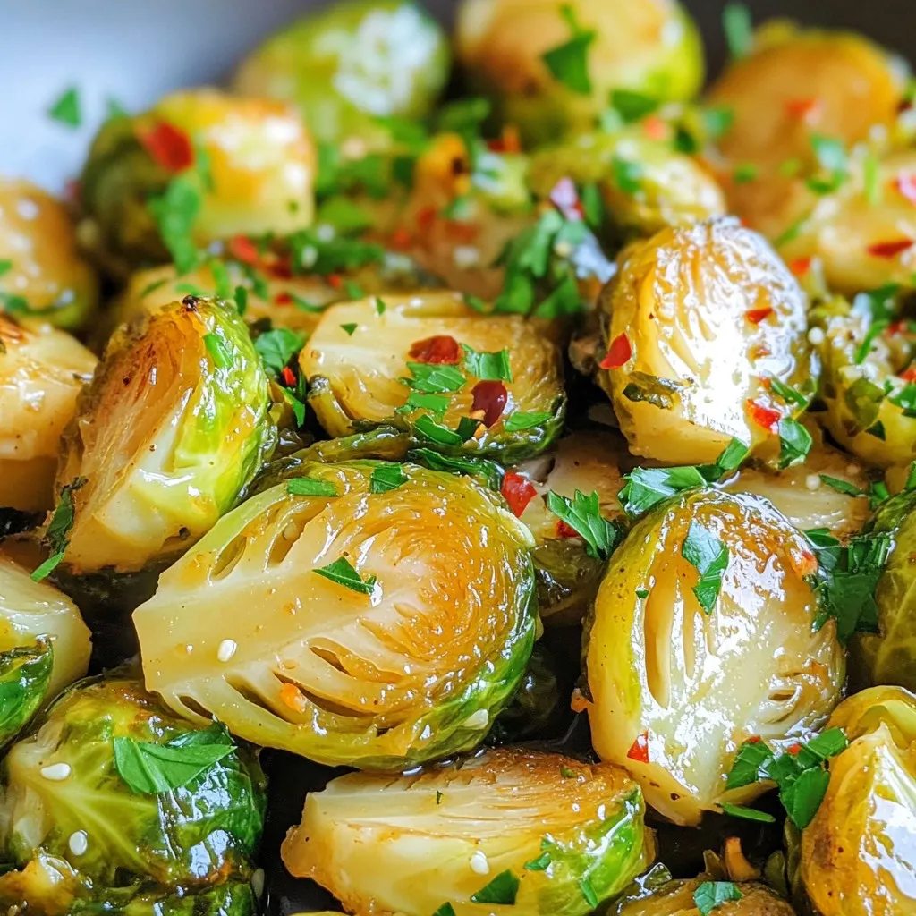 - 450 g Rosenkohl, halbiert - 3 Esslöffel Honig - 2 Esslöffel Olivenöl - 4 Knoblauchzehen, fein gehackt - 1 Esslöffel Balsamico-Essig - Salz, Pfeffer und rote Pfefferflocken (optional) - Frische Petersilie, gehackt Die Hauptzutaten für dieses Gericht sind einfach und frisch. Der Rosenkohl ist die Basis und bringt einen tollen Geschmack. Ich verwende 450 g, was für vier Portionen reicht. Der Honig sorgt für die süße Note, während das Olivenöl den Rosenkohl perfekt braten hilft. Die Gewürze sind wichtig, um dem Gericht Tiefe zu verleihen. Ich hacke vier Knoblauchzehen fein. Der Knoblauch gibt ein tolles Aroma ab. Ein Esslöffel Balsamico-Essig bringt eine säuerliche Note. Salz und Pfeffer sind nötig, um die Aromen zu verstärken. Rote Pfefferflocken sind optional, aber sie geben einen kleinen Kick. Am Ende garniere ich das Gericht mit frischer Petersilie. Das sieht nicht nur gut aus, sondern bringt auch frischen Geschmack. Diese Zutaten sind einfach zu finden und machen das Gericht besonders lecker. {{ingredient_image_2}} Erhitze das Olivenöl in einer großen Pfanne bei mittlerer Hitze. Wenn das Öl heiß ist, füge die halbierten Rosenkohl-Hälften mit der Schnittseite nach unten hinzu. Würze sie mit einer Prise Salz und Pfeffer. Dies bringt den Geschmack hervor. Lass die Rosenkohl-Hälften etwa 5 bis 7 Minuten braten. Du willst, dass die Schnittseite goldbraun wird. Achte darauf, dass sie nicht anbrennen. Wende die Hälften vorsichtig, damit sie gleichmäßig garen. Reduziere dann die Hitze auf niedrig. In einer kleinen Schüssel verrühre den Honig, den gehackten Knoblauch, den Balsamico-Essig und die roten Pfefferflocken, falls du sie verwendest. Gieße die Mischung über die Rosenkohl-Hälften in der Pfanne. Schwenke alles gut durch, sodass die Hälften gleichmäßig bedeckt sind. Koche die Mischung weitere 5 Minuten. Rühre gelegentlich um, bis die Rosenkohl zart sind und die Sauce eindickt. Nimm die Pfanne von der Hitze. Garniere das Gericht mit frischer, gehackter Petersilie vor dem Servieren. Um den besten Geschmack aus den Rosenkohl-Hälften zu holen, röstest du sie richtig. Beginne mit einer heißen Pfanne. So wird die Schnittseite goldbraun und knusprig. Lass die Rosenkohl-Hälften etwa 5-7 Minuten braten. Wende sie dann, um eine gleichmäßige Garung zu erreichen. Diese Technik bringt den süßen, nussigen Geschmack hervor. Du kannst die Honig-Knoblauch-Mischung anpassen. Füge zum Beispiel geröstete Nüsse hinzu, um mehr Crunch zu bieten. Auch ein Spritzer Zitrone kann frische Noten bringen. Probiere auch andere Kräuter wie Thymian oder Rosmarin für extra Aroma. So wird dein Gericht noch interessanter und abwechslungsreicher. Die Präsentation ist wichtig. Serviere die Honig-Knoblauch Rosenkohl in einer flachen Schüssel. Streue frische, gehackte Petersilie darüber. Das sieht lebendig aus und bringt Farbe. Du kannst auch einige Nüsse darüber geben. Das gibt einen schönen Kontrast und macht das Gericht noch ansprechender. Pro Tipps Rosenkohl blanchieren: Blanchiere den Rosenkohl vor dem Braten für 2-3 Minuten in kochendem Wasser. Das reduziert die Garzeit und sorgt für eine schönere Farbe. Honigvariationen: Experimentiere mit verschiedenen Honigsorten, wie z.B. Lavendel- oder Orangenblütenhonig, um dem Gericht zusätzliche Aromen zu verleihen. Knoblauch richtig anbraten: Füge den gehackten Knoblauch erst gegen Ende der Garzeit hinzu, um zu verhindern, dass er verbrennt und bitter wird. Würze anpassen: Probiere verschiedene Gewürze wie Kreuzkümmel oder Paprika aus, um dem Gericht eine besondere Note zu geben. {{image_4}} Fügen Sie Nüsse zu Ihrer Honig-Knoblauch Rosenkohl Pfanne hinzu. Nüsse wie Walnüsse oder Mandeln geben einen tollen Crunch. Sie sind auch nahrhaft und fügen gesunde Fette hinzu. Rösten Sie die Nüsse leicht in der Pfanne. Mischen Sie sie dann unter die fertigen Rosenkohl. Dies macht das Gericht noch interessanter und leckerer. Sie können auch anderes Gemüse verwenden. Karotten, Zucchini oder Brokkoli passen gut dazu. Schneiden Sie das Gemüse in kleine Stücke. Fügen Sie es zusammen mit dem Rosenkohl in die Pfanne hinzu. So erhalten Sie mehr Farben und Nährstoffe in Ihrem Gericht. Diese Mischung bringt verschiedene Aromen hervor und macht die Mahlzeit spannender. Für vegane und glutenfreie Varianten ersetzen Sie den Honig. Verwenden Sie Agavendicksaft oder Ahornsirup. Diese sorgen für die nötige Süße. Achten Sie darauf, glutenfreie Soßen oder Brühen zu wählen. So bleibt Ihr Gericht für alle Diäten geeignet. Genießen Sie die Flexibilität und passen Sie das Rezept nach Ihren Wünschen an. Um die Honig-Knoblauch Rosenkohl gut aufzubewahren, lege sie in einen luftdichten Behälter. Achte darauf, dass die Reste vollständig abgekühlt sind, bevor du sie verpackst. Das verhindert Feuchtigkeit und hält die Sprouts frisch. Bewahre sie im Kühlschrank auf, wo sie kühl und dunkel sind. Die zubereiteten Rosenkohl sind im Kühlschrank etwa 3 bis 5 Tage haltbar. Achte darauf, sie gut verschlossen zu halten. Nach 5 Tagen könnte der Geschmack nachlassen, und die Konsistenz kann sich ändern. Überprüfe immer auf Anzeichen von Verderb, bevor du sie isst. Die beste Methode zum Erwärmen der Reste ist die Pfanne. Erhitze etwas Olivenöl in der Pfanne bei mittlerer Hitze. Füge die Rosenkohl hinzu und brate sie für etwa 5 Minuten, bis sie warm sind. Du kannst auch die Mikrowelle verwenden, aber die Pfanne gibt den besten Geschmack zurück. Achte darauf, sie nicht zu lange zu erhitzen, um die zarte Konsistenz zu bewahren. Rosenkohl braucht insgesamt etwa 15 bis 20 Minuten. Du brätst die halbierten Rosenkohl-Hälften zuerst 5 bis 7 Minuten auf der Schnittseite. Danach drehst du sie um und kochst sie weitere 5 Minuten mit der Honig-Knoblauch-Mischung. Wenn du die Rosenkohl-Hälften zart und goldbraun magst, achte auf die Farbe. Wenn sie leicht knusprig sind, sind sie perfekt. Ja, du kannst Honig durch Ahornsirup oder Agavendicksaft ersetzen. Beide Optionen bieten eine ähnliche Süße. Wenn du keinen Süßstoff verwenden möchtest, probiere, etwas braunen Zucker zuzusetzen. Dies verleiht dem Gericht auch einen tollen Geschmack. Achte darauf, die Menge anzupassen, damit es nicht zu süß wird. Ja, Honig-Knoblauch-Rosenkohl ist gesund. Rosenkohl ist reich an Vitaminen, Ballaststoffen und Antioxidantien. Sie unterstützen die Immunität und die Verdauung. Knoblauch hat auch viele Vorteile. Er hilft, das Herz gesund zu halten. Die Kombination aus Honig und Olivenöl gibt dem Gericht gesunde Fette. So bleibt das Gericht lecker und nahrhaft. In diesem Artikel haben wir die besten Zutaten und die Schritt-für-Schritt-Anleitung für Honig-Knoblauch-Rosenkohl besprochen. Ich habe Tipps für Geschmack und Präsentation geteilt. Außerdem gab es Hinweise zur Aufbewahrung und gesunden Anpassungen. Rosenkohl kann einfach und lecker sein. Experimentiere mit den Variationen und finde deine Lieblingsversion. Diese einfache Zubereitung bringt Geschmack auf den Tisch und macht Gemüse spannend!