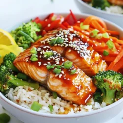 Für Teriyaki-Lachs-Schalen benötigen Sie: - 2 Lachsfilets - 1 Tasse gekochter Jasminreis - 1 Tasse Brokkoliröschen - 1 rote Paprika, dünn geschnitten - 1 Karotte, julienniert - 2 Frühlingszwiebeln, fein gehackt - 1 Esslöffel Sesamsamen - 2 Esslöffel Olivenöl - Salz und Pfeffer nach Geschmack Diese Zutaten sorgen für einen köstlichen und gesunden Biss. Der Lachs bietet viel Protein. Das Gemüse bringt viele Vitamine. Für die Teriyaki-Sauce brauchen Sie: - ¼ Tasse Sojasauce - 2 Esslöffel Honig - 1 Esslöffel Reisessig - 1 Teelöffel geriebener Ingwer - 1 Knoblauchzehe, fein gehackt - 1 Teelöffel Maisstärke, gemischt mit 1 Esslöffel Wasser (zum Andicken) Diese Sauce ist süß und herzhaft. Die Kombination von Sojasauce und Honig macht die Sauce besonders lecker. Sie können auch andere Zutaten ausprobieren, um die Schalen anzupassen: - Verwenden Sie Quinoa oder Vollkornreis anstelle von Jasminreis. - Fügen Sie Spinat oder Zucchini hinzu für mehr Farbe. - Probieren Sie Tofu oder Hähnchen als Proteinquelle. Diese Alternativen geben Ihnen mehr Spielraum. So wird Ihr Gericht immer spannend und neu. {{ingredient_image_2}} Um die Teriyaki-Sauce zu machen, benötigst du ein paar einfache Zutaten. Vermische in einem kleinen Topf: - ¼ Tasse Sojasauce - 2 Esslöffel Honig - 1 Esslöffel Reisessig - 1 Teelöffel geriebener Ingwer - 1 Knoblauchzehe, fein gehackt Erhitze die Mischung bei mittlerer Hitze. Rühre um, bis die Mischung köchelt. Das gibt der Sauce einen tollen Geschmack. Um sie dick zu machen, füge die Maisstärkemischung hinzu. Rühre ständig, bis die Sauce andickt. Das dauert etwa 1-2 Minuten. Nimm die Sauce vom Herd und stelle sie zur Seite. Jetzt kommt der Lachs. Heize eine beschichtete Pfanne bei mittlerer bis hoher Hitze vor. Gib 1 Esslöffel Olivenöl hinein. Würze die Lachsfilets mit Salz und Pfeffer. Lege die Filets mit der Hautseite nach unten in die Pfanne. Brate sie für 4-5 Minuten. Wende die Filets vorsichtig und löffle etwas von der Teriyaki-Sauce darüber. Koche sie dann für weitere 3-4 Minuten. Der Lachs sollte durchgegart sein und leicht zerfallen. Nimm ihn vom Herd und lege ihn beiseite. Jetzt kommt das Gemüse. Füge bei Bedarf einen weiteren Esslöffel Olivenöl in die Pfanne. Gib Brokkoliröschen, dünn geschnittene rote Paprika und juliennierte Karotten hinein. Brate das Gemüse für 2-3 Minuten. Es soll zart, aber knackig bleiben. Würze es leicht mit Salz und Pfeffer. Um die Schalen zusammenzustellen, nimm Servierschalen. Platziere eine Portion Jasminreis als Basis. Lege dann das gebratene Gemüse und die Teriyaki-Lachsfilets darauf. Wenn du magst, träufle mehr Teriyaki-Sauce darüber. Dekoriere deine Schalen mit Sesamsamen und gehackten Frühlingszwiebeln. Das gibt extra Geschmack und Knusprigkeit. Der Lachs braucht genau die richtige Zeit zum Garen. Ich empfehle, ihn bei mittlerer Hitze zu braten. Legen Sie die Filets mit der Hautseite nach unten in die Pfanne. Braten Sie sie für etwa 4-5 Minuten. Dann wenden Sie die Filets und pinseln sie mit Teriyaki-Sauce. Garen Sie sie für weitere 3-4 Minuten. Der Lachs ist perfekt, wenn er sich leicht mit einer Gabel zerteilen lässt. Die Teriyaki-Sauce ist sehr flexibel. Sie können Sojasauce mit Tamari ersetzen, um sie glutenfrei zu machen. Für eine fruchtige Note fügen Sie Ananassaft hinzu. Wenn Sie es schärfer mögen, können Sie einen Schuss Chiliöl oder frische Chilis einrühren. Experimentieren Sie mit verschiedenen Zutaten, um Ihre perfekte Sauce zu finden. Die Präsentation macht einen großen Unterschied. Beginnen Sie mit einer Portion Jasminreis als Basis. Fügen Sie das angebratene Gemüse und den Teriyaki-Lachs darauf hinzu. Träufeln Sie mehr Sauce darüber, wenn Sie möchten. Streuen Sie Sesamsamen und gehackte Frühlingszwiebeln oben drauf. Das sieht nicht nur toll aus, sondern schmeckt auch besser! Pro Tipps Frischer Lachs: Wählen Sie frische Lachsfilets aus, da sie den besten Geschmack und die beste Textur bieten. Achten Sie auf eine glänzende, feuchte Haut und eine leuchtend orange Farbe. Gemüse perfekt garen: Braten Sie das Gemüse nur kurz an, um seine Knackigkeit und Nährstoffe zu bewahren. Überprüfen Sie, ob es zart, aber noch bissfest ist. Teriyaki-Sauce anpassen: Passen Sie die Süße und Salzigkeit der Teriyaki-Sauce nach Ihrem Geschmack an, indem Sie mehr Honig oder Sojasauce hinzufügen. Experimentieren Sie mit Gewürzen für einen zusätzlichen Kick. Servieren und Dekorieren: Fügen Sie die Sesamsamen und Frühlingszwiebeln erst kurz vor dem Servieren hinzu, um ihre Frische und Knusprigkeit zu erhalten. {{image_4}} Wenn du eine vegetarische oder vegane Option suchst, ist das einfach. Ersetze den Lachs durch Tofu oder Tempeh. Beides nimmt die Teriyaki-Sauce gut auf. Schneide den Tofu in Würfel und brate ihn goldbraun. Die Sauce bleibt gleich. Du kannst auch Gemüse wie Aubergine oder Zucchini verwenden. Diese Variationen sind lecker und gesund. Es gibt viele tolle Beilagen, die du zu deinen Teriyaki-Schalen hinzufügen kannst. Probiere Edamame, Spinat oder sogar Avocado. Diese Zutaten bringen Farbe und Geschmack. Wenn du mehr Crunch magst, füge Nüsse oder frische Kräuter hinzu. Koriander oder Minze geben einen frischen Kick. Experimentiere einfach mit dem, was dir schmeckt. Jeder hat seine Lieblingsreisart. Für meine Teriyaki-Schalen nutze ich Jasminreis. Aber du kannst auch Sushi-Reis, Basmati oder sogar Quinoa verwenden. Jede Reisart hat ihren eigenen Geschmack und Textur. Quinoa ist eine tolle glutenfreie Option. Du kannst auch Vollkornreis für mehr Ballaststoffe wählen. Wähle, was dir gefällt! Um die Teriyaki-Salat-Schalen frisch zu halten, lagere sie in einem luftdichten Behälter. Stelle sicher, dass die Schalen abgekühlt sind, bevor du sie verschließt. Das verhindert, dass sich Feuchtigkeit bildet. Du kannst die Schalen bis zu drei Tage im Kühlschrank aufbewahren. Vermeide es, die Sauce und die Schalen zu lange zusammen zu lagern, da der Reis weich werden kann. Um die Reste aufzuwärmen, nimm die Schalen aus dem Kühlschrank. Du kannst die Schalen in der Mikrowelle oder auf dem Herd erwärmen. Wenn du die Mikrowelle benutzt, decke die Schalen ab, um ein Austrocknen zu verhindern. Erwärme sie in kurzen Intervallen von 30 Sekunden. Auf dem Herd kannst du die Schalen in einer Pfanne bei mittlerer Hitze erwärmen. Füge etwas Wasser hinzu, um das Gemüse feucht zu halten. Die Haltbarkeit der Zutaten variiert. Frischer Lachs sollte innerhalb von zwei Tagen nach dem Kauf verwendet werden. Gekochter Jasminreis bleibt bis zu fünf Tage frisch, wenn du ihn gut lagerst. Gemüse wie Brokkoli und Paprika hält sich im Kühlschrank etwa vier bis fünf Tage. Die Teriyaki-Sauce bleibt bis zu zwei Wochen im Kühlschrank, wenn sie in einem luftdichten Behälter aufbewahrt wird. Du kannst die Teriyaki-Sauce nach deinem Geschmack ändern. Hier sind einige Tipps: - Füge mehr Honig hinzu für zusätzliche Süße. - Nutze Tamari anstelle von Sojasauce für eine glutenfreie Option. - Experimentiere mit verschiedenen Gewürzen wie Chili oder fünf Gewürze. - Probiere Ananassaft für einen fruchtigen Twist. Diese Anpassungen machen die Sauce ganz einzigartig. Ja, dieses Rezept kann glutenfrei sein. Achte darauf, glutenfreie Sojasauce oder Tamari zu verwenden. Die anderen Zutaten sind von Natur aus glutenfrei. So kannst du leckere Schalen genießen, ohne dir Sorgen zu machen. Ja, du kannst die Teriyaki-Sauce im Voraus machen. Lagere sie in einem luftdichten Behälter im Kühlschrank. Sie bleibt frisch für etwa eine Woche. So hast du immer eine leckere Sauce zur Hand, wenn du sie brauchst. Die Teriyaki-Lachs-Schale bietet leckere Möglichkeiten für alle. Wir haben die Hauptzutaten und die leckere Sauce besprochen. Du kannst auch jede Menge Variationen ausprobieren. Die Zubereitung ist einfach und macht Spaß. Achte auf die Garzeit und richte die Schalen schön an. Sogar vegane Varianten sind möglich! Mit den Tipps zur Lagerung und Wiedererwärmung bleibt dein Essen frisch und lecker. Nutze die FAQs, um Antworten auf deine Fragen zu finden. Lass deiner Kreativität freien Lauf und genieße deine Teriyaki-Schalen!