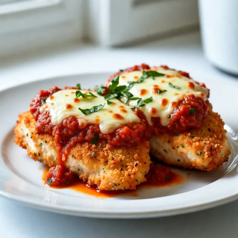 - 2 Hähnchenbrustfilets ohne Haut und Knochen - 1 Tasse Semmelbrösel (bevorzugt Vollkorn) - ½ Tasse geriebener Parmesan - 1 Teelöffel italienische Gewürzmischung - ½ Teelöffel Knoblauchpulver - Salz und Pfeffer nach Geschmack - 1 großes Ei - 1 Tasse Marinara-Sauce (fertig oder selbstgemacht) - 1 Tasse geriebener Mozzarella - Frische Basilikumblätter zur Garnierung (optional) Diese Zutaten machen Ihr Gericht lecker und sättigend. Die Hähnchenbrust liefert viel Protein. Semmelbrösel geben eine knusprige Textur. Parmesan bringt einen tollen Geschmack. Die italienische Gewürzmischung und das Knoblauchpulver fügen Aroma hinzu. Marinara-Sauce sorgt für eine schöne, saftige Note. Mozzarella ist der Käse, der alles zusammenbringt. Frische Basilikumblätter geben einen tollen Farbkontrast. Wenn Sie diese Zutaten verwenden, haben Sie die Basis für ein fantastisches Gericht. Es ist einfach, schnell und macht Spaß zu kochen. Denken Sie daran, frische Zutaten zu wählen. Das verbessert den Geschmack. Bereiten Sie alles vor, bevor Sie anfangen zu kochen. So läuft alles glatt. {{ingredient_image_2}} Zuerst nehme ich die Hähnchenbrustfilets. Mit einem Fleischklopfer klopfe ich sie auf etwa 1 Zoll Dicke. Danach würze ich beide Seiten mit Salz und Pfeffer. Diese Schritte sind wichtig für einen guten Geschmack. Ich bereite zwei flache Schüsseln vor. In einer Schüssel verquirle ich ein großes Ei. In der anderen Schüssel mische ich Semmelbrösel, geriebenen Parmesan, italienische Gewürze und Knoblauchpulver. Diese Mischung gibt dem Hähnchen einen tollen Crunch. Jetzt tauche ich jedes Hähnchenbrustfilet zuerst in das geschlagene Ei. Es sollte gut bedeckt sein. Dann lege ich das Filet in die Semmelbrösel-Mischung und drücke es leicht an. So bleibt die Panade gut haften. Ich heize meinen Air Fryer auf 190°C vor. Das dauert etwa 5 Minuten. Das Vorheizen ist wichtig für gleichmäßiges Garen. Ich sprühe den Korb des Air Fryers leicht mit Kochspray ein. Dann lege ich die panierten Hähnchenbrustfilets in einer einzigen Schicht hinein. Die Garzeit beträgt 10 Minuten. Nach der Hälfte wende ich die Filets, damit sie gleichmäßig garen. Nach 10 Minuten nehme ich den Korb vorsichtig heraus. Ich gebe etwa ¼ Tasse Marinara-Sauce auf jedes Hähnchenstück. Dann bestreue ich es mit geriebenem Mozzarella. So wird es schön cremig. Ich stelle den Korb zurück in den Air Fryer. Jetzt gare ich die Hähnchen für weitere 5 bis 7 Minuten. Der Käse sollte geschmolzen und sprudelnd sein. Das sieht einfach köstlich aus! Ich nehme das Hähnchen vorsichtig aus dem Korb und lasse es ein paar Minuten ruhen. Dann richte ich es an und garniere es nach Belieben mit frischen Basilikumblättern. Das macht das Gericht noch schöner! Die Panade macht das Gericht besonders knusprig. Vollkornsemmelbrösel geben mehr Geschmack und Textur als weiße Brösel. Sie sind auch gesünder, da sie mehr Ballaststoffe bieten. Weißes Brot hat einen milderen Geschmack, was für einige besser sein kann. Experimentiere mit beiden, um deinen Favoriten zu finden. Käse ist der Schlüssel zum Geschmack. Parmesan ist klassisch, aber du kannst auch andere Käsesorten verwenden. Probiere Pecorino für einen schärferen Geschmack oder Gouda für eine cremige Textur. Feta kann eine interessante Option sein, wenn du etwas anderes möchtest. Misch verschiedene Käsesorten für mehr Tiefe im Geschmack. Die Gewürze machen dein Chicken Parmesan einzigartig. Du kannst die italienische Gewürzmischung anpassen. Füge mehr Oregano oder Basilikum hinzu, wenn du es würziger magst. Für eine milde Variante lasse die schärferen Gewürze weg. Experimentiere mit Paprika oder Kreuzkümmel für neue Geschmacksrichtungen. Dein Gericht wird so immer spannend bleiben. Pro Tipps Hähnchen gleichmäßig klopfen: Achten Sie darauf, dass die Hähnchenbrustfilets gleichmäßig flach sind, damit sie gleichmäßig garen und nicht trocken werden. Panade knusprig machen: Verwenden Sie panko Semmelbrösel für eine noch knusprigere Textur. Diese sind leichter und sorgen für mehr Crunch. Variation der Sauce: Experimentieren Sie mit verschiedenen Saucen wie Alfredo oder Pesto für eine neue Geschmacksrichtung. Resteverwertung: Bereiten Sie mehr Portionen vor und verwenden Sie die Reste in Salaten oder als Füllung für Sandwiches am nächsten Tag. {{image_4}} Fügen Sie Gemüse für mehr Geschmack und Nährstoffe hinzu. Zucchini, Paprika oder Spinat sind großartige Wahlmöglichkeiten. Schneiden Sie das Gemüse klein und braten Sie es kurz an. Mischen Sie das Gemüse mit der Marinara-Sauce oder legen Sie es auf das Hähnchen. So wird Ihr Gericht bunter und gesünder. Wenn Sie eine Abwechslung wollen, probieren Sie Putenbrust. Sie hat einen ähnlichen Geschmack und ist mager. Für die vegetarische Option nutzen Sie Auberginen oder Tofu. Diese Optionen nehmen die Aromen gut auf und machen das Gericht interessant. Die Sauce macht viel aus. Sie können eine hausgemachte Marinara-Sauce verwenden oder eine gekaufte nehmen. Bei einer eigenen Sauce wählen Sie frische Tomaten, Knoblauch und Kräuter. Gekaufte Saucen sind schnell und einfach. Beide Varianten passen gut zu diesem Gericht. Um dein Air Fryer Chicken Parmesan frisch zu halten, lagere es im Kühlschrank. Verwende einen luftdichten Behälter. So bleibt das Hähnchen bis zu drei Tage lang lecker. Stelle sicher, dass es vollständig abgekühlt ist, bevor du es in den Kühlschrank stellst. Wenn du mehr für später machen möchtest, kannst du es auch einfrieren. Lasse das Hähnchen zuerst ganz abkühlen. Wickele jedes Stück in Frischhaltefolie und lege es dann in einen Gefrierbeutel. So bleibt es bis zu drei Monate frisch. Um es wieder aufzutauen, lege es einfach über Nacht in den Kühlschrank. Um das Hähnchen wieder heiß und knusprig zu machen, benutze den Air Fryer. Stelle ihn auf 180°C (350°F) ein und erhitze das Hähnchen für etwa 5-7 Minuten. So wird die Panade wieder knusprig. Du kannst auch die Mikrowelle nutzen, aber die Panade wird weniger knusprig. Die Zubereitung dauert insgesamt etwa 30 Minuten. Die Vorbereitungszeit beträgt etwa 10 Minuten. Für das Garen im Air Fryer benötigen Sie weitere 15 bis 17 Minuten. Diese schnelle und einfache Mahlzeit ist ideal für ein schnelles Abendessen. Ja, Sie können die Menge der Zutaten leicht anpassen. Verwenden Sie einfach ein Hähnchenbrustfilet und halbieren Sie die anderen Zutaten. So bekommen Sie eine Portion für sich allein. Es ist einfach, das Rezept nach Ihren Bedürfnissen zu ändern. Das Rezept ist nicht von Natur aus glutenfrei. Um es glutenfrei zu machen, verwenden Sie glutenfreie Semmelbrösel. Diese sind in vielen Geschäften erhältlich. Auch die Marinara-Sauce sollte glutenfrei sein, also überprüfen Sie die Verpackung. Zu Chicken Parmesan passen viele Beilagen. Ein frischer grüner Salat ist eine tolle Wahl. Auch Pasta mit Olivenöl oder Knoblauch sind lecker. Sie können auch geröstetes Gemüse oder ein Risotto servieren. Zusammengefasst haben wir die Zutaten für das köstliche Chicken Parmesan besprochen und eine einfache Anleitung gegeben. Ich zeigte dir, wie du das Hähnchen richtig vorbereitest, panierst und im Air Fryer garst. Mit Tipps für die perfekte Panade und Anpassungen findest du deinen eigenen Geschmack. Denke auch an Variationen und Aufbewahrungshinweise für Reste. Lass dich von diesem Gericht inspirieren und kreiere dein eigenes Meisterwerk!