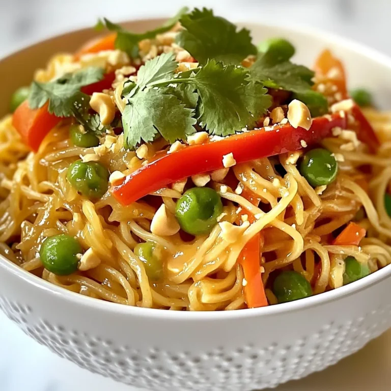 Für die würzigen Erdnussnudeln brauchst du folgende Hauptzutaten: - 225 g Reisnudeln - 1 Esslöffel Sesamöl - 1 rote Paprika, dünn geschnitten - 150 g Zuckerschoten, geputzt - 2 Frühlingszwiebeln, gehackt - 1 Tasse geriebene Karotten - 125 g ungesalzenes Erdnussmus - 2 Esslöffel Sojasauce (oder Tamari für glutenfrei) - 1 Esslöffel Sriracha (nach Geschmack anpassen) - 2 Esslöffel Honig oder Ahornsirup - 1 Esslöffel Reisessig - 125 ml Wasser (nach Bedarf für die Soßenkonsistenz anpassen) - Gehackte Erdnüsse und frischer Koriander zur Garnitur Diese Zutaten ergeben eine köstliche und einfache Mahlzeit. Jedes Element bringt seinen eigenen Geschmack und Textur in das Gericht. Wenn du eine spezielle Diät hast, gibt es tolle Alternativen: - Ersetze die Reisnudeln durch Zucchini-Nudeln für eine Low-Carb-Option. - Nutze Tamari, um das Rezept glutenfrei zu machen. - Für eine vegane Variante, ersetze Honig durch Agavendicksaft. - Verwende Erdnussbutter ohne Zuckerzusatz, wenn du es gesünder möchtest. Diese Alternativen machen das Rezept für jeden anpassbar, ohne den vollen Geschmack zu verlieren. Du kannst die Portionen einfach anpassen: - Für 2 Personen: Halbiere alle Zutaten. - Für 6 Personen: Verdopple die Zutatenmengen. - Für 8 Personen: Multipliziere die Zutaten mit 2,5. Das geht ganz leicht. So kannst du deine Erdnussnudeln immer für die richtige Anzahl an Gästen zubereiten. {{ingredient_image_2}} Um die Reisnudeln perfekt zuzubereiten, bringe einen großen Topf mit Wasser zum Kochen. Füge die 225 g Reisnudeln hinzu und koche sie gemäß den Anweisungen auf der Verpackung. Das dauert normalerweise etwa 5 bis 7 Minuten. Achte darauf, dass sie al dente sind. Wenn sie fertig sind, gieße sie ab und spüle sie unter kaltem Wasser. So verhinderst du, dass die Nudeln zusammenkleben. Die Soße ist der Star dieses Gerichts. In einer mittelgroßen Schüssel vermische das ungesalzene Erdnussmus, die Sojasauce, Sriracha, Honig und Reisessig. Füge 125 ml Wasser hinzu, um die Soße zu verdünnen. Rühre gut, bis sie glatt ist. Wenn die Soße zu dick ist, kannst du mehr Wasser hinzufügen. Probiere die Soße, um sicherzustellen, dass der Geschmack genau richtig ist. Jetzt wird das Gemüse zubereitet. Erhitze einen Esslöffel Sesamöl in einer großen Pfanne bei mittlerer Hitze. Füge die dünn geschnittene rote Paprika, die geputzten Zuckerschoten und die geriebenen Karotten hinzu. Brate das Gemüse etwa 5 Minuten lang, bis es zart, aber noch knackig ist. Danach gib die abgetropften Nudeln in die Pfanne. Gieße die würzige Erdnusssoße darüber und vermenge alles gut. Lass es 2-3 Minuten weitergaren, bis die Nudeln heiß sind. Die Soße ist der Schlüssel zu würzigen Erdnussnudeln. Um die perfekte Konsistenz zu erreichen, achte auf die Menge Wasser. Beginne mit 125 ml Wasser und rühre gut. Füge mehr hinzu, wenn die Soße zu dick ist. Mehr Wasser macht die Soße dünner. Wenn sie zu dünn ist, lasse sie kurz köcheln, bis sie eindickt. Frische Zitrone bringt Leben in deine Erdnusssoße. Nutze frischen Zitronensaft. Drücke die Zitrone direkt über die Soße aus. So bleibt der Saft frisch und spritzig. Reibe auch etwas Zitronenschale hinein. Das gibt der Soße einen tollen Duft und Geschmack. Die Wahl des Gemüses macht viel aus. Nutze knackige Zuckerschoten und bunte Paprika für Farbe. Frische Frühlingszwiebeln geben einen tollen Geschmack. Du kannst auch Brokkoli oder Karotten hinzufügen. Achte darauf, das Gemüse nicht zu lange zu braten. Es soll knackig bleiben und die Farben leuchten. Pro Tipps Richtige Konsistenz der Soße: Bei der Zubereitung der Erdnusssoße können Sie die Wassermenge anpassen, um die gewünschte Konsistenz zu erreichen. Beginnen Sie mit weniger Wasser und fügen Sie nach Bedarf mehr hinzu. Gemüse knackig halten: Um das Gemüse knackig zu behalten, braten Sie es nur kurz an und achten Sie darauf, es nicht zu lange zu garen. So bleibt es frisch und behält seine Farbe. Variationen hinzufügen: Fühlen Sie sich frei, zusätzliches Gemüse wie Brokkoli, Zucchini oder sogar Tofu hinzuzufügen, um das Gericht abwechslungsreicher zu gestalten und mehr Nährstoffe einzubringen. Garnierung für zusätzlichen Geschmack: Die Garnitur mit frischem Koriander und gehackten Erdnüssen verleiht nicht nur einen schönen Look, sondern auch einen zusätzlichen Geschmack und Crunch. {{image_4}} Wenn du glutenfreie Erdnussnudeln möchtest, ersetze die Sojasauce durch Tamari. Tamari hat den gleichen Geschmack, ist aber glutenfrei. Achte darauf, auch Reisnudeln zu verwenden. Sie sind von Natur aus glutenfrei und passen perfekt zu dieser Soße. Um das Rezept vegan zu machen, ersetze den Honig durch Ahornsirup oder Agavendicksaft. Diese Alternativen geben den gleichen süßen Geschmack, sind aber pflanzlich. Alle anderen Zutaten sind bereits vegan. Du kannst auch Tofu hinzufügen, um das Gericht noch proteinreicher zu machen. Wenn du mehr Protein willst, füge gebratenen Tofu oder Tempeh hinzu. Diese Anbieter sind einfach zuzubereiten und passen gut zur Soße. Ein weiteres einfaches Beispiel wäre, Hähnchen oder Garnelen hinzuzufügen. Diese Optionen machen das Gericht noch sättigender und leckerer. Wenn du noch Erdnussnudeln übrig hast, bewahre sie in einem luftdichten Behälter auf. Stelle sicher, dass sie vollständig abgekühlt sind. So bleiben sie frisch. Du kannst sie bis zu drei Tage im Kühlschrank lagern. Vermeide, sie in einer Plastikfolie zu verpacken, da das die Feuchtigkeit erhöht. Zum Erwärmen empfehle ich die Mikrowelle oder eine Pfanne. Wenn du die Mikrowelle nutzt, lege die Nudeln in eine Schüssel. Füge einen Esslöffel Wasser hinzu und decke sie ab. Erhitze die Nudeln in Intervallen von 30 Sekunden. In einer Pfanne erhitzt du etwas Sesamöl und fügst die Nudeln hinzu. Rühre sie gut um, bis sie warm sind. Erdnussnudeln sind nicht ideal zum Einfrieren, da die Konsistenz leiden kann. Wenn du sie trotzdem einfrierst, tue dies innerhalb von zwei Tagen. Verwende einen gefrierfesten Behälter. Achte darauf, die Nudeln gut abzutrennen, um Klumpen zu vermeiden. Wenn du sie auftauen möchtest, lasse sie über Nacht im Kühlschrank. Um die Schärfe anzupassen, kannst du die Menge an Sriracha ändern. Fange mit einem Esslöffel an. Wenn du es schärfer magst, füge mehr hinzu. Du kannst auch andere scharfe Saucen verwenden, wenn du magst. Milder ist es, wenn du die Sriracha ganz weglässt. Ein Schuss Zitronensaft kann helfen, die Schärfe auszugleichen. Ja, du kannst andere Nudelarten nutzen. Reisnudeln sind leicht und weich, aber auch Weizennudeln passen gut. Vollkornnudeln oder Zucchini-Nudeln sind ebenfalls eine tolle Wahl. Achte darauf, die Garzeit je nach Nudelart anzupassen. So bleibt der Geschmack gleich gut. Ja, dieses Rezept ist gesund. Es enthält viele frische Zutaten. Das Gemüse bringt Vitamine und Ballaststoffe. Erdnussmus liefert gesunde Fette und Proteine. Sojasauce gibt Geschmack, hat aber auch Natrium. Für eine gesunde Wahl kannst du die Menge an Sojasauce reduzieren. Honig oder Ahornsirup geben Süße und sind besser als Zucker. Würzige Erdnussnudeln sind lecker und passen in viele diätetische Bedürfnisse. In diesem Beitrag haben wir die Hauptzutaten besprochen, wie man perfekt zubereitet und wertvolle Tipps gegeben. Variationen für verschiedene Essgewohnheiten helfen, das Gericht anzupassen. Gute Lagerung verlängert die Haltbarkeit. Denke daran, die Schärfe zu justieren und andere Nudeln zu probieren. Diese Nudeln bieten viele Möglichkeiten und machen jede Mahlzeit besonders. Probier sie aus und genieße die Vielfalt!