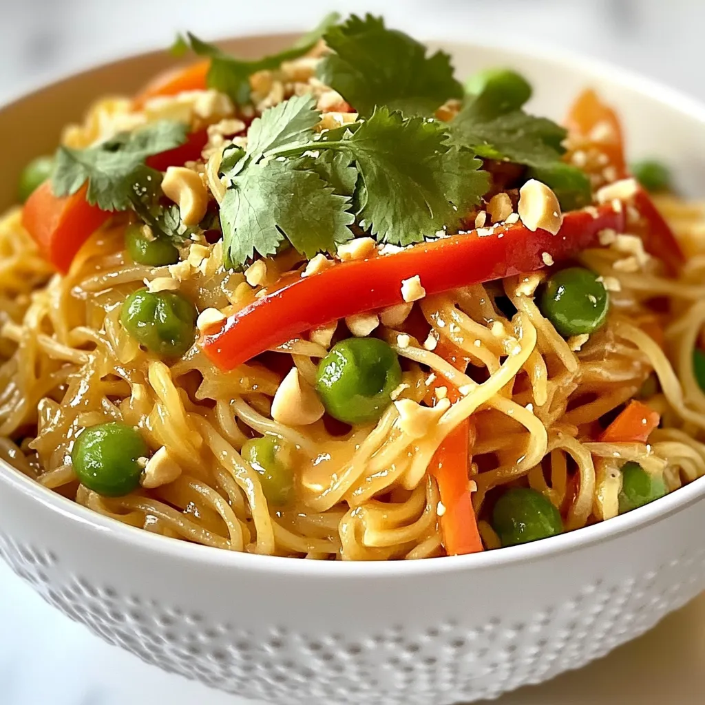 Für die würzigen Erdnussnudeln brauchst du folgende Hauptzutaten: - 225 g Reisnudeln - 1 Esslöffel Sesamöl - 1 rote Paprika, dünn geschnitten - 150 g Zuckerschoten, geputzt - 2 Frühlingszwiebeln, gehackt - 1 Tasse geriebene Karotten - 125 g ungesalzenes Erdnussmus - 2 Esslöffel Sojasauce (oder Tamari für glutenfrei) - 1 Esslöffel Sriracha (nach Geschmack anpassen) - 2 Esslöffel Honig oder Ahornsirup - 1 Esslöffel Reisessig - 125 ml Wasser (nach Bedarf für die Soßenkonsistenz anpassen) - Gehackte Erdnüsse und frischer Koriander zur Garnitur Diese Zutaten ergeben eine köstliche und einfache Mahlzeit. Jedes Element bringt seinen eigenen Geschmack und Textur in das Gericht. Wenn du eine spezielle Diät hast, gibt es tolle Alternativen: - Ersetze die Reisnudeln durch Zucchini-Nudeln für eine Low-Carb-Option. - Nutze Tamari, um das Rezept glutenfrei zu machen. - Für eine vegane Variante, ersetze Honig durch Agavendicksaft. - Verwende Erdnussbutter ohne Zuckerzusatz, wenn du es gesünder möchtest. Diese Alternativen machen das Rezept für jeden anpassbar, ohne den vollen Geschmack zu verlieren. Du kannst die Portionen einfach anpassen: - Für 2 Personen: Halbiere alle Zutaten. - Für 6 Personen: Verdopple die Zutatenmengen. - Für 8 Personen: Multipliziere die Zutaten mit 2,5. Das geht ganz leicht. So kannst du deine Erdnussnudeln immer für die richtige Anzahl an Gästen zubereiten. {{ingredient_image_2}} Um die Reisnudeln perfekt zuzubereiten, bringe einen großen Topf mit Wasser zum Kochen. Füge die 225 g Reisnudeln hinzu und koche sie gemäß den Anweisungen auf der Verpackung. Das dauert normalerweise etwa 5 bis 7 Minuten. Achte darauf, dass sie al dente sind. Wenn sie fertig sind, gieße sie ab und spüle sie unter kaltem Wasser. So verhinderst du, dass die Nudeln zusammenkleben. Die Soße ist der Star dieses Gerichts. In einer mittelgroßen Schüssel vermische das ungesalzene Erdnussmus, die Sojasauce, Sriracha, Honig und Reisessig. Füge 125 ml Wasser hinzu, um die Soße zu verdünnen. Rühre gut, bis sie glatt ist. Wenn die Soße zu dick ist, kannst du mehr Wasser hinzufügen. Probiere die Soße, um sicherzustellen, dass der Geschmack genau richtig ist. Jetzt wird das Gemüse zubereitet. Erhitze einen Esslöffel Sesamöl in einer großen Pfanne bei mittlerer Hitze. Füge die dünn geschnittene rote Paprika, die geputzten Zuckerschoten und die geriebenen Karotten hinzu. Brate das Gemüse etwa 5 Minuten lang, bis es zart, aber noch knackig ist. Danach gib die abgetropften Nudeln in die Pfanne. Gieße die würzige Erdnusssoße darüber und vermenge alles gut. Lass es 2-3 Minuten weitergaren, bis die Nudeln heiß sind. Die Soße ist der Schlüssel zu würzigen Erdnussnudeln. Um die perfekte Konsistenz zu erreichen, achte auf die Menge Wasser. Beginne mit 125 ml Wasser und rühre gut. Füge mehr hinzu, wenn die Soße zu dick ist. Mehr Wasser macht die Soße dünner. Wenn sie zu dünn ist, lasse sie kurz köcheln, bis sie eindickt. Frische Zitrone bringt Leben in deine Erdnusssoße. Nutze frischen Zitronensaft. Drücke die Zitrone direkt über die Soße aus. So bleibt der Saft frisch und spritzig. Reibe auch etwas Zitronenschale hinein. Das gibt der Soße einen tollen Duft und Geschmack. Die Wahl des Gemüses macht viel aus. Nutze knackige Zuckerschoten und bunte Paprika für Farbe. Frische Frühlingszwiebeln geben einen tollen Geschmack. Du kannst auch Brokkoli oder Karotten hinzufügen. Achte darauf, das Gemüse nicht zu lange zu braten. Es soll knackig bleiben und die Farben leuchten. Pro Tipps Richtige Konsistenz der Soße: Bei der Zubereitung der Erdnusssoße können Sie die Wassermenge anpassen, um die gewünschte Konsistenz zu erreichen. Beginnen Sie mit weniger Wasser und fügen Sie nach Bedarf mehr hinzu. Gemüse knackig halten: Um das Gemüse knackig zu behalten, braten Sie es nur kurz an und achten Sie darauf, es nicht zu lange zu garen. So bleibt es frisch und behält seine Farbe. Variationen hinzufügen: Fühlen Sie sich frei, zusätzliches Gemüse wie Brokkoli, Zucchini oder sogar Tofu hinzuzufügen, um das Gericht abwechslungsreicher zu gestalten und mehr Nährstoffe einzubringen. Garnierung für zusätzlichen Geschmack: Die Garnitur mit frischem Koriander und gehackten Erdnüssen verleiht nicht nur einen schönen Look, sondern auch einen zusätzlichen Geschmack und Crunch. {{image_4}} Wenn du glutenfreie Erdnussnudeln möchtest, ersetze die Sojasauce durch Tamari. Tamari hat den gleichen Geschmack, ist aber glutenfrei. Achte darauf, auch Reisnudeln zu verwenden. Sie sind von Natur aus glutenfrei und passen perfekt zu dieser Soße. Um das Rezept vegan zu machen, ersetze den Honig durch Ahornsirup oder Agavendicksaft. Diese Alternativen geben den gleichen süßen Geschmack, sind aber pflanzlich. Alle anderen Zutaten sind bereits vegan. Du kannst auch Tofu hinzufügen, um das Gericht noch proteinreicher zu machen. Wenn du mehr Protein willst, füge gebratenen Tofu oder Tempeh hinzu. Diese Anbieter sind einfach zuzubereiten und passen gut zur Soße. Ein weiteres einfaches Beispiel wäre, Hähnchen oder Garnelen hinzuzufügen. Diese Optionen machen das Gericht noch sättigender und leckerer. Wenn du noch Erdnussnudeln übrig hast, bewahre sie in einem luftdichten Behälter auf. Stelle sicher, dass sie vollständig abgekühlt sind. So bleiben sie frisch. Du kannst sie bis zu drei Tage im Kühlschrank lagern. Vermeide, sie in einer Plastikfolie zu verpacken, da das die Feuchtigkeit erhöht. Zum Erwärmen empfehle ich die Mikrowelle oder eine Pfanne. Wenn du die Mikrowelle nutzt, lege die Nudeln in eine Schüssel. Füge einen Esslöffel Wasser hinzu und decke sie ab. Erhitze die Nudeln in Intervallen von 30 Sekunden. In einer Pfanne erhitzt du etwas Sesamöl und fügst die Nudeln hinzu. Rühre sie gut um, bis sie warm sind. Erdnussnudeln sind nicht ideal zum Einfrieren, da die Konsistenz leiden kann. Wenn du sie trotzdem einfrierst, tue dies innerhalb von zwei Tagen. Verwende einen gefrierfesten Behälter. Achte darauf, die Nudeln gut abzutrennen, um Klumpen zu vermeiden. Wenn du sie auftauen möchtest, lasse sie über Nacht im Kühlschrank. Um die Schärfe anzupassen, kannst du die Menge an Sriracha ändern. Fange mit einem Esslöffel an. Wenn du es schärfer magst, füge mehr hinzu. Du kannst auch andere scharfe Saucen verwenden, wenn du magst. Milder ist es, wenn du die Sriracha ganz weglässt. Ein Schuss Zitronensaft kann helfen, die Schärfe auszugleichen. Ja, du kannst andere Nudelarten nutzen. Reisnudeln sind leicht und weich, aber auch Weizennudeln passen gut. Vollkornnudeln oder Zucchini-Nudeln sind ebenfalls eine tolle Wahl. Achte darauf, die Garzeit je nach Nudelart anzupassen. So bleibt der Geschmack gleich gut. Ja, dieses Rezept ist gesund. Es enthält viele frische Zutaten. Das Gemüse bringt Vitamine und Ballaststoffe. Erdnussmus liefert gesunde Fette und Proteine. Sojasauce gibt Geschmack, hat aber auch Natrium. Für eine gesunde Wahl kannst du die Menge an Sojasauce reduzieren. Honig oder Ahornsirup geben Süße und sind besser als Zucker. Würzige Erdnussnudeln sind lecker und passen in viele diätetische Bedürfnisse. In diesem Beitrag haben wir die Hauptzutaten besprochen, wie man perfekt zubereitet und wertvolle Tipps gegeben. Variationen für verschiedene Essgewohnheiten helfen, das Gericht anzupassen. Gute Lagerung verlängert die Haltbarkeit. Denke daran, die Schärfe zu justieren und andere Nudeln zu probieren. Diese Nudeln bieten viele Möglichkeiten und machen jede Mahlzeit besonders. Probier sie aus und genieße die Vielfalt!
