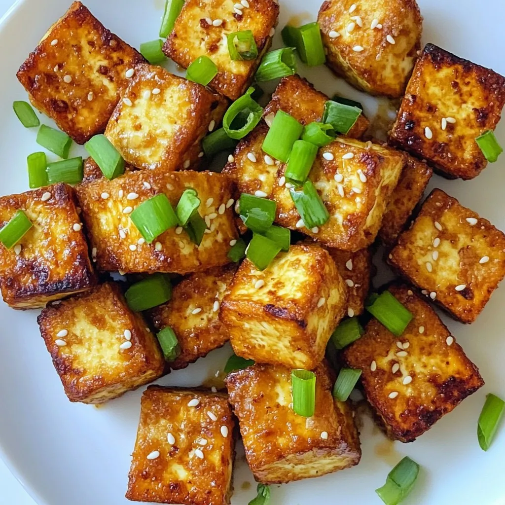Für diesen knusprigen Air Fryer Tofu benötigen Sie einige wichtige Zutaten: - 1 Block fester Tofu (400 g), abgetropft und gepresst - 2 Esslöffel Maisstärke - 1 Esslöffel Sojasauce - 1 Esslöffel Sesamöl Die Marinade gibt dem Tofu tollen Geschmack. Sie brauchen: - 1 Teelöffel Knoblauchpulver - 1 Teelöffel Zwiebelpulver - 1 Teelöffel geräuchertes Paprikapulver - Salz und Pfeffer nach Geschmack Um den Tofu schön zu dekorieren, verwenden Sie: - Gehackte Frühlingszwiebeln - Sesamsamen Diese Zutaten machen Ihren Tofu nicht nur knusprig, sondern auch lecker und ansprechend. Achten Sie darauf, dass Sie alle Zutaten bereit haben, bevor Sie starten. So läuft der Kochprozess glatt und schnell. {{ingredient_image_2}} Zuerst heize deine Luftfritteuse auf 200 °C vor. Das dauert etwa 5 Minuten. Während sie heizt, schneide den festen Tofu. Du solltest gleichmäßige Würfel machen, etwa 2,5 cm groß. Diese Größe hilft beim gleichmäßigen Garen. Lege den geschnittenen Tofu auf ein Küchentuch, um überschüssige Feuchtigkeit zu entfernen. In einer großen Schüssel vermische die Sojasauce, das Sesamöl, das Knoblauchpulver, das Zwiebelpulver und das geräucherte Paprikapulver. Füge Salz und Pfeffer nach deinem Geschmack hinzu. Rühre alles gut um, bis eine homogene Marinade entsteht. Gib die Tofu-Würfel in die Schüssel und werfe sie in der Marinade. Achte darauf, dass jeder Würfel gut bedeckt ist. Streue dann die Maisstärke über den Tofu. Mische alles erneut vorsichtig, damit jedes Stück gut ummantelt ist. Jetzt ist es Zeit, den Tofu zu frittieren. Lege die Würfel in den Korb deiner Luftfritteuse. Achte darauf, dass sie nicht überlappen. Dies sorgt für gleichmäßiges Garen. Frittier den Tofu 15 bis 18 Minuten lang. Schüttle den Korb zur Halbzeit, um die Knusprigkeit zu maximieren. Der Tofu sollte goldbraun und knusprig sein. Nach der Garzeit nimm den Tofu vorsichtig heraus und lege ihn auf einen Servierteller. Garniere das Ganze mit gehackten Frühlingszwiebeln und Sesamsamen. Um den besten Tofu zu bekommen, wähle festen Tofu. Fester Tofu hat die beste Textur für das Frittieren. Drücke den Tofu gut, um überschüssige Flüssigkeit zu entfernen. Das macht den Tofu fester und knuspriger. Schneide den Tofu in gleichmäßige Würfel von etwa 2,5 cm. So garen alle Stücke gleichmäßig. Für extra knusprigen Tofu ist die Maisstärke wichtig. Sie hilft, eine knusprige Kruste zu bilden. Streue die Maisstärke gleichmäßig über den marinierten Tofu. Mische alles vorsichtig, damit der Tofu nicht zerbricht. Die Luftfritteuse sollte gut vorgeheizt sein. Dadurch wird der Tofu von Anfang an knusprig. Schüttle den Korb zur Halbzeit. So wird der Tofu gleichmäßig knusprig. Die richtige Würze macht den Tofu lecker. Nutze Sojasauce und Sesamöl für einen tollen Geschmack. Knoblauchpulver und Zwiebelpulver bringen zusätzliche Aromen. Geräuchertes Paprikapulver gibt dem Tofu eine besondere Note. Experimentiere mit deinen Lieblingsgewürzen. Salz und Pfeffer kannst du nach Geschmack hinzufügen. Probier auch frische Kräuter oder Chili für mehr Pfiff. Pro Tipps Tofu richtig pressen: Stellen Sie sicher, dass der Tofu gut gepresst ist, um überschüssige Flüssigkeit zu entfernen. Dies sorgt für eine bessere Textur und ermöglicht es der Marinade, besser einzuziehen. Variation der Gewürze: Experimentieren Sie mit verschiedenen Gewürzen oder Kräutern, um den Geschmack des Tofus zu variieren. Zum Beispiel können Sie Ingwer oder Chili für eine würzige Note hinzufügen. Mehr Knusprigkeit: Um noch knusprigere Tofu-Stücke zu erhalten, können Sie die Tofu-Würfel nach dem Marinieren für 10-15 Minuten in den Gefrierschrank legen, bevor Sie sie in die Luftfritteuse geben. Servieroptionen: Servieren Sie den knusprigen Tofu mit verschiedenen Dips wie Erdnusssauce oder einer süß-sauren Sauce für zusätzliche Geschmacksrichtungen. {{image_4}} Sie können den Geschmack Ihres Tofus leicht ändern. Fügen Sie einfach verschiedene Gewürze hinzu. Zum Beispiel, probieren Sie scharfen Paprika oder Cayennepfeffer. Das gibt eine tolle Schärfe. Oder verwenden Sie Curry-Pulver für einen exotischen Geschmack. Experimentieren Sie mit verschiedenen Kräutern wie Oregano oder Thymian. Diese geben dem Tofu eine neue Note. Tofu schmeckt auch gut mit Gemüse. Kombinieren Sie ihn mit Paprika, Brokkoli oder Zucchini. Schneiden Sie das Gemüse in kleine Stücke. Mischen Sie es mit dem marinierten Tofu, bevor Sie alles frittieren. Das Gemüse wird weich und der Tofu bleibt knusprig. Diese Kombination macht das Gericht bunt und nährstoffreich. Servieren Sie den knusprigen Tofu über Reis oder Quinoa. Diese Beilagen machen das Essen sättigender. Fügen Sie auch eine Soße hinzu, wie eine süß-sauer Soße oder Erdnusssoße. Damit wird Ihr Gericht noch leckerer. Garnieren Sie alles mit frischen Kräutern oder zusätzlichen Sesamsamen. Das sieht nicht nur gut aus, sondern schmeckt auch fantastisch. Um übrig gebliebenen Tofu zu lagern, lege ihn in einen luftdichten Behälter. Fülle den Behälter mit Wasser, um den Tofu frisch zu halten. Decke den Behälter ab und stelle ihn in den Kühlschrank. So bleibt der Tofu für bis zu fünf Tage gut. Um Tofu aufzuwärmen, nutze die Luftfritteuse oder eine Pfanne. Stelle die Luftfritteuse auf 180 °C ein. Lege den Tofu in den Korb und erhitze ihn für etwa 5-7 Minuten. In der Pfanne solltest du einen kleinen Spritzer Öl verwenden. Brate den Tofu bei mittlerer Hitze für 4-5 Minuten. Der Tofu wird wieder knusprig. Der Tofu hat eine Haltbarkeit von etwa fünf Tagen im Kühlschrank. Wenn du den Tofu nicht in Wasser lagerst, kann er schneller verderben. Achte auf einen sauberen Geruch und eine feste Textur. Wenn sich die Farbe ändert, ist es Zeit, ihn wegzuwerfen. Um Tofu knusprig zu machen, sollten Sie ihn zuerst gut pressen. Das entfernt überschüssige Feuchtigkeit. Dann schneiden Sie den Tofu in gleichmäßige Würfel. Marinieren Sie ihn mit Sojasauce und Gewürzen. Streuen Sie zum Schluss Maisstärke über den Tofu, bevor Sie ihn in die Luftfritteuse geben. Diese Schritte helfen, die perfekte Knusprigkeit zu erreichen. Ja, gefrorener Tofu kann verwendet werden. Er hat eine andere Textur, die oft luftiger ist. Lassen Sie den gefrorenen Tofu auftauen und drücken Sie ihn gut aus. Schneiden Sie ihn dann in Würfel und marinieren Sie ihn wie frischen Tofu. Beachten Sie, dass gefrorener Tofu mehr Marinade aufnehmen kann. Zu knusprigem Tofu passen viele Dips. Hier sind einige Vorschläge: - Sojasauce mit Ingwer - Erdnusssoße - Süß-sauer-Sauce - Sriracha-Mayo - Tahini-Dip Diese Dips ergänzen den Tofu und bringen zusätzlichen Geschmack. Experimentieren Sie mit verschiedenen Kombinationen, um Ihre Favoriten zu finden! Dieser Blogbeitrag hat Ihnen gezeigt, wie man knusprigen Tofu zubereitet. Wir haben die besten Zutaten, Marinaden und Gewürze besprochen. Ich habe eine Schritt-für-Schritt-Anleitung gegeben, um Ihnen zu helfen. Sie kennen jetzt Tipps für die richtige Textur und zusätzliche Knusprigkeit. Auch Variationen und Lagerungshinweise wurden erläutert. Knuspriger Tofu ist lecker und vielseitig. Probieren Sie verschiedene Dips aus, um das Gericht zu bereichern. Viel Spaß beim Kochen!
