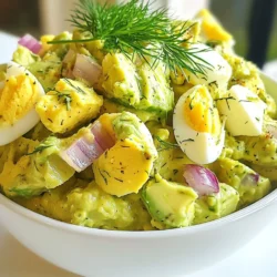 Für deinen Avocado-Ei-Salat brauchst du: - 4 große Eier - 1 reife Avocado - 2 Esslöffel griechischer Joghurt - 1 Esslöffel Dijon-Senf - 1 Esslöffel frischer Zitronensaft - 1/4 Tasse rote Zwiebel, fein gehackt - 1/4 Tasse Sellerie, fein gewürfelt - Salz und Pfeffer nach Geschmack - Frischer Dill, zur Garnitur Diese Zutaten sind einfach zu finden und machen deinen Salat lecker. Die Kombination aus Eiern und Avocado sorgt für eine tolle Textur und einen feinen Geschmack. Um den Geschmack zu variieren, kannst du auch andere Zutaten hinzufügen. Einige meiner Favoriten sind: - Paprika für mehr Farbe und Süße - Kapern für eine salzige Note - Frische Kräuter wie Petersilie oder Schnittlauch - Chili für etwas Schärfe Diese Zusätze geben deinem Salat eine persönliche Note und machen ihn noch interessanter. Der Avocado-Ei-Salat ist nicht nur lecker, sondern auch gesund. Hier sind einige Nährstoffe, die du bekommst: - Protein: Die Eier und der griechische Joghurt liefern viel Protein. - Gesunde Fette: Die Avocado enthält gesunde Fette, die gut für dein Herz sind. - Vitamine: Rote Zwiebel und Sellerie sind reich an Vitaminen und Mineralien. - Ballaststoffe: Durch die Avocado und den Sellerie bekommst du auch Ballaststoffe, die gut für die Verdauung sind. Dieser Salat ist eine großartige Wahl für ein schnelles Mittagessen oder einen Snack. {{ingredient_image_2}} Um die perfekten Eier zu kochen, beginne mit einem Kochtopf. Fülle ihn mit kaltem Wasser und füge die Eier hinzu. Stelle den Herd auf mittlere Hitze. Wenn das Wasser kocht, lege einen Deckel auf den Topf. Nimm den Topf vom Herd und lasse die Eier 12 Minuten im heißen Wasser ziehen. Diese Methode sorgt für einen festen, aber zarten Eidotter. Nach 12 Minuten, lege die Eier in eine Schüssel mit Eiswasser. Das stoppt den Garprozess und kühlt die Eier schnell ab. Während die Eier kochen, nimm die reife Avocado. Halbiere sie und entferne den Kern vorsichtig. Löffle das Fruchtfleisch in eine Rührschüssel. Mit einer Gabel püriere die Avocado. Achte darauf, dass die Mischung glatt ist, aber noch leicht stückig bleibt. Das gibt dem Salat eine schöne Textur. Sobald die Eier abgekühlt sind, schäle sie und schneide sie in kleine Stücke. Gib die geschnittenen Eier zu der pürierten Avocado in die Schüssel. Füge 2 Esslöffel griechischen Joghurt, 1 Esslöffel Dijon-Senf und 1 Esslöffel frischen Zitronensaft hinzu. Mische alles gut, bis eine gleichmäßige Masse entsteht. Jetzt kommen die gehackte rote Zwiebel und der gewürfelte Sellerie dazu. Hebe sie vorsichtig unter, um die Zutaten zu kombinieren. Schmecke den Salat mit Salz und Pfeffer ab. Lasse den Salat für mindestens 30 Minuten im Kühlschrank. So verbinden sich die Aromen gut. Um die perfekten Eier für den Avocado-Ei-Salat zu kochen, folge diesen Schritten. Setze die Eier in einen Topf mit kaltem Wasser. Bringe das Wasser bei mittlerer Hitze zum Kochen. Wenn das Wasser kocht, lege den Deckel auf. Nimm den Topf vom Herd. Lass die Eier 12 Minuten im heißen Wasser ziehen. Diese Methode sorgt für feste, aber nicht gummiartige Eier. Du kannst das Rezept nach deinem Geschmack anpassen. Füge zum Beispiel gewürfelte Paprika oder Gurken hinzu. Diese Zutaten bringen Farbe und mehr Crunch. Auch frische Kräuter wie Schnittlauch oder Petersilie passen gut. Wenn du es schärfer magst, kannst du etwas Chili oder Cayennepfeffer hinzufügen. Sei kreativ und finde deine Lieblingskombination! Die Präsentation ist wichtig! Serviere den Salat auf einem Bett aus grünem Salat. Das sieht frisch und einladend aus. Du kannst auch die Avocadohälften als Schalen verwenden. Fülle sie mit dem Salat und garniere sie mit frischem Dill. Diese Ideen machen dein Gericht nicht nur lecker, sondern auch schön anzusehen. Pro Tipps Frische Avocado wählen: Achten Sie darauf, eine reife Avocado zu verwenden, die beim leichten Drücken nachgibt, um den besten Geschmack zu erzielen. Die Eier richtig kochen: Um perfekte hartgekochte Eier zu erhalten, verwenden Sie die Methode mit Eiswasser, um ein Überkochen zu vermeiden und die Schale leichter zu entfernen. Variationen hinzufügen: Experimentieren Sie mit zusätzlichen Zutaten wie Kapern oder Paprika, um dem Salat mehr Geschmack und Textur zu verleihen. Gut kühlen: Lassen Sie den Salat mindestens 30 Minuten im Kühlschrank ruhen, damit sich die Aromen entfalten und besser vermischen können. {{image_4}} Ein Avocado-Ei-Salat kann leicht mit Gemüse ergänzt werden. Ich mag es, fein gehackte Gurken oder Paprika hinzuzufügen. Diese bringen Frische und Farbe. Außerdem kann man Spinat oder Rucola unterheben. Diese grünen Blätter fügen Nährstoffe hinzu und machen den Salat noch gesünder. Versuchen Sie, 1/2 Tasse gehacktes Gemüse zu verwenden. So bleibt der Geschmack ausgewogen. Wenn Sie eine vegane Option möchten, ersetzen Sie die Eier und den Joghurt. Nutzen Sie stattdessen Kichererbsen. Zerdrücken Sie sie wie die Avocado. Für die cremige Konsistenz nehmen Sie pflanzlichen Joghurt. Dieser hält den Salat leicht und frisch. Fügen Sie auch etwas Kurkuma hinzu, um eine schöne Farbe zu bekommen. So entsteht ein leckerer und gesunder veganer Salat. Für eine würzige Note können Sie verschiedene Gewürze verwenden. Ich empfehle, etwas Cayennepfeffer oder Paprika hinzuzufügen. Diese Gewürze bringen einen tollen Kick. Auch frische Kräuter wie Koriander oder Basilikum passen gut dazu. Sie verleihen dem Salat einen neuen Geschmack. Experimentieren Sie mit den Gewürzen, um Ihre perfekte Mischung zu finden. Um den Avocado-Ei-Salat frisch zu halten, ist es wichtig, ihn gut abzudecken. Verwenden Sie einen luftdichten Behälter. Dies verhindert, dass Luft und Feuchtigkeit eindringen. Ein Spritzer Zitronensaft auf die Oberfläche kann helfen, die Avocado vor dem Braunwerden zu schützen. Lagern Sie den Salat im Kühlschrank. So bleibt er bis zu zwei Tage frisch. Einfrieren ist für diesen Salat nicht ideal. Avocado wird beim Einfrieren oft matschig. Die Textur kann sich stark verändern. Wenn Sie dennoch Reste einfrieren möchten, trennen Sie die Eier von der Avocado. Kühlen Sie die Eier und frieren Sie sie in einem Behälter ein. Wenn Sie bereit sind, sie zu verwenden, tauen Sie die Eier im Kühlschrank auf. Mischen Sie sie dann mit frischer Avocado. Im Kühlschrank hält sich der Avocado-Ei-Salat etwa 2 bis 3 Tage. Nach dieser Zeit kann die Qualität sinken. Achten Sie darauf, den Salat vor dem Verzehr zu riechen. Wenn er unangenehm riecht oder eine seltsame Farbe hat, entsorgen Sie ihn besser. Es ist wichtig, die Frische zu überprüfen, um sicherzustellen, dass Sie ein sicheres Gericht genießen. Avocado-Ei-Salat bleibt im Kühlschrank etwa 2 bis 3 Tage frisch. Achte darauf, ihn gut zu verpacken. Verwende einen luftdichten Behälter, um die Frische zu bewahren. Wenn der Salat braun wird, ist das ein Zeichen, dass die Avocado oxidiert. Das beeinflusst den Geschmack, aber der Salat ist oft noch sicher zu essen. Ja, du kannst den Salat im Voraus machen. Bereite ihn bis zu 2 Tage vorher zu. Lagere ihn im Kühlschrank in einem luftdichten Behälter. Das gibt den Aromen Zeit, sich zu vermischen. Wenn du ihn servierst, gib einen Spritzer Zitronensaft dazu. Das hilft, die Farbe der Avocado zu bewahren. Avocado-Ei-Salat schmeckt toll mit verschiedenen Beilagen. Hier sind einige Vorschläge: - Vollkornbrot oder Toast - Gemischter grüner Salat - Gurkenscheiben oder Karottensticks - Tortilla-Wraps Diese Beilagen ergänzen die Cremigkeit des Salats und machen dein Essen noch abwechslungsreicher. Dieser Blogbeitrag gab Ihnen alle Infos für einen leckeren Avocado-Ei-Salat. Wir schauten auf die Hauptzutaten, die Zubereitung und nützliche Tipps. Variationen mit Gemüse oder veganen Optionen machen das Rezept flexibel. Beachten Sie die Lagerungshinweise, um den Salat frisch zu halten. Denken Sie daran, den Salat nach Ihrem Geschmack zu variieren. Probieren Sie neue Gewürze. Lassen Sie sich inspirieren und genießen Sie Ihre Kreation!