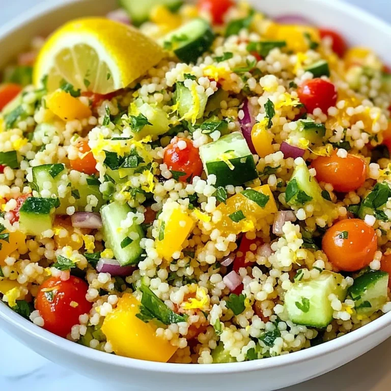 Um den Lemon Herb Couscous Salad zuzubereiten, benötigst du folgende Zutaten: - 1 Tasse Couscous - 1 ¼ Tassen Gemüsebrühe - 1 mittelgroße Gurke, gewürfelt - 1 Tasse Kirschtomaten, halbiert - 1 Paprika (jede beliebige Farbe), gewürfelt - ¼ rote Zwiebel, fein gehackt - ½ Tasse frische Petersilie, gehackt - ¼ Tasse frische Minze, gehackt - 1 Zitrone, abgerieben und ausgepresst - 3 Esslöffel Olivenöl - Salz und Pfeffer nach Geschmack - 1 Teelöffel Honig (optional) Couscous wird normalerweise aus Weizen gemacht, aber du kannst auch glutenfreie Optionen finden. Probiere Quinoa oder Reis-Couscous. Beide sind leicht und passen gut zu diesem Rezept. Frische Zutaten machen den Salat besser. Wähle knackige Gurken und reife Kirschtomaten. Achte auch darauf, frische Kräuter zu verwenden. Sie bringen mehr Geschmack. Wenn du die Möglichkeit hast, kaufe Bio-Produkte. Sie sind oft frischer und geschmackvoller. {{ingredient_image_2}} Um den Couscous zuzubereiten, bringe zuerst 1 ¼ Tassen Gemüsebrühe zum Kochen. Wenn die Brühe sprudelt, nimm den Topf vom Herd. Füge dann 1 Tasse Couscous hinzu. Decke den Topf ab und lasse ihn für etwa 5 Minuten ruhen. Der Couscous saugt die Brühe auf und wird fluffig. Während der Couscous ruht, kannst du das Gemüse vorbereiten. Nimm eine große Schüssel und füge 1 gewürfelte Gurke, 1 Tasse halbierte Kirschtomaten, 1 gewürfelte Paprika und ¼ fein gehackte rote Zwiebel hinzu. Mische auch ½ Tasse gehackte frische Petersilie und ¼ Tasse gehackte frische Minze dazu. Diese frischen Zutaten bringen Farbe und Geschmack in den Salat. Für das Dressing nimm eine kleine Schüssel. Mische den Saft und die Schale von 1 Zitrone mit 3 Esslöffeln Olivenöl, Salz und Pfeffer. Wenn du es süßer magst, füge 1 Teelöffel Honig hinzu. Rühre die Mischung mit einem Schneebesen gut um, bis alles vermischt ist. Das Dressing wird einen frischen und lebhaften Geschmack verleihen. Sobald der Couscous bereit ist, lockere ihn mit einer Gabel auf. Gib ihn dann in die Schüssel mit dem Gemüse. Gieße das Zitronen-Dressing darüber und mische alles gut. Achte darauf, dass alle Zutaten gleichmäßig verteilt sind. Probiere den Salat und passe die Würzung mit mehr Salz, Pfeffer oder Zitronensaft an, wenn nötig. Lass den Salat für mindestens 30 Minuten im Kühlschrank ruhen. So können sich die Aromen entfalten und harmonisieren. Couscous ist einfach zuzubereiten. Kochen Sie zuerst die Gemüsebrühe. Sobald sie kocht, nehmen Sie den Topf vom Herd. Fügen Sie nun den Couscous hinzu und rühren Sie ihn gut ein. Decken Sie den Topf ab und lassen Sie ihn für fünf Minuten ruhen. Der Couscous saugt die Brühe auf und wird fluffig. Mit einer Gabel können Sie ihn auflockern. So wird er perfekt. Das Dressing kann leicht angepasst werden. Fügen Sie mehr Zitronensaft hinzu, wenn Sie es saftiger mögen. Für eine süßere Note können Sie Honig verwenden. Experimentieren Sie mit verschiedenen Kräutern. Dill oder Koriander geben dem Dressing einen neuen Geschmack. Probieren Sie auch etwas Knoblauch für eine würzige Note. Garnieren Sie den Salat für eine schöne Präsentation. Verwenden Sie frische Kräuter wie Petersilie oder Minze. Zitronenscheiben machen den Salat lebendig. Sie können auch Feta-Käse oder geröstete Nüsse hinzufügen. Diese Zutaten bringen zusätzliche Textur und Geschmack. Servieren Sie den Salat in einer großen Schüssel oder auf einer Platte. So sieht er einladend aus. Pro Tipps Kräuter frisch verwenden: Verwenden Sie frische Kräuter anstelle von getrockneten, um den Salat mit mehr Geschmack und Aroma zu bereichern. Verschiedene Couscous-Sorten: Experimentieren Sie mit verschiedenen Couscous-Sorten, wie z.B. Vollkorn-Couscous, für zusätzlichen Nährwert und einen anderen Geschmack. Marinieren für mehr Geschmack: Lassen Sie den Salat einige Stunden oder über Nacht im Kühlschrank marinieren, um die Aromen noch intensiver zu machen. Variationen hinzufügen: Fügen Sie geröstete Nüsse oder Feta-Käse hinzu, um dem Salat eine knackige Textur und reichhaltigen Geschmack zu verleihen. {{image_4}} Um deinen Lemon Herb Couscous Salad noch nahrhafter zu machen, füge einige proteinreiche Zutaten hinzu. Kichererbsen sind eine tolle Wahl. Sie sind gesund und geben einen leckeren Biss. Auch Feta-Käse passt gut. Er bringt einen salzigen Geschmack, der toll mit dem Zitronen-Dressing harmoniert. Gegrilltes Hähnchen oder Putenbrust sind ebenfalls gute Optionen. Diese Optionen machen deinen Salat zu einer kompletten Mahlzeit. Nutze frisches Gemüse der Saison für mehr Geschmack und Nährstoffe. Im Frühling sind Spargel oder Radieschen eine gute Wahl. Im Sommer kannst du Zucchini oder Paprika verwenden. Im Herbst sind Kürbiswürfel oder geröstete Karotten lecker. Im Winter passen Rote Bete oder Kohlrabi gut. Diese saisonalen Zutaten geben deinem Salat eine besondere Note und machen ihn bunt. Wenn du eine vegane Variante bevorzugst, kannst du die Feta-Option einfach weglassen. Stattdessen kannst du Avocado hinzufügen. Sie sorgt für Cremigkeit und gesunde Fette. Außerdem kannst du geröstete Nüsse oder Samen wie Pinienkerne oder Sonnenblumenkerne hinzufügen. Diese geben einen tollen Crunch und zusätzlichen Geschmack. So bleibt dein Salat frisch und voller Überraschungen. Um den Lemon Herb Couscous Salad frisch zu halten, lagern Sie ihn in einem luftdichten Behälter. Dies schützt die Aromen und die Frische der Zutaten. Stellen Sie sicher, dass der Salat vollständig abgekühlt ist, bevor Sie ihn in den Kühlschrank stellen. Im Kühlschrank hält sich der Salat bis zu drei Tage. Nach dieser Zeit können die frischen Zutaten weich werden und der Geschmack kann sich verändern. Überprüfen Sie vor dem Essen immer den Geruch und das Aussehen. Wenn etwas nicht gut aussieht, werfen Sie es weg. Dieser Salat schmeckt am besten kalt, aber wenn Sie ihn aufwärmen möchten, gehen Sie vorsichtig vor. Erhitzen Sie ihn in der Mikrowelle für kurze Zeit. Fügen Sie einen Spritzer Zitronensaft oder etwas Olivenöl hinzu, um die Frische zu beleben. Mischen Sie alles gut durch, bevor Sie es servieren. Du kannst den Lemon Herb Couscous Salad bis zu zwei Tage im Voraus zubereiten. Das gibt den Aromen Zeit, sich zu vermischen. Lagere den Salat in einem luftdichten Behälter im Kühlschrank. Achte darauf, das Dressing getrennt aufzubewahren, um die Frische der Zutaten zu erhalten. Mische das Dressing kurz vor dem Servieren unter den Salat. Ja, du kannst andere Kräuter verwenden! Basilikum oder Koriander passen gut zu diesem Salat. Du kannst auch Dill oder Estragon ausprobieren. Sei kreativ und finde deine Lieblingskombinationen. Jeder Kräuterwechsel bringt einen neuen Geschmack und macht das Gericht spannend. Ja, dieser Salat ist ideal für die Meal Prep. Er ist schnell zubereitet und hält sich gut im Kühlschrank. Du kannst ihn in Portionen aufteilen und für die Woche bereitstellen. So hast du immer eine gesunde und leckere Mahlzeit zur Hand. Achte darauf, das Dressing separat zu lagern, um die Frische zu bewahren. In diesem Artikel haben wir alle wichtigen Punkte für den Lemon Herb Couscous Salad behandelt. Wir schauten uns die Zutaten, die Zubereitung und verschiedene Tipps an. Du hast gelernt, wie du den Couscous und das Dressing perfekt zubereitest. Denke auch an die Varianten und Aufbewahrungstipps, um den Salat frisch zu halten. Mit diesen Tipps kannst du schnell und einfach einen leckeren Salat zubereiten, der immer gut ankommt. Viel Spaß beim Ausprobieren!