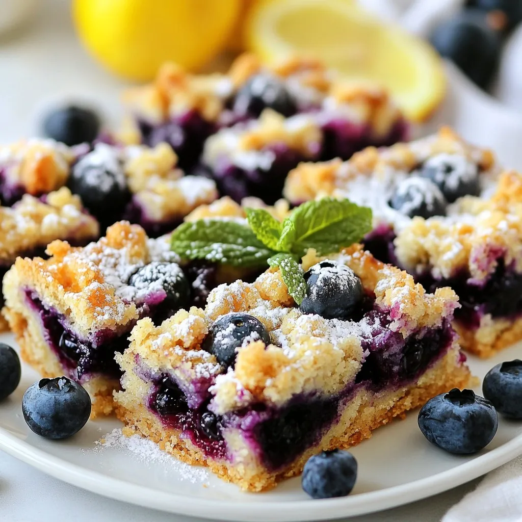 Um die perfekten Blaubeer Crumble Bars zu machen, benötigst du folgende Zutaten: - 2 Tassen frische Blaubeeren - 1 Tasse Haferflocken - 1 Tasse Weizenmehl - 1/2 Tasse brauner Zucker - 1/2 Tasse ungesalzene Butter, geschmolzen - 1/2 Teelöffel Backpulver - 1/4 Teelöffel Salz - 1 Teelöffel Vanilleextrakt - 1 Esslöffel Zitronensaft - 1 Esslöffel Speisestärke - Abrieb von 1 Zitrone Wenn du frische Blaubeeren auswählst, achte auf folgende Punkte: - Die Blaubeeren sollten fest und prall sein. - Sie sollten eine tiefblaue Farbe haben. - Vermeide Beeren mit grünen oder roten Stellen. - Überprüfe die Verpackung auf Schimmel oder zerdrückte Beeren. Frische Blaubeeren geben den besten Geschmack und die beste Textur für die Bars. Falls du einige Zutaten nicht zur Hand hast, hier sind ein paar Alternativen: - Verwende statt Weizenmehl Mandelmehl für eine glutenfreie Option. - Du kannst auch Honig anstelle von braunem Zucker verwenden. - Für eine vegane Variante ersetze die Butter mit Kokosöl. - Statt frischer Blaubeeren kannst du tiefgefrorene verwenden, aber lasse sie vorher auftauen. Diese Substitute helfen dir, die Bars nach deinem Geschmack anzupassen. {{ingredient_image_2}} Heize deinen Ofen auf 175°C vor. Fette eine 20x20 cm Backform ein oder lege sie mit Backpapier aus. Dies hilft, die Riegel später leicht herauszunehmen. Nimm eine mittelgroße Schüssel und gib die frischen Blaubeeren hinein. Füge den Zitronensaft, die Speisestärke und den Zitronenabrieb hinzu. Mische alles vorsichtig, damit die Beeren ganz bleiben. Lass die Mischung ein wenig stehen. So ziehen die Aromen gut durch. In einer großen Schüssel vermenge die Haferflocken, das Weizenmehl, den braunen Zucker, das Backpulver und das Salz. Gieße die geschmolzene Butter und den Vanilleextrakt dazu. Mische alles mit einem Spatel, bis du eine krümelige Masse hast. Drücke zwei Drittel dieser Mischung gleichmäßig in die Backform. Das wird unsere feste Basis. Verteile die Blaubeermischung gleichmäßig auf der Basis. Streue die restliche Streuselmischung darüber. Jetzt kommt die Form in den Ofen. Backe die Riegel für 30 bis 35 Minuten, bis sie goldbraun sind und die Blaubeeren sprudeln. Nimm die Form heraus und lasse sie vollständig abkühlen. Schneide die Riegel nach dem Abkühlen in Stücke und genieße sie! Um die perfekte Textur für deine Blaubeer Crumble Bars zu erreichen, achte auf die Streuselmischung. Du musst die Butter richtig schmelzen, aber nicht zu heiß machen. Mische die Zutaten mit einem Spatel, bis die Mischung krümelig wird. Drücke zwei Drittel der Mischung fest in die Backform. Dies gibt dir eine stabile Basis. Die restliche Mischung gleichmäßig über die Blaubeeren streuen. Das sorgt für eine schöne, knusprige Kruste. Ein häufiger Fehler ist, die Blaubeeren nicht richtig vorzubereiten. Du solltest sie mit Zitronensaft und Speisestärke gut vermengen. So wird die Füllung nicht zu flüssig. Achte darauf, die Backzeit genau zu beachten. Wenn du die Riegel zu lange backst, werden sie trocken. Wenn du sie zu kurz backst, bleiben sie matschig. Lass die Riegel nach dem Backen vollständig abkühlen, bevor du sie schneidest. Das macht das Schneiden einfacher. Um den Geschmack zu verbessern, kannst du frische Zitronenschale hinzufügen. Sie gibt den Riegeln ein frisches Aroma. Auch eine Prise Zimt in der Streuselmischung kann den Geschmack vertiefen. Für einen besonderen Twist kannst du auch andere Beeren wie Himbeeren oder Erdbeeren ausprobieren. Die Kombination von Beeren bringt neue Aromen in deine Blaubeer Crumble Bars. Sei kreativ und finde deinen eigenen Geschmack! Pro Tipps Frische Blaubeeren: Verwenden Sie frische Blaubeeren, um den besten Geschmack und die beste Textur zu erzielen. Tiefgefrorene Blaubeeren können zu viel Flüssigkeit abgeben und die Konsistenz der Kekse verändern. Streuselmischung: Stellen Sie sicher, dass die Streuselmischung krümelig ist, aber nicht zu trocken. Sie sollte gut zusammenhalten, wenn Sie sie auf die Blaubeeren drücken. Backzeit überwachen: Überwachen Sie die Kekse während des Backens, da die Backzeit je nach Ofen variieren kann. Die Oberseite sollte goldbraun sein und die Blaubeeren sollten leicht sprudeln. Abkühlen lassen: Warten Sie, bis die Kekse vollständig abgekühlt sind, bevor Sie sie schneiden. Dies hilft, die Struktur zu festigen und ein Zerbröckeln zu vermeiden. {{image_4}} Du kannst die Blaubeeren leicht gegen andere Früchte austauschen. Himbeeren, Erdbeeren oder Äpfel passen gut. Jede Frucht hat ihren eigenen Geschmack. Du kannst auch eine Mischung aus verschiedenen Früchten machen. Die richtige Säure ist wichtig für den Geschmack. Überprüfe, ob die Früchte süß sind. Wenn nicht, füge etwas mehr Zucker hinzu. Um diese Riegel vegan zu machen, ersetze die Butter durch Kokosöl oder vegane Margarine. Verwende auch einen pflanzlichen Joghurt für mehr Feuchtigkeit. Für glutenfreie Riegel, ersetze das Weizenmehl mit glutenfreiem Mehl. Achte darauf, dass die Haferflocken glutenfrei sind. Diese Anpassungen machen die Riegel für jeden geeignet. Ein wenig Zimt oder Muskatnuss kann den Riegeln einen besonderen Geschmack geben. Füge etwa einen halben Teelöffel Zimt zur Streuselmischung hinzu. Auch eine Prise Ingwer kann gut passen. Probiere auch Vanille oder Mandelaroma für zusätzlichen Geschmack. Gewürze machen die Riegel noch interessanter und leckerer! Um die Blaubeer Crumble Bars frisch zu halten, lege sie in einen luftdichten Behälter. Das schützt sie vor Luft und Feuchtigkeit. Du kannst die Riegel auch zwischen Lagen von Backpapier schichten. So kleben sie nicht aneinander. Wenn du die Riegel wieder aufwärmen möchtest, benutze die Mikrowelle oder den Ofen. In der Mikrowelle wärme sie für 10-15 Sekunden auf. Achte darauf, sie nicht zu lange zu erhitzen. Im Ofen kannst du sie bei 150°C für etwa 5-10 Minuten aufwärmen. So bleiben sie schön knusprig. Im Kühlschrank halten sich die Riegel bis zu einer Woche. Stelle sicher, dass sie gut verpackt sind. Wenn du sie länger aufbewahren möchtest, friere sie ein. In einem gefrierfesten Behälter bleiben sie bis zu drei Monate frisch. Zum Auftauen lasse sie einfach bei Raumtemperatur liegen. Du kannst die Blaubeer-Streuselkekse bis zu einer Woche aufbewahren. Lagere sie in einem luftdichten Behälter. So bleiben sie frisch und lecker. Wenn du sie länger aufbewahren möchtest, friere sie ein. Dann kannst du sie bis zu drei Monate genießen. Ja, gefrorene Blaubeeren sind eine tolle Wahl. Sie sind oft reif, wenn sie gefroren werden. Achte darauf, sie vor der Verwendung nicht abzutropfen. So bleibt der Saft in den Keksen und sie werden saftig. Du kannst sie direkt aus dem Gefrierfach in die Mischung geben. Es gibt viele leckere Variationen! Du kannst andere Früchte verwenden, wie Himbeeren oder Erdbeeren. Füge Nüsse oder Kokosnuss für mehr Textur hinzu. Wenn du mehr Geschmack willst, probiere Zimt oder Muskatnuss. Die Möglichkeiten sind endlos! Ja, du kannst den Zuckergehalt leicht senken. Verwende weniger braunen Zucker oder ersetze ihn durch Honig. Du kannst auch natürliche Süßstoffe wie Stevia probieren. Achte darauf, die Konsistenz der Mischung anzupassen, wenn du den Zucker änderst. In diesem Blogbeitrag haben wir die Zutaten und die Schritte zur Herstellung köstlicher Blaubeer-Streuselkekse betrachtet. Ich habe Tipps gegeben, wie man frische Blaubeeren auswählt und welche Alternativen man nutzen kann. Die Schritt-für-Schritt-Anleitung hilft dir beim Backen. Zudem hast du verschiedene Variationen und wichtige Lagerungstipps erfahren. Die Zubereitung kann einfach und flexibel sein. Experimentiere mit verschiedenen Füllungen und diesen leckeren Riegeln! Genieß die süßen Ergebnisse und teile sie mit anderen.