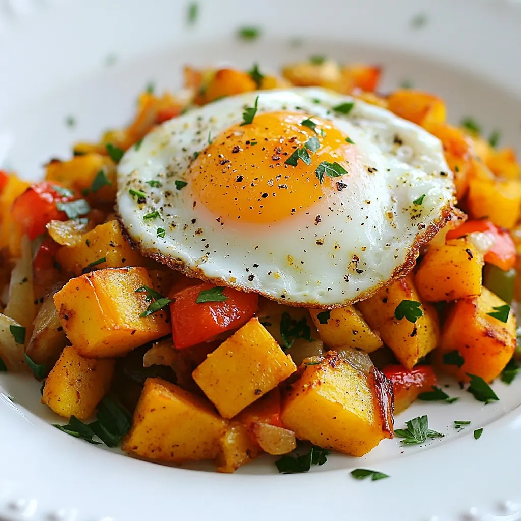 Die Basis für mein Süßkartoffel Frühstücks Hash sind frische und leckere Zutaten. Sie geben dem Gericht den tollen Geschmack. Hier sind die Hauptzutaten: - 2 mittelgroße Süßkartoffeln, geschält und gewürfelt - 1 rote Paprika, gehackt - 1 grüne Paprika, gehackt - 1 kleine gelbe Zwiebel, gewürfelt - 3 Knoblauchzehen, fein gehackt - 4 große Eier Die richtigen Gewürze und Öle machen das Gericht besonders. Sie verleihen dem Hash einen tollen Geschmack. Hier sind die Gewürze und Öle, die ich verwende: - 1 Teelöffel geräuchertes Paprikapulver - ½ Teelöffel Kreuzkümmel - Salz und Pfeffer nach Geschmack - 3 Esslöffel Olivenöl Ein gutes Gericht braucht eine schöne Garnierung. Sie machen das Essen ansprechender und frischer. Hier sind einige Optionen, die ich gerne hinzufüge: - Frische Petersilie, gehackt (zum Garnieren) - Avocadoscheiben (zum Servieren, optional) Diese Zutaten machen dein Frühstücks Hash bunt und lecker. Sie sorgen für einen starken Start in den Tag! {{ingredient_image_2}} Zuerst schälen Sie die Süßkartoffeln. Dann schneiden Sie sie in kleine Würfel. Dies hilft, dass sie gleichmäßig garen. Erhitzen Sie eine große Pfanne. Fügen Sie 3 Esslöffel Olivenöl hinzu und warten Sie, bis es heiß ist. Geben Sie die gewürfelten Süßkartoffeln in die Pfanne. Streuen Sie Salz, Pfeffer, geräuchertes Paprikapulver und Kreuzkümmel darüber. Mischen Sie alles gut. So wird jede Süßkartoffel gewürzt. Lassen Sie die Süßkartoffeln für 10 bis 15 Minuten kochen. Rühren Sie alle paar Minuten um, damit sie nicht anbrennen. Wenn sie weich sind und leicht karamellisiert, fügen Sie die gewürfelte Zwiebel und den gehackten Knoblauch hinzu. Braten Sie beides für 3 bis 4 Minuten, bis die Zwiebeln durchsichtig werden. Geben Sie nun die roten und grünen Paprika dazu. Kochen Sie alles für weitere 5 bis 7 Minuten. Es sollte zart und bunt aussehen. In einer anderen Pfanne braten Sie die Eier. Machen Sie sie nach Ihrem Geschmack: Spiegelei, over easy oder Rührei. Wenn das Gemüse fertig ist, probieren Sie es. Passen Sie die Gewürze nach Ihrem Wunsch an. Jetzt ist es Zeit, anzurichten. Verteilen Sie die Süßkartoffel-Hash auf Tellern. Legen Sie ein gebratenes Ei oben drauf und garnieren Sie es mit frischer Petersilie. Wenn Sie mögen, fügen Sie Avocadoscheiben hinzu. Dies sorgt für eine cremige Note. Um die Süßkartoffeln perfekt zu karamellisieren, schneide sie gleichmäßig. Würfle sie in Stücke von etwa 1 cm. Erhitze das Olivenöl gut in der Pfanne. Füge die Süßkartoffeln hinzu und stelle sicher, dass sie nicht übereinander liegen. Rühre sie alle paar Minuten um. Lass sie genug Zeit, um eine goldbraune Farbe zu bekommen. Dies dauert etwa 10 bis 15 Minuten. Die Karamellisierung gibt den Kartoffeln einen süßen, reichen Geschmack. Du kannst die Gewürze nach deinem Geschmack anpassen. Wenn du es schärfer magst, füge etwas Cayennepfeffer hinzu. Für einen frischeren Geschmack, probiere frische Kräuter wie Thymian oder Rosmarin. Das geräucherte Paprikapulver gibt dem Gericht Tiefe, während der Kreuzkümmel für Wärme sorgt. Taste das Gericht während des Kochens. So kannst du die Gewürze perfekt abstimmen. Die Eier kannst du nach deinem Wunsch zubereiten. Für Spiegeleier, brate sie einfach in einer separaten Pfanne. Lass das Eigelb weich, wenn du es magst. Wenn du Rührei bevorzugst, schlage die Eier in eine Schüssel und verrühre sie gut. Gieße sie in die Pfanne und rühre ständig, bis sie fest sind. Du kannst die Eier auch mit einer Prise Salz und Pfeffer würzen. So wird dein Frühstück noch besser. Pro Tipps Würzen Sie die Süßkartoffeln: Stellen Sie sicher, dass die Gewürze gleichmäßig verteilt sind, um den besten Geschmack zu erzielen. Mischen Sie die Gewürze gut mit den Süßkartoffeln, bevor Sie sie anbraten. Verwenden Sie frisches Gemüse: Frisches Gemüse sorgt für einen besseren Geschmack und mehr Nährstoffe. Achten Sie darauf, saisonales Gemüse zu verwenden, um die Aromen zu verbessern. Experimentieren Sie mit den Eiern: Probieren Sie verschiedene Zubereitungsarten für die Eier aus, um Abwechslung zu schaffen. Spiegeleier, Rührei oder pochierte Eier können dem Gericht eine unterschiedliche Textur verleihen. Servieren Sie mit Avocado: Avocadoscheiben ergänzen die Süßkartoffeln perfekt und fügen eine cremige Textur hinzu. Sie sind auch eine großartige Quelle für gesunde Fette. {{image_4}} Wenn Sie eine vegetarische Option suchen, können Sie die Eier weglassen. Stattdessen probieren Sie Tofu oder Kichererbsen. Diese bringen Protein und Geschmack. Sie können auch Feta-Käse hinzufügen, um eine salzige Note zu bekommen. Ein Hauch von frischem Spinat gibt dem Gericht einen gesunden Kick. Um mehr Protein hinzuzufügen, verwenden Sie Hühnchen oder Rinderhackfleisch. Braten Sie das Fleisch vor dem Gemüse an, um den Geschmack zu intensivieren. Auch schwarze Bohnen sind eine gute Wahl. Sie sind nahrhaft und fügen eine schöne Textur hinzu. So wird Ihr Frühstück nicht nur lecker, sondern auch sättigender. Variieren Sie das Gemüse für neue Geschmackskombinationen. Zucchini oder Brokkoli passen gut zu Süßkartoffeln. Auch Pilze bringen einen herzhaften Geschmack. Experimentieren Sie mit saisonalem Gemüse, um das Beste aus jedem Monat herauszuholen. Dies macht Ihr Gericht nicht nur bunt, sondern auch nährstoffreich. Wenn du noch Hash übrig hast, lass ihn auf Raumtemperatur abkühlen. Fülle ihn dann in einen luftdichten Behälter. So bleibt der Geschmack frisch. Du kannst den Hash bis zu drei Tage im Kühlschrank aufbewahren. Achte darauf, dass der Behälter gut verschlossen ist, damit keine Feuchtigkeit eindringt. Um den Hash wieder warm zu machen, verwende eine Pfanne auf mittlerer Hitze. Gib etwas Olivenöl hinzu, um ein Ankleben zu verhindern. Rühre den Hash häufig um, damit er gleichmäßig warm wird. Du kannst auch die Mikrowelle nutzen. Stelle die Mikrowelle auf mittlere Leistung und erwärme den Hash in kurzen Intervallen von 30 Sekunden. Rühre nach jedem Intervall um, damit er gleichmäßig warm wird. Im Kühlschrank bleibt der Hash bis zu drei Tage frisch. Wenn du ihn länger aufbewahren möchtest, friere ihn ein. Der Hash hält sich bis zu drei Monate im Gefrierfach. Fülle ihn in gefriergeeignete Behälter oder Beutel. Achte darauf, die Luft herauszudrücken, um Gefrierbrand zu vermeiden. Zum Auftauen kannst du den Hash einfach über Nacht im Kühlschrank lagern oder in der Mikrowelle langsam auftauen. Ja, du kannst die Süßkartoffeln im Voraus zubereiten. Schäle und würfle sie einfach. Lege die Stücke in eine Schüssel mit Wasser. So bleiben sie frisch. Du kannst die Süßkartoffeln auch vorkochen. Koche sie für etwa 5 Minuten, bis sie leicht weich sind. Lass sie dann abkühlen, bevor du sie in den Kühlschrank stellst. So sparst du Zeit am Morgen. Das Gericht ist sehr vielseitig. Du kannst frische Avocadoscheiben dazu servieren. Sie bringen eine cremige Textur. Auch frische Kräuter wie Koriander oder Schnittlauch passen gut. Du kannst auch etwas Feta-Käse oder Joghurt darüber streuen. Diese Beilagen sorgen für einen tollen Geschmack. Für eine herzhaftere Option passen auch Würstchen oder Speck. Um die Kalorienzahl zu senken, kannst du einige einfache Änderungen vornehmen. Reduziere die Menge an Olivenöl. Du kannst auch anstelle von Eiern Ei-Ersatz verwenden. Das senkt die Kalorien und das Cholesterin. Wenn du weniger Süßkartoffeln verwendest, wird das Gericht leichter. Außerdem kannst du mehr Gemüse hinzufügen. Gemüse hat wenig Kalorien und viel Nährstoffe. Dieses Blog-Post gibt Ihnen alles, was Sie für ein leckeres Süßkartoffel Frühstücks Hash brauchen. Sie lernen, welche Zutaten wichtig sind und wie Sie sie perfekt zubereiten. Die Tipps helfen Ihnen, die Süßkartoffeln ideal zu karamelisieren und die Eier nach Ihrem Wunsch zu kochen. Variationen zeigen Ihnen, wie Sie das Gericht anpassen können. Mit richtigen Lagerungshinweisen bleibt Ihr Hash frisch. Nutzen Sie diese Tipps für ein köstliches Frühstück. Probieren Sie es so bald wie möglich aus!