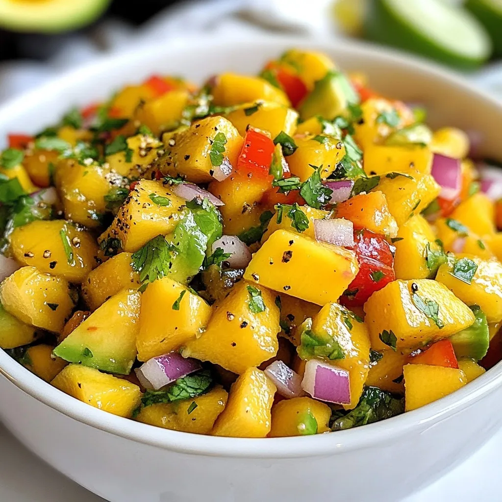 Für die Mango Avocado Salsa benötigen Sie einige frische Zutaten. Hier sind die Hauptzutaten: - 1 reife Mango, gewürfelt - 2 Avocados, gewürfelt - 1 rote Paprika, fein gehackt - 1 kleine rote Zwiebel, fein gehackt - 1 Jalapeño, entkernt und fein gehackt - 2 Esslöffel frischer Koriander, gehackt - Saft von 2 Limetten - Salz und Pfeffer nach Geschmack - 1 Esslöffel Olivenöl Diese Zutaten bilden die Basis für einen frischen und leckeren Geschmack. Die Mango bringt Süße, während die Avocado Cremigkeit hinzufügt. Es gibt viele Möglichkeiten, die Salsa zu erweitern. Hier sind einige beliebte Ergänzungen: - Tomaten: Sie fügen Frische hinzu und machen die Salsa saftiger. - Knoblauch: Er bringt einen kräftigen Geschmack und gesunde Vorteile. - Koriander: Passt gut und fördert die Verdauung. - Limettenzesten: Sie intensivieren den Zitrusgeschmack. Diese Ergänzungen können Ihre Salsa auf ein neues Level bringen. Experimentieren Sie, um Ihre perfekte Mischung zu finden. Die Auswahl der richtigen Früchte ist entscheidend. Hier sind einige Tipps: - Mango: Wählen Sie eine, die weich ist und einen süßen Duft hat. Die Haut sollte leicht gelblich sein. - Avocado: Drücken Sie leicht. Wenn sie sanft nachgibt, ist sie reif. Vermeiden Sie grüne oder sehr harte Exemplare. - Paprika: Suchen Sie nach glänzenden und festen Exemplaren ohne Flecken. Reife Früchte sorgen für den besten Geschmack. Achten Sie darauf, die Früchte kurz vor der Zubereitung zu kaufen, um die Frische zu bewahren. {{ingredient_image_2}} Um die Mango Avocado Salsa zu machen, beginne mit der Vorbereitung. Nimm eine reife Mango und würfle sie in kleine Stücke. Achte darauf, dass die Stücke gleich groß sind. Dann nimm zwei Avocados. Auch diese würfelst du klein. Gib die Mango und die Avocados in eine große Schüssel. Jetzt kommt die rote Paprika. Hacke sie fein und füge sie hinzu. Die Paprika verleiht Farbe und Knackigkeit. Schneide eine kleine rote Zwiebel fein und gib sie in die Schüssel. Für etwas Schärfe nimm eine Jalapeño. Entferne die Kerne und hacke sie ebenfalls fein. Je nach gewünschter Schärfe kannst du die Menge anpassen. Füge dann zwei Esslöffel frisch gehackten Koriander hinzu. Jetzt ist es Zeit, alles zusammenzufügen. Presse den Saft von zwei Limetten über die Zutaten. Das gibt der Salsa Frische. Beträufle die Mischung mit einem Esslöffel Olivenöl. Das hilft, die Aromen zu verbinden. Jetzt kommt das Wichtigste: Würze die Salsa mit Salz und Pfeffer. Mische alles vorsichtig mit einem Löffel. Dabei solltest du die Avocado-Stücke ganz lassen, damit sie schön chunky bleiben. Um den perfekten Geschmack zu finden, koste die Salsa. Überlege, ob du mehr Limettensaft oder Salz hinzufügen möchtest. Lass die Salsa für 10-15 Minuten ziehen. So vermischen sich die Aromen gut. Wenn du möchtest, serviere sie in einer bunten Schüssel. Garniere sie mit zusätzlichem Koriander und Limettenschnitzen. Diese Salsa passt perfekt zu Tortilla-Chips oder als Topping für gegrillten Fisch oder Hühnchen. Beim Zubereiten der Mango Avocado Salsa gibt es einige häufige Fehler. Ein großer Fehler ist, die Früchte zu lange zu schneiden. Die Avocados sollten nicht matschig werden. Wenn Sie die Avocados zu klein schneiden, verlieren sie ihre Textur. Achten Sie darauf, die Mango und Avocados in gleichmäßige Stücke zu schneiden. Das sorgt für einen guten Biss. Ein weiterer Fehler ist das Überwürzen. Beginnen Sie mit einer kleinen Menge Salz und Pfeffer. Sie können später mehr hinzufügen. Zu viel Limettensaft kann die Salsa sauer machen. Probieren Sie zuerst und passen Sie dann nach Ihrem Geschmack an. Die Mango Avocado Salsa ist sehr anpassbar. Sie können verschiedene Zutaten hinzufügen, um den Geschmack zu verändern. Mögen Sie es schärfer? Fügen Sie mehr Jalapeño hinzu. Wenn Sie es fruchtiger möchten, probieren Sie Ananas oder Papaya. Für mehr Crunch können Sie noch etwas Mais oder Gurke hinzufügen. Wenn Sie frische Kräuter mögen, versuchen Sie Basilikum oder Minze. Sie können auch die Zwiebeln durch Frühlingszwiebeln ersetzen. Diese geben einen milderen Geschmack. Fügen Sie Feta-Käse für eine cremige Note hinzu. Seien Sie kreativ und testen Sie neue Kombinationen! Die Konsistenz der Salsa ist wichtig. Sie möchten, dass die Salsa chunky bleibt, nicht püriert. Mischen Sie die Zutaten vorsichtig. Verwenden Sie einen Gummispatel oder einen Löffel, um die Mischung zu heben. So zerkleinern Sie die Avocados nicht. Wenn die Salsa zu flüssig ist, lassen Sie sie etwas stehen. Dadurch können die Aromen sich setzen und die Flüssigkeit reduzieren. Ein weiterer Tipp ist, die Salsa vor dem Servieren 10-15 Minuten ziehen zu lassen. Das hilft, die Aromen zu vermischen und die Konsistenz zu verbessern. Pro Tipps Reife Früchte wählen: Stellen Sie sicher, dass die Mango und Avocados reif sind, um den besten Geschmack und die beste Textur zu erzielen. Eine reife Mango hat eine leicht druckbare Schale und einen süßen Duft. Limettensaft frisch pressen: Frischer Limettensaft hat einen viel intensiveren Geschmack als abgepackter. Verwenden Sie eine Zitruspresse für maximalen Saftausstoß. Für mehr Schärfe sorgen: Wenn Sie es schärfer mögen, können Sie mehr Jalapeño hinzufügen oder auch andere scharfe Paprikasorten ausprobieren, wie z.B. Serrano oder Habanero. Vorsichtig mischen: Seien Sie beim Mischen der Zutaten vorsichtig, um die Avocado nicht zu zerdrücken. Der chunky Effekt macht die Salsa besonders ansprechend. {{image_4}} Wenn Sie Ihrer Mango Avocado Salsa noch mehr Geschmack geben möchten, gibt es viele Optionen. Sie können frische Ananas hinzufügen, um eine süße Note zu erhalten. Mango passt gut zu Ananas und gibt der Salsa eine tropische Note. Auch schwarze Bohnen sind eine tolle Ergänzung. Sie fügen Protein und Textur hinzu, was die Salsa nahrhafter macht. Wenn Sie es noch würziger mögen, probieren Sie etwas geräucherte Paprika oder Kreuzkümmel. Diese Gewürze bringen einen neuen Geschmack in die Mischung. Dieses Rezept ist bereits vegan und glutenfrei. Die Zutaten sind frisch und gesund. Wenn Sie es noch einfacher machen möchten, können Sie die Zwiebel durch Frühlingszwiebeln ersetzen. Sie sind milder und geben der Salsa einen frischen Geschmack. Für eine cremigere Textur können Sie auch Cashew-Creme anstelle von Avocado verwenden. Diese Option ist ebenfalls vegan und sorgt für einen tollen Geschmack. Jeder hat andere Geschmäcker. Wenn Sie es scharf mögen, fügen Sie mehr Jalapeño hinzu oder verwenden Sie einen anderen Chili. Für eine süßere Salsa können Sie einen Löffel Honig oder Agavendicksaft hinzufügen. Mögen Sie es lieber sauer? Ein zusätzlicher Spritzer Limettensaft wird helfen. Denken Sie daran, die Salsa zu probieren und die Gewürze anzupassen. So können Sie die perfekte Mischung für Ihren Geschmack finden. Um die Mango Avocado Salsa frisch zu halten, müssen Sie sie richtig lagern. Verwenden Sie einen luftdichten Behälter. So bleibt die Salsa länger knackig und frisch. Stellen Sie sicher, dass die Salsa nicht mit Luft in Kontakt kommt. Wenn Sie etwas Limettensaft hinzufügen, hilft das, die Farbe der Avocado zu bewahren. Im Kühlschrank bleibt die Salsa bis zu zwei Tage frisch. Nach einer Weile kann die Avocado braun werden. Um dies zu vermeiden, fügen Sie mehr Limettensaft hinzu. Lagern Sie die Salsa im kältesten Teil Ihres Kühlschranks. Vermeiden Sie die Nähe zur Tür, wo es öfter wärmer wird. Das Einfrieren ist eine gute Option, wenn Sie Reste haben. Die Salsa kann in einem gefrierfesten Behälter bis zu drei Monate halten. Achten Sie darauf, die Salsa vor dem Einfrieren gut zu mischen. So bleiben die Aromen erhalten. Beim Auftauen sollten Sie die Salsa langsam im Kühlschrank auftauen. Frische Zutaten wie Avocado und Koriander sollten nach dem Auftauen hinzugefügt werden. Mango Avocado Salsa bleibt frisch für 2 bis 3 Tage im Kühlschrank. Lagern Sie die Salsa in einem luftdichten Behälter. Dies hilft, die Aromen zu bewahren. Nach ein oder zwei Tagen kann die Avocado etwas bräunlich werden. Das sieht vielleicht nicht gut aus, aber der Geschmack bleibt gut. Um die Frische zu verlängern, fügen Sie etwas Limettensaft hinzu. Ja, Sie können die Salsa im Voraus zubereiten. Machen Sie die Salsa bis zu einen Tag vorher. Lagern Sie sie im Kühlschrank. Wenn Sie die Salsa zubereiten, lassen Sie die Avocado nicht zu lange stehen. Sie könnte matschig werden. Um dies zu vermeiden, fügen Sie die Avocado erst kurz vor dem Servieren hinzu. So bleibt die Salsa frisch und knackig. Die Würze ist ganz nach Ihrem Geschmack. Beginnen Sie mit Salz und Pfeffer. Fügen Sie mehr Limettensaft hinzu, wenn Sie es saurer mögen. Für mehr Schärfe, geben Sie eine weitere Jalapeño hinzu. Sie können auch zusätzliche Kräuter wie Petersilie oder Minze verwenden. Probieren Sie die Salsa und passen Sie die Gewürze an, bis sie perfekt ist. Mango Avocado Salsa ist einfach und lecker. Wir haben die Hauptzutaten, nützliche Ergänzungen und Tipps zur Auswahl geteilter reifer Früchte besprochen. Die Schritt-für-Schritt-Anleitung hilft, die Salsa gut zuzubereiten. Wir haben auch häufige Fehler und Anpassungen für verschiedene Geschmäcker behandelt. Schließlich sind die Lagerinformationen wichtig, um die Salsa frisch zu halten. So kannst du sie immer wieder genießen. Probiere die Variationen aus und finde deinen Favoriten!