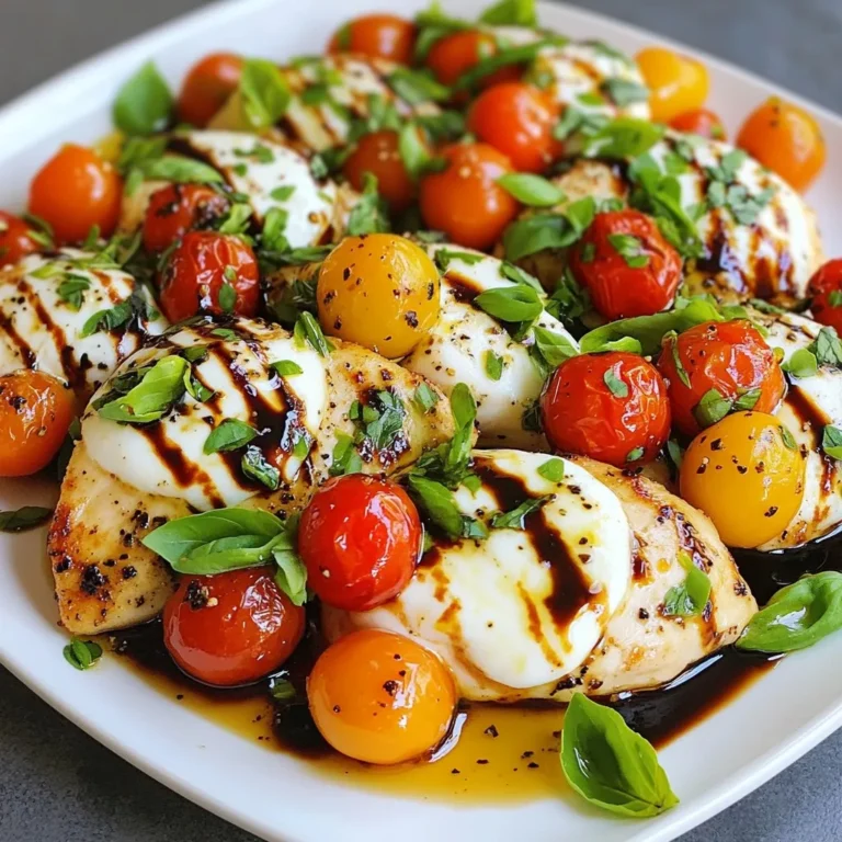 Für dieses Gericht benötigst du einfache, frische Zutaten. Hier sind die Hauptbestandteile: - 4 Hähnchenbrustfilets, ohne Haut und Knochen - 1 Tasse Kirschtomaten, halbiert - 1 Tasse frische Mozzarellakugeln, halbiert - 1/4 Tasse frische Basilikumblätter, gehackt - 3 Esslöffel Balsamico-Glasur - 2 Esslöffel Olivenöl - 3 Knoblauchzehen, fein gehackt - Salz und Pfeffer nach Geschmack - Optional: 1 Teelöffel italienische Kräuter Diese Zutaten machen das Gericht frisch und lecker. Wenn du die besten Ergebnisse erzielen möchtest, achte auf frische Zutaten. Wähle: - Frische Kirschtomaten, die fest und glänzend sind. - Gute Mozzarella-Kugeln, die weich und saftig wirken. - Basilikumblätter, die grün und aromatisch sind. Frische Zutaten machen den Unterschied in deinem Gericht. Gewürze sind wichtig für den Geschmack. Hier sind einige Tipps: - Verwende Salz und Pfeffer, um das Hähnchen zu würzen. - Italienische Kräuter bringen einen zusätzlichen Geschmack, sind aber optional. - Balsamico-Glasur gibt dem Gericht eine süße, saure Note. Mit diesen Gewürzen machst du dein Gericht noch besser. {{ingredient_image_2}} Zuerst nehme ich die Hähnchenbrustfilets. Ich schneide sie auf. Dann würze ich sie gut mit Salz, Pfeffer und italienischen Kräutern. Das macht den Geschmack besser. Ich lasse die Filets für ein paar Minuten ruhen. So können die Gewürze gut einziehen. Ich erhitze das Olivenöl in einer großen Pfanne. Die Hitze sollte mittelhoch sein. Dann lege ich die Hähnchenbrustfilets in die Pfanne. Ich brate sie etwa 5-7 Minuten auf jeder Seite. Sie sollten goldbraun sein. Die Innentemperatur muss 75°C erreichen. Das ist wichtig, um sicher zu essen. Nach dem Braten nehme ich das Hähnchen aus der Pfanne und lege es beiseite. Jetzt gebe ich den fein gehackten Knoblauch in die Pfanne. Ich brate ihn für etwa 30 Sekunden. Der Duft ist toll! Dann kommen die halbierten Kirschtomaten dazu. Ich koche sie 3-4 Minuten. Sie werden weich und geben ihren Saft ab. Ich reduziere die Hitze und lege die Hähnchenbrustfilets zurück in die Pfanne. Jetzt verteile ich die Mozzarellakugeln darauf. Ich lasse sie 2-3 Minuten schmelzen. Das sieht schon lecker aus! Zum Schluss träufle ich die Balsamico-Glasur darüber. Ich bestreue das Gericht mit gehacktem Basilikum. So sieht es schön aus und schmeckt frisch. Um das Hähnchen perfekt anzubraten, wähle eine große Pfanne. Stelle die Hitze auf mittel bis hoch. Erhitze das Olivenöl gut, bevor du das Hähnchen hinzufügst. Das Öl sollte leicht blubbern. Würze die Brustfilets mit Salz, Pfeffer und optional italienischen Kräutern. So bleibt der Geschmack stark. Brate das Hähnchen für 5-7 Minuten auf jeder Seite. Achte darauf, dass es goldbraun ist. Eine Kerntemperatur von 75°C zeigt, dass das Hähnchen durchgegart ist. Für den besten Schmelz der Mozzarella ist Timing wichtig. Nachdem das Hähnchen fast fertig ist, lege die halbierten Mozzarellakugeln darauf. Reduziere die Hitze auf niedrig. Decke die Pfanne kurz ab, damit die Wärme die Käse schmilzt. So bleibt der Käse weich und zieht Fäden. Eine gute Schmelztechnik macht das Gericht besonders lecker. Die Balsamico-Glasur bringt einen süßen und würzigen Geschmack. Träufle sie über das fertige Hähnchen. Das verstärkt die Aromen der Tomaten und des Basilikums. Verwende eine hochwertige Glasur für den besten Geschmack. Wenn du die Glasur selbst machen willst, koche Balsamico-Essig auf, bis er dick wird. Diese einfache Technik macht das Gericht noch besser. Pro Tipps Hähnchen marinieren: Lasse die Hähnchenbrustfilets vor dem Braten mindestens 30 Minuten in einer Mischung aus Olivenöl, Balsamico und Kräutern marinieren, um den Geschmack zu intensivieren. Frische Zutaten: Verwende möglichst frische Basilikumblätter und Kirschtomaten, um das Gericht lebendig und geschmackvoll zu halten. Temperatur beachten: Stelle sicher, dass das Hähnchen eine Innentemperatur von 75°C erreicht, um sicherzustellen, dass es durchgegart und saftig bleibt. Balsamico-Glasur richtig einsetzen: Träufle die Balsamico-Glasur erst kurz vor dem Servieren über das Gericht, um den Geschmack zu bewahren und ein Anbrennen zu verhindern. {{image_4}} Wenn du eine vegetarische Option suchst, ersetze das Hähnchen durch Zucchini oder Auberginen. Diese Gemüsesorten nehmen die Aromen gut auf und bieten eine tolle Textur. Schneide sie in Scheiben und brate sie in Olivenöl an. Du kannst auch Tofu verwenden. Achte darauf, ihn gut zu würzen. Um dein Gericht noch schmackhafter zu machen, füge Oliven oder Kapern hinzu. Diese Zutaten bringen eine salzige Note und passen gut zu Tomaten und Mozzarella. Du kannst auch Rucola oder Spinat unter die Mischung heben. Diese Blätter sorgen für eine frische Note und mehr Farbe auf dem Teller. Die Caprese Chicken Skillet schmeckt hervorragend mit einem frischen Baguette oder knusprigem Ciabatta. Diese Brotsorten helfen, die köstliche Sauce aufzunehmen. Du kannst auch einen einfachen grünen Salat dazu servieren. Ein Salat mit Rucola, Gurken und einem leichten Dressing ergänzt das Gericht perfekt. Wenn du Reste von deiner Caprese Chicken Skillet hast, bewahre sie gut auf. Lass das Gericht zuerst abkühlen. Nutze dann einen luftdichten Behälter. So bleiben die Aromen frisch. Du kannst die Reste bis zu drei Tage im Kühlschrank lagern. Wenn du das Gericht länger aufbewahren möchtest, kannst du es einfrieren. Teile die Skillet in Portionen auf. Fülle jede Portion in einen gefriergeeigneten Behälter. Vergiss nicht, das Datum aufzuschreiben. So weißt du, bis wann du es essen kannst. Die Caprese Chicken Skillet hält sich bis zu drei Monate im Gefrierfach. Um die Reste wieder warm zu machen, gibt es ein paar einfache Schritte. Du kannst die Skillet in der Mikrowelle aufwärmen. Stelle die Leistung auf mittel und wärme die Portion für etwa zwei Minuten. Überprüfe, ob alles heiß ist. Eine andere Möglichkeit ist, die Skillet in einer Pfanne bei niedriger Hitze zu erwärmen. Füge ein wenig Wasser hinzu, um das Gericht nicht trocken zu machen. So bleibt die Textur schön. Die Zubereitung der Caprese Chicken Skillet dauert insgesamt 30 Minuten. Das Kochen des Hähnchens dauert etwa 10 bis 15 Minuten. Die restliche Zeit nutzt man für das Anbraten der Tomaten und das Schmelzen des Käses. Diese schnelle Zubereitung macht das Gericht perfekt für ein schnelles Abendessen oder eine einfache Mahlzeit. Ja, du kannst frische Zutaten ersetzen. Zum Beispiel kannst du Kirschtomaten durch normale Tomaten ersetzen. Achte darauf, die Tomaten klein zu schneiden. Wenn du keine frischen Basilikumblätter hast, kannst du auch getrockneten Basilikum verwenden. Das gibt einen anderen Geschmack, bleibt aber lecker. Mozzarella kann durch anderen Käse ersetzt werden, aber der Geschmack wird variieren. Als Beilage passen viele Dinge gut zu Caprese Chicken Skillet. Ein einfacher grüner Salat ist frisch und leicht. Du kannst auch Reis oder Quinoa servieren, um mehr Fülle zu bieten. Für etwas mehr Geschmack sind geröstete Gemüse eine gute Wahl. Diese Optionen ergänzen das Gericht gut und machen eine schöne Mahlzeit. Die Caprese Chicken Skillet ist ein einfaches, leckeres Gericht. Wir haben die besten Zutaten besprochen, die du dafür brauchst. Es gibt viele Tipps, um das Anbraten und die Sauce perfekt zu machen. Du kannst auch Variationen ausprobieren, um dein Gericht anzupassen. Denke daran, Reste richtig zu lagern und warm zu machen. Es gibt viele Möglichkeiten, dieses Rezept noch besser zu machen. Ich hoffe, du bist bereit, es auszuprobieren!