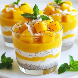 Für den Mango Coconut Chia Pudding brauchst du: - 1 Tasse Kokosmilch (aus der Dose oder aus Karton) - 1/4 Tasse Chiasamen - 2 Esslöffel Ahornsirup (oder Honig) - 1 reife Mango, gewürfelt (einen kleinen Teil für die Dekoration aufheben) - 1/2 Teelöffel Vanilleextrakt - Eine Prise Meersalz - Frische Minzblätter zur Garnierung (optional) Chiasamen sind wahre Kraftpakete. Sie sind reich an Ballaststoffen und Omega-3-Fettsäuren. Diese Nährstoffe fördern die Verdauung und unterstützen das Herz. Kokosmilch bringt gesunde Fette mit. Diese helfen, den Cholesterinspiegel zu senken. Mango ist voller Vitamine. Sie stärkt das Immunsystem und sorgt für gesunde Haut. Ahornsirup oder Honig fügen natürliche Süße hinzu. Diese Süßstoffe enthalten Antioxidantien. So bleibt dein Pudding nicht nur lecker, sondern auch gesund. Du kannst einige Zutaten leicht ersetzen. Wenn du keine Kokosmilch magst, probiere Mandelmilch oder Sojamilch. Chiasamen können durch Leinsamen ersetzt werden. Diese haben ähnliche Vorteile. Wenn du keinen Ahornsirup hast, nimm Honig oder Agavendicksaft. Für eine fruchtige Note kannst du auch andere Früchte nutzen. Probiere Beeren oder Bananen für eine neue Geschmacksrichtung. {{ingredient_image_2}} Zuerst nehmen Sie eine mittelgroße Schüssel. Geben Sie die Kokosmilch, den Ahornsirup und den Vanilleextrakt hinein. Rühren Sie die Mischung gut um. Mischen Sie alles, bis es gleichmäßig aussieht. Fügen Sie dann die Chiasamen und eine Prise Meersalz hinzu. Stellen Sie sicher, dass die Chiasamen gut verteilt sind. Dadurch wird der Pudding schön cremig. Jetzt decken Sie die Schüssel ab. Nutzen Sie Frischhaltefolie oder einen Deckel. Stellen Sie die Schüssel für mindestens 4 Stunden in den Kühlschrank. Besser ist es, wenn Sie die Mischung über Nacht kühlen. Während dieser Zeit saugen die Chiasamen die Flüssigkeit auf. Das macht die Mischung dick und lecker. Nach der Kühlzeit ist der Pudding bereit zum Servieren. Rühren Sie ihn gut um. Wenn er zu dick ist, fügen Sie etwas Kokosmilch hinzu. Nehmen Sie nun Gläser oder Schalen. Beginnen Sie mit einer Schicht Chia-Pudding. Fügen Sie dann eine Schicht gewürfelte Mango hinzu. Wiederholen Sie dies, bis die Behälter voll sind. Dekorieren Sie den Pudding mit den restlichen Mangostücken. Frische Minzblätter geben zusätzlich Farbe und Geschmack. Um die perfekte Konsistenz für deinen Mango Coconut Chia Pudding zu erreichen, ist Timing wichtig. Lass die Chiasamen mindestens vier Stunden oder über Nacht quellen. Das gibt ihnen Zeit, die Flüssigkeit aufzunehmen. Wenn der Pudding zu dick wird, füge einfach mehr Kokosmilch hinzu. Rühre gut um, bis du die gewünschte Cremigkeit erreichst. Eine ansprechende Präsentation macht das Essen noch schöner. Nutze klare Gläser, um die Schichten sichtbar zu machen. Beginne mit einer Schicht Pudding, dann eine Schicht Mango, und wiederhole das. Garniere den Pudding mit den zurückbehaltenen Mangostücken. Frische Minzblätter bringen Farbe und einen frischen Geschmack. Du kannst auch geröstete Kokosnuss darüber streuen für zusätzlichen Crunch. Ein häufiger Fehler ist, die Chiasamen nicht gut genug zu vermengen. Das führt dazu, dass sie klumpen. Um das zu vermeiden, rühre die Mischung gut um, bevor du sie in den Kühlschrank stellst. Ein weiterer Fehler ist, den Pudding zu lange stehen zu lassen. Wenn du ihn zu lange im Kühlschrank lässt, kann die Konsistenz zu fest werden. Überprüfe daher regelmäßig, ob er die richtige Textur hat. Pro Tipps Die richtige Konsistenz: Falls der Pudding nach dem Abkühlen zu dick ist, fügen Sie schrittweise mehr Kokosmilch hinzu, bis die gewünschte Cremigkeit erreicht ist. Frische Zutaten: Verwenden Sie reife Mangos für den besten Geschmack. Achten Sie darauf, dass die Mangos süß und saftig sind, um ein optimales Aroma zu erzielen. Variationen: Experimentieren Sie mit verschiedenen Früchten wie Passionsfrucht oder Beeren, um die Aromen zu variieren und neue Geschmackskombinationen zu entdecken. Vorbereitung im Voraus: Bereiten Sie den Chia-Pudding am Vortag zu, damit er über Nacht im Kühlschrank durchziehen kann und die perfekten Textur erreicht. {{image_4}} Mango und Kokos sind ein Traumteam. Aber du kannst auch andere Früchte nutzen. Probiere Ananas, Papaya oder Kiwi. Diese Früchte bringen frische Farben und Geschmäcker. Schneide sie klein und mische sie in die Schichten. Das macht dein Dessert noch aufregender. Ich liebe die Flexibilität dieses Rezepts. Du kannst die Kokosmilch leicht ersetzen. Nutze Mandelmilch oder Hafermilch für eine vegane Variante. Auch der Ahornsirup kann durch Agavendicksaft ersetzt werden. So bleibt dein Chia-Pudding rein pflanzlich und lecker. Für mehr Spannung kannst du Gewürze oder Extrakte hinzufügen. Eine Prise Zimt oder Muskatnuss gibt einen warmen Geschmack. Vanilleextrakt sorgt für Tiefe. Experimentiere mit diesen Zutaten und finde deine Lieblingskombination. Du wirst überrascht sein, wie viel Geschmack du hinzufügen kannst. Lagern Sie Ihren Mango Coconut Chia Pudding in einem luftdichten Behälter. Dies schützt den Pudding vor Gerüchen und Feuchtigkeit im Kühlschrank. Stellen Sie sicher, dass der Behälter sauber und trocken ist. Im Kühlschrank bleibt Ihr Chia Pudding bis zu fünf Tage frisch. Achten Sie darauf, ihn gut abzudecken. Wenn Sie Anzeichen von Veränderungen bemerken, wie einen ungewöhnlichen Geruch oder eine veränderte Farbe, werfen Sie ihn weg. Ja, Sie können Chia Pudding einfrieren! Füllen Sie ihn in eine gefrierfeste Box. Lassen Sie etwas Platz für die Ausdehnung. Der Pudding hält sich bis zu drei Monate im Gefrierfach. Zum Auftauen stellen Sie ihn einfach über Nacht in den Kühlschrank. Rühren Sie ihn vor dem Servieren gut um. So erhält er seine cremige Konsistenz zurück. Der Pudding sollte mindestens 4 Stunden im Kühlschrank bleiben. So können die Chiasamen die Kokosmilch gut aufnehmen. Besser ist es, ihn über Nacht stehen zu lassen. Dann wird die Konsistenz noch cremiger und fester. Wenn du ihn länger lässt, bleibt er frisch und lecker. Ja, du kannst andere Pflanzenmilch verwenden. Mandeldrink, Sojamilch oder Hafermilch sind tolle Optionen. Jede Pflanzenmilch bringt ihren eigenen Geschmack mit. Achte darauf, ungesüßte Varianten zu wählen, wenn du den Pudding nicht zu süß magst. Experimentiere und finde die Kombination, die dir am besten gefällt. Ja, Chia-Pudding ist sehr gesund. Chiasamen sind reich an Ballaststoffen, Omega-3-Fettsäuren und Antioxidantien. Sie helfen dir, dich länger satt zu fühlen. Kokosmilch liefert gesunde Fette und verleiht einen tollen Geschmack. Du bekommst durch diesen Pudding viele Nährstoffe in einer leckeren Form. Chia-Pudding ist einfach und lecker. Wir haben die Zutaten, deren Vorteile und Alternativen besprochen. Die Schritt-für-Schritt-Anleitung hilft dir, ihn perfekt zuzubereiten. Auch Tipps für die richtige Konsistenz und Dekoration waren wichtig. Du kannst verschiedene Variationen ausprobieren und weißt jetzt, wie du den Pudding richtig lagerst. Denke daran: Mit ein paar Tricks machst du ihn besonders. Genieße deinen Chia-Pudding!