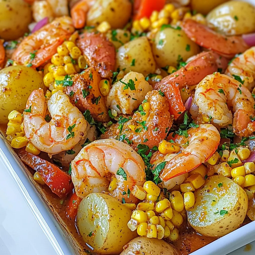 Für ein leckeres Sheet Pan Shrimp Boil brauchen Sie: - 450 g große Garnelen, gereinigt und geschält - 450 g Babykartoffeln, halbiert - 2 Maiskolben, in Drittel geschnitten - 1 Paprika, gewürfelt (jede Farbe) - 1 kleine rote Zwiebel, gewürfelt - 4 Knoblauchzehen, fein gehackt Diese Zutaten machen das Gericht bunt und voller Geschmack. Die Garnelen geben dem Essen eine tolle Textur. Die Babykartoffeln sorgen für die Sättigung, und das Gemüse bringt Frische. Die Gewürze und Öle sind der Schlüssel zum Geschmack. Hier ist, was Sie brauchen: - 3 Esslöffel Olivenöl - 2 Esslöffel Cajun-Gewürz - 1 Teelöffel geräucherter Paprika - 1 Esslöffel Zitronensaft - Salz und Pfeffer nach Geschmack Das Olivenöl hilft, die Aromen zu vereinen. Das Cajun-Gewürz bringt eine würzige Note. Geräucherter Paprika fügt Tiefe hinzu, und der Zitronensaft sorgt für Frische. Garnierungen machen das Gericht besonders. Ich empfehle: - Frische Petersilie, gehackt Die Petersilie bringt Farbe und einen frischen Geschmack. Sie können auch Zitronenscheiben danebenlegen. Sie sehen toll aus und geben zusätzlichen Pep beim Servieren. {{ingredient_image_2}} Zuerst heizen Sie Ihren Ofen auf 200°C vor. Das sorgt dafür, dass alles gleichmäßig gart. Legen Sie ein großes Backblech mit Backpapier aus. So wird die Reinigung später einfacher. Nehmen Sie eine große Schüssel. Dort vermengen Sie die halbierten Babykartoffeln mit 2 Esslöffeln Olivenöl. Fügen Sie Salz, Pfeffer und 1 Esslöffel Cajun-Gewürz hinzu. Rühren Sie alles gut um, bis die Kartoffeln gleichmäßig bedeckt sind. Jetzt verteilen Sie die gewürzten Kartoffeln auf dem Backblech. Achten Sie darauf, dass sie in einer einzigen Schicht liegen. Rösten Sie die Kartoffeln für 20 Minuten im Ofen. Dies macht sie zart und leicht knusprig. Während die Kartoffeln garen, können Sie die Garnelen und das Gemüse vorbereiten. In einer anderen Schüssel kombinieren Sie die Garnelen, den Mais, die gewürfelte Paprika, die rote Zwiebel und den gehackten Knoblauch. Fügen Sie das verbleibende Olivenöl, das Cajun-Gewürz, den geräucherten Paprika, den Zitronensaft, Salz und Pfeffer hinzu. Mischen Sie alles gut, damit die Aromen sich verbinden. Nach 20 Minuten nehmen Sie das Backblech heraus und geben die Garnelen- und Gemüsemischung über die Kartoffeln. Stellen Sie das Backblech zurück in den Ofen und rösten Sie alles für 10-15 Minuten. Die Garnelen sind fertig, wenn sie undurchsichtig sind. Nehmen Sie das Blech heraus und garnieren Sie das Gericht mit frischer Petersilie, bevor Sie es servieren. Um die Gewürze gleichmäßig zu verteilen, mische die Garnelen und das Gemüse gut. Verwende eine große Schüssel, damit du genügend Platz hast. Achte darauf, dass jedes Stück gut beschichtet ist. So schmeckt jeder Bissen lecker. Cajun-Gewürz bringt den besten Geschmack. Nutze frische Kräuter für eine zusätzliche Geschmacksnote. Die Garzeit ist wichtig, damit die Garnelen perfekt werden. Röste die Kartoffeln zuerst 20 Minuten. Dann füge die Garnelen hinzu und röste sie weitere 10-15 Minuten. Achte darauf, dass die Garnelen nicht übergart werden. Sie sollten undurchsichtig sein, wenn sie fertig sind. Ein schneller Blick hilft, den perfekten Zeitpunkt zu finden. Die Präsentation macht alles noch besser. Serviere das Gericht direkt auf dem Backblech für eine rustikale Note. Alternativ kannst du alles auf eine große Servierplatte geben. Füge Zitronenschnitze hinzu, damit jeder frischen Saft darüber träufeln kann. Frische Petersilie macht das Gericht schön und einladend. Pro Tipps Garnelen richtig wählen: Achten Sie darauf, frische, große Garnelen zu verwenden, die eine feste Textur haben. Tiefgefrorene Garnelen können auch verwendet werden, aber lassen Sie sie vorher im Kühlschrank auftauen. Für zusätzlichen Geschmack marinieren: Lassen Sie die Garnelen vor dem Hinzufügen zu den Kartoffeln für 15-30 Minuten in einer Mischung aus Olivenöl, Cajun-Gewürz und Zitronensaft marinieren, um den Geschmack zu intensivieren. Gemüse gleichmäßig schneiden: Achten Sie darauf, dass das Gemüse in gleich große Stücke geschnitten wird, damit es gleichmäßig gart und die Texturen harmonisch sind. Resteverwertung: Verwenden Sie übrig gebliebenes Gemüse oder Garnelen in einem Salat oder als Füllung für Wraps, um ein köstliches und schnelles Mittagessen zu kreieren. {{image_4}} Für eine bunte Mischung können Sie verschiedene Gemüsesorten nutzen. Fügen Sie Erbsen, Zucchini oder Karotten hinzu. Diese bringen Farbe und Geschmack. Achten Sie darauf, dass die Garzeiten ähnlich sind, damit alles gleichmäßig gart. Wenn Sie Garnelen nicht mögen, probieren Sie Hähnchenbrust oder Würstchen. Hähnchen passt gut zu den Gewürzen. Würstchen bringen eine rauchige Note. Achten Sie darauf, die Garzeiten anzupassen. Hähnchen benötigt länger als Garnelen. Spielen Sie mit Gewürzen! Nutzen Sie italienische Kräuter für einen anderen Geschmack. Oder probieren Sie asiatische Gewürze wie Sojasauce und Ingwer. Diese Variationen verleihen Ihrem Gericht eine neue Note. Experimentieren Sie und finden Sie Ihre Lieblingskombination! Wenn Sie Reste haben, bewahren Sie diese in einem luftdichten Behälter auf. Lassen Sie das Gericht auf Raumtemperatur abkühlen, bevor Sie es in den Kühlschrank stellen. So bleibt der Geschmack frisch. Sie können die Reste bis zu drei Tage im Kühlschrank lagern. Stellen Sie sicher, dass der Behälter gut verschlossen ist, um Gerüche zu vermeiden. Wenn Sie frische Garnelen übrig haben, können Sie diese auch einfrieren. Legen Sie die Garnelen in einen gefrierfesten Beutel. Entfernen Sie so viel Luft wie möglich, um Frost zu verhindern. Gefrorene Garnelen sind bis zu drei Monate haltbar. Achten Sie darauf, die Garnelen vor dem Kochen vollständig aufzutauen. Zum Aufwärmen der Reste ist der Ofen die beste Wahl. Heizen Sie den Ofen auf 180°C vor. Legen Sie die Reste auf ein Backblech und decken Sie sie mit Alufolie ab. So bleibt das Gericht saftig. Erwärmen Sie es etwa 10-15 Minuten, bis es heiß ist. Alternativ können Sie die Reste in der Mikrowelle aufwärmen. Nutzen Sie eine mikrowellengeeignete Schüssel und decken Sie sie ab, um Spritzer zu vermeiden. Die Zubereitung dauert insgesamt 40 Minuten. Davon sind 15 Minuten für die Vorbereitung und 25 Minuten für das Kochen. Das Gericht ist schnell und einfach, perfekt für ein Familienessen unter der Woche. Ja, du kannst das Rezept leicht anpassen. Verdopple einfach die Zutaten für mehr Portionen. Achte darauf, dass das Backblech genug Platz bietet. Du kannst auch mehrere Bleche gleichzeitig verwenden. Zu einem Sheet Pan Shrimp Boil passen viele Beilagen gut. Ein frischer Salat ist eine tolle Wahl. Auch knuspriges Brot passt gut dazu. Du könntest auch Reis oder Quinoa anbieten, um die Sauce aufzusaugen. Das Sheet Pan Shrimp Boil ist ein einfaches und schmackhaftes Gericht. Wir haben die besten Zutaten, Gewürze und Garnierungen besprochen. Auch die Schritt-für-Schritt-Anleitung hilft dir, das Gericht perfekt zuzubereiten. Die Tipps sorgen für optimale Garzeiten und eine schöne Präsentation. Du kannst das Rezept nach deinem Geschmack anpassen und sogar Reste sicher aufbewahren. Experimentiere mit neuen Variationen, um dein Kochen aufregender zu machen. Probiere es aus und genieße ein tolles Essen mit Familie und Freunden!
