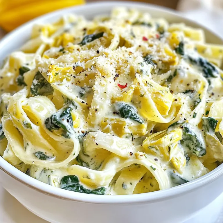 - 340 g Fettuccine-Pasta - 1 Dose (400 g) Artischockenherzen, abgetropft und geviertelt - 4 Tassen frische Spinatsorten, gewaschen - 240 g Frischkäse, zimmerwarm - 240 ml Gemüsebrühe - 120 ml Schlagsahne - 50 g geriebener Parmesan - 2 Knoblauchzehen, fein gehackt - 1/2 Teelöffel zerstoßene rote Pfefferflocken (nach Geschmack anpassen) - Salz und Pfeffer nach Geschmack - 2 Esslöffel Olivenöl - Frisches Basilikum, zur Dekoration (optional) Die Zutaten sind einfach zu finden. Du brauchst frische und hochwertige Produkte. Beginne mit der Pasta. Kochen ist der erste Schritt. Dann kommen die Artischocken, die du gut abtropfen lässt. Wash the spinach well. Die frischen Blätter sind wichtig für den Geschmack. Der Frischkäse sollte zimmerwarm sein, damit er sich gut in die Sauce mischt. Bereite den Knoblauch vor, indem du ihn fein hackst. Das wird den Geruch und Geschmack verstärken. Diese Pasta ist nicht nur lecker, sondern auch nahrhaft. Spinat liefert Vitamine und Mineralstoffe. Artischocken sind reich an Ballaststoffen und Antioxidantien. Frischkäse und Schlagsahne sorgen für die cremige Textur. Parmesan fügt einen herzhaften Geschmack hinzu. Achte auf die Menge an Salz und Pfeffer. Diese Zutaten unterstützen den Geschmack, ohne zu übertreiben. Die gesamte Kombination ist nicht nur köstlich, sondern auch eine gute Wahl für eine ausgewogene Mahlzeit. {{ingredient_image_2}} Kochen Sie zuerst die Fettuccine. Bringen Sie in einem großen Topf Wasser zum Kochen. Fügen Sie die 340 g Fettuccine hinzu. Kochen Sie die Pasta nach den Anweisungen auf der Packung. Es sollte etwa 8 bis 10 Minuten dauern, bis sie al dente ist. Wenn die Pasta fertig ist, gießen Sie sie ab und stellen Sie sie beiseite. Jetzt kommt der spannende Teil! Erhitzen Sie 2 Esslöffel Olivenöl in einer großen Pfanne bei mittlerer Hitze. Geben Sie 2 fein gehackte Knoblauchzehen in die Pfanne. Braten Sie den Knoblauch etwa 1 Minute lang an. Er wird duften! Fügen Sie dann 4 Tassen gewaschenen frischen Spinat hinzu. Rühren Sie alles gut um, bis der Spinat verwelkt ist. Das dauert etwa 2 bis 3 Minuten. Jetzt geben Sie 1 Dose abgetropfte und geviertelte Artischockenherzen dazu. Mischen Sie alles gut durch. Reduzieren Sie nun die Hitze auf niedrig. Fügen Sie 240 g zimmerwarmen Frischkäse in die Pfanne. Geben Sie auch 240 ml Gemüsebrühe und 120 ml Schlagsahne dazu. Rühren Sie ständig, bis der Frischkäse geschmolzen und die Sauce cremig ist. Fügen Sie 50 g geriebenen Parmesan hinzu und streuen Sie 1/2 Teelöffel zerstoßene rote Pfefferflocken hinein. Schmecken Sie die Sauce mit Salz und Pfeffer ab. Wenn die Sauce zu dick ist, geben Sie mehr Gemüsebrühe hinzu. Fügen Sie nun die gekochten Fettuccine hinzu und vermischen Sie alles gut. Kochen Sie die Mischung für 2 bis 3 Minuten, bis sie heiß ist. Voilà, Ihre cremige Spinatsauce ist bereit! Um die beste Sauce zu machen, achte auf die Hitze. Halte sie niedrig, damit die Sauce nicht anbrennt. Verwende zimmerwarmen Frischkäse. Das hilft, ihn schneller zu schmelzen. Rühre ständig, bis die Sauce cremig wird. Füge dann den Parmesan hinzu. Der Käse sorgt für einen tollen Geschmack. Die Kochzeit für die Fettuccine beträgt etwa 10 Minuten. Achte darauf, sie al dente zu kochen. Wenn die Sauce zu dick ist, füge mehr Gemüsebrühe hinzu. Rühre gut um, bis du die gewünschte Konsistenz erreichst. Wenn du die Sauce dünner magst, gib einfach mehr Flüssigkeit dazu. Fettuccine ist eine gute Wahl, aber du kannst auch andere Pastasorten verwenden. Penne oder Fusilli passen ebenfalls gut. Sie halten die Sauce gut fest. Probiere auch frische Pasta. Sie hat einen tollen Geschmack und eine weiche Textur. Pro Tipps Frischkäse richtig verwenden: Stellen Sie sicher, dass der Frischkäse zimmerwarm ist, damit er sich leichter in die Sauce einfügt und eine cremige Konsistenz erreicht. Spinat richtig garen: Überkochen Sie den Spinat nicht; lassen Sie ihn nur so lange in der Pfanne, bis er gerade verwelkt ist, um seine frische Farbe und Nährstoffe zu erhalten. Würzen nach Geschmack: Passen Sie die Menge der zerstoßenen roten Pfefferflocken an, je nachdem, wie scharf Sie die Sauce mögen. Beginnen Sie mit weniger und fügen Sie mehr hinzu, wenn nötig. Variationen ausprobieren: Fügen Sie zusätzliches Gemüse wie Zucchini oder Pilze hinzu, um die Pasta nach Ihrem Geschmack zu variieren und noch reichhaltiger zu machen. {{image_4}} Um eine vegane Variante dieser Pasta zu machen, ersetze den Frischkäse durch ein pflanzliches Produkt. Du kannst Cashew-Creme oder veganen Frischkäse verwenden. Ersetze die Schlagsahne durch Kokosmilch oder Hafercreme. Diese Optionen geben der Sauce eine tolle Cremigkeit, ohne tierische Produkte zu nutzen. Für eine glutenfreie Pasta kannst du glutenfreie Fettuccine oder andere glutenfreie Nudeln verwenden. Achte darauf, dass die Brühe auch glutenfrei ist. Diese Alternativen sorgen dafür, dass jeder die Pasta genießen kann, ohne auf den Geschmack zu verzichten. Um noch mehr Geschmack hinzuzufügen, probiere geröstete Pinienkerne oder Walnüsse. Sie passen gut zu Spinat und Artischocken. Du kannst auch getrocknete Tomaten oder Oliven hinzufügen. Das gibt der Pasta eine zusätzliche Geschmackstiefe. Frische Kräuter wie Petersilie oder Dill bringen frische Aromen in das Gericht. Um die Reste der cremigen Spinat-Artischocken-Pasta gut zu lagern, lege sie in einen luftdichten Behälter. So bleiben die Aromen frisch. Du kannst die Reste bis zu drei Tage im Kühlschrank aufbewahren. Achte darauf, die Pasta gut zu kühlen, um die Frische zu halten. Wenn du die Pasta aufwärmen möchtest, ist die Mikrowelle eine praktische Option. Gib die Portion in einen mikrowellengeeigneten Behälter. Füge etwas Wasser hinzu, um die Sauce feucht zu halten. Decke den Behälter locker mit einem Deckel oder einem feuchten Papiertuch ab. Erwärme die Pasta in Intervallen von 1–2 Minuten. Rühre zwischendurch um, um eine gleichmäßige Erwärmung zu gewährleisten. Um die Haltbarkeit zu verlängern, friere die Reste ein. Teile die Pasta in Portionen und verwende gefriergeeignete Behälter oder Beutel. So hält sie sich bis zu drei Monate. Wenn du sie wieder auftauen möchtest, lasse die Pasta einfach über Nacht im Kühlschrank auftauen. Erwärme sie dann wie oben beschrieben. So bleibt der Geschmack und die Textur optimal. Um den Geschmack zu verbessern, füge frische Kräuter hinzu. Basilikum, Petersilie oder Thymian passen gut. Du kannst auch mehr Parmesan verwenden. Ein Spritzer Zitronensaft bringt Frische. Experimentiere mit Gewürzen. Zerstoßene rote Pfefferflocken geben einen kleinen Kick. Denke daran, die Sauce gut abzuschmecken. Ja, frischer Spinat ist eine tolle Wahl. Achte darauf, ihn gut zu waschen und zu trocknen. Verwende etwa 4 Tassen frischen Spinat. Der frische Spinat hat mehr Geschmack und Farbe. Erwelke ihn beim Anbraten kurz, bis er zusammenfällt. So bleibt er zart und schmackhaft. Die Pasta hält sich 3 bis 4 Tage im Kühlschrank. Stelle sicher, dass du sie in einem luftdichten Behälter aufbewahrst. Vor dem Essen kannst du sie leicht aufwärmen. Verwende die Mikrowelle oder einen Topf mit etwas Wasser. So bleibt die Sauce cremig und lecker. Diese Anleitung hat Ihnen gezeigt, wie man eine köstliche Spinat-Artischocken-Pasta zubereitet. Wir haben die Zutaten, die Zubereitung und wichtige Tipps für den perfekten Geschmack behandelt. Denken Sie daran, dass kleine Änderungen den großen Unterschied machen können. Ob vegan oder glutenfrei, lassen Sie Ihrer Kreativität freien Lauf. Bewahren Sie Reste gut auf und genießen Sie sie später. Ich hoffe, diese Informationen helfen Ihnen, jedes Mal ein leckeres Gericht zu zaubern. Probieren Sie es aus und teilen Sie Ihre Erfahrungen!