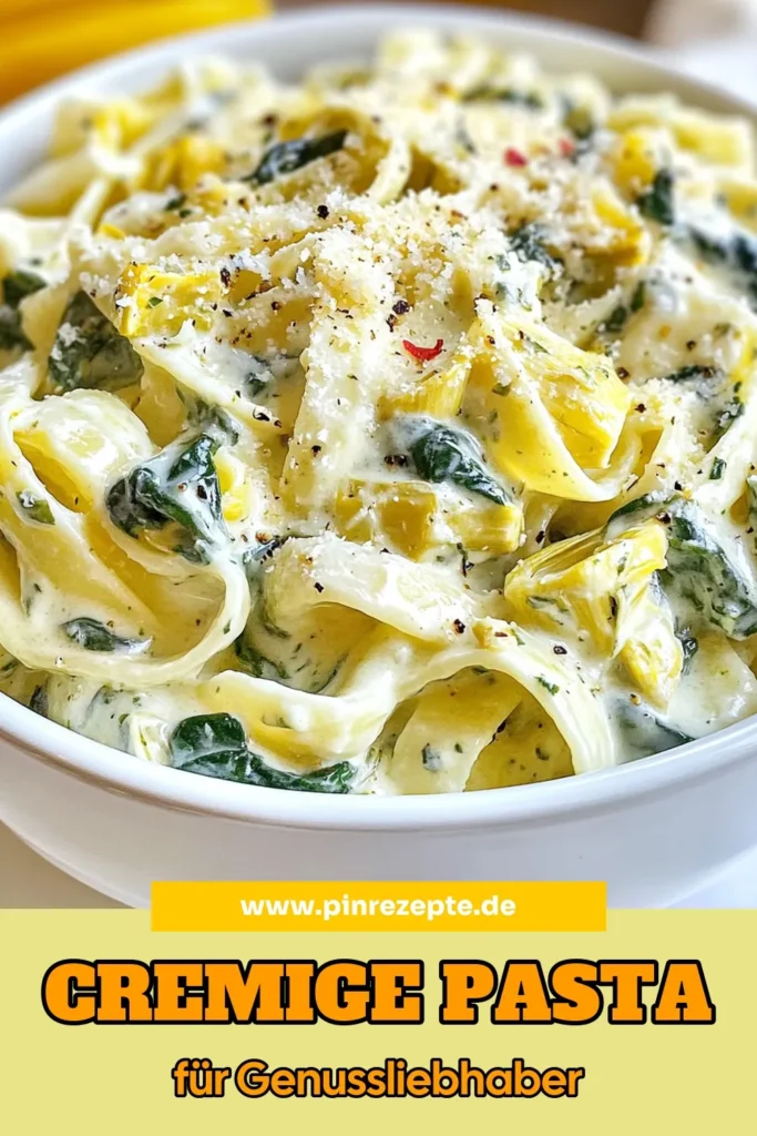 Entdecken Sie die leckere Cremige Spinat-Artischocken-Pasta! Dieses einfache Pasta Rezept kombiniert zarte Fettuccine mit Spinat und Artischocken in einer unwiderstehlichen cremigen Pasta Sauce. Ideal für schnelle und gesunde vegetarische Pasta Gerichte. Zaubern Sie in nur 30 Minuten ein köstliches Essen, das den Gaumen verwöhnt. Probieren Sie es aus und speichern Sie das Rezept für Ihr nächstes Abendessen! #PastaRezepte #Vegetarisch #GesundesEssen #KochenLeichtGemacht