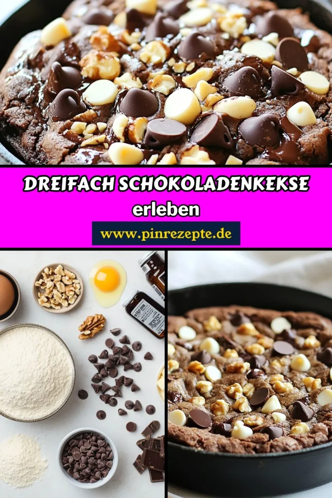 Entdecke das Rezept für unsere dreifach Schokoladenkekse - die perfekten Schokoladen-Pfannkuchen-Kekse! Dieses einfaches Keksrezept ist glutenfrei und voller schmelzender Schokoladenstückchen. Bereite diesen köstlichen Keks in einer gusseisernen Pfanne zu und genieße ihn warm mit Vanilleeis. Ideal für Schokoladenliebhaber! Speichere das Rezept und überrasche deine Freunde! #KekseMitSchokoladenstückchen #GlutenfreieKekse #Schokoladenkekse #EinfachesKeksrezept