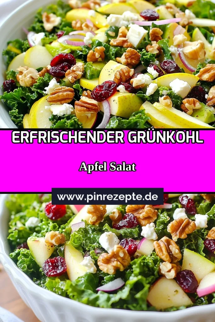 Genieße diesen köstlichen Grünkohlsalat Rezept mit Apfel und Cranberrys! Dieser gesunde Salat mit Nüssen kombiniert nahrhaften Grünkohl, fruchtige Äpfel und süße Cranberrys für ein Geschmackserlebnis. Ideal als einfacher Salatrezepte für jeden Anlass und perfekt für eine vegane Ernährung. Probiere unser Rezept aus und bring frische, gesunde Zutaten auf deinen Tisch! Pinne es jetzt! #GrünkohlsalatRezept #ApfelCranberrySalat #gesunderSalatMitNüssen #einfacheSalatrezepte