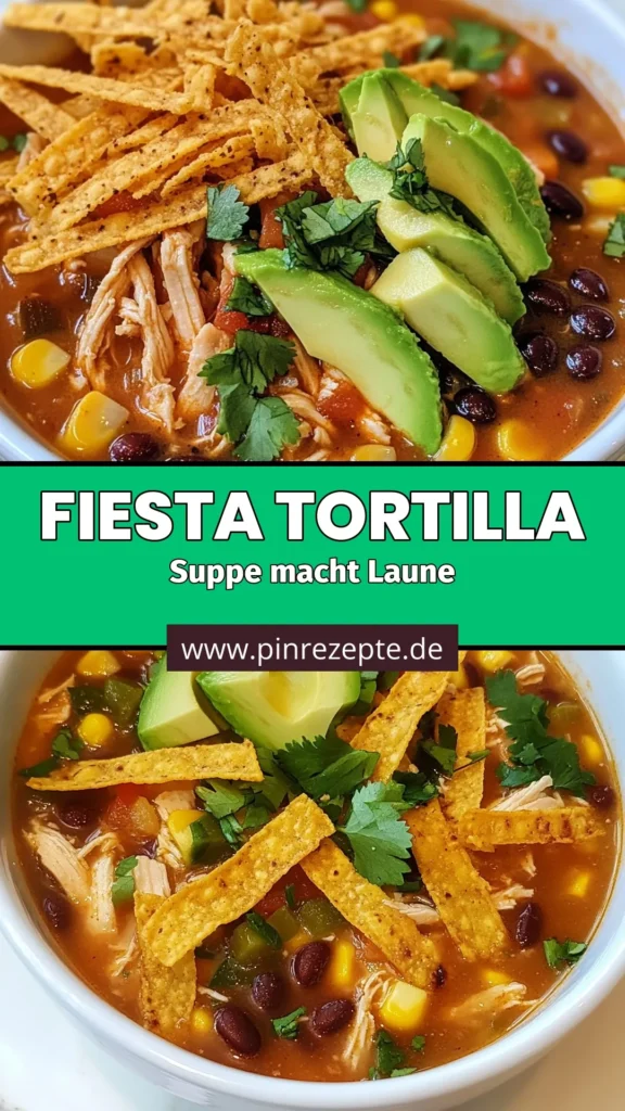 Entdecken Sie dieses einfache Hähnchensuppe Rezept mit unserer Fiesta Hähnchen Tortilla Suppe! Vollgepackt mit gesunden Zutaten wie Hähnchen, schwarzen Bohnen und frischem Gemüse, ist diese mexikanische Tortilla Suppe perfekt für jede Gelegenheit. In nur 40 Minuten zubereitet, ist sie eine köstliche Wahl für Familienessen. Probieren Sie es jetzt aus und bringen Sie Fiesta-Feeling in Ihre Küche! #Hähnchenrezepte #TortillaSuppe #MexikanischKochen #GesundeRezepte