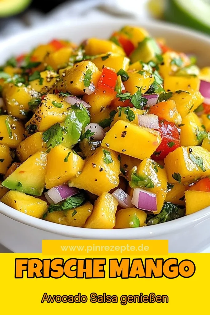 Entdecke unser köstliches Mango Avocado Salsa Rezept! Diese frische Salsa mit Mango und Avocado ist einfach zuzubereiten und perfekt für jede Gelegenheit. Mit einer Mischung aus roten Paprika und Zwiebeln erhältst du eine gesunde Salsa Rezept, die deinen Gaumen verwöhnt. Genieße mexikanische Salsa mit Mango als Dip oder Topping. Probiere es jetzt aus und teile dein Ergebnis! #MangoAvocadoSalsa #FrischeSalsa #EinfacheAvocadoSalsa #GesundeSalsa