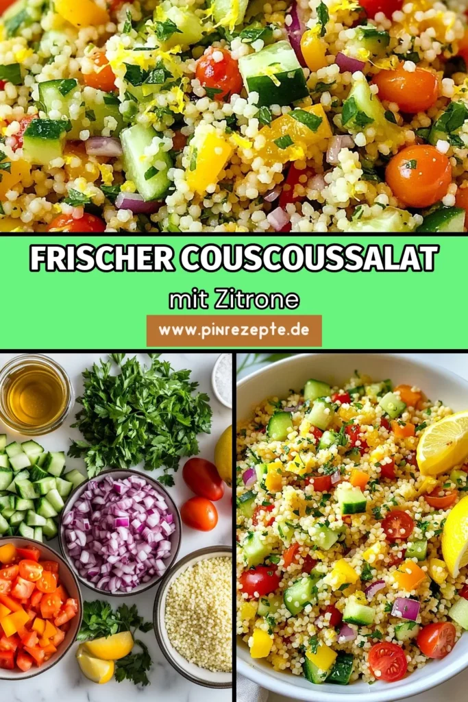 Entdecken Sie unser köstliches Couscous Salat Rezept mit frischen Zutaten und dem erfrischenden Geschmack von Zitronen Kräuter Salat. Dieser gesunde Salat mit Couscous ist eine perfekte Beilage für jedes Gericht. Ideal für Vegetarier und alle, die sich leicht und genussvoll ernähren wollen. Lassen Sie sich inspirieren und probieren Sie es aus! Ideal für Sommerpartys und Picknicks. Speichern Sie dieses Rezept für Ihre nächste Mahlzeit! #CouscousSalat #GesundeSalate #VegetarischerSalat #ErfrischendeBeilagen