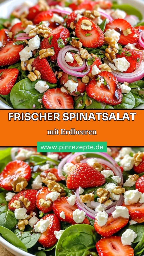 Entdecken Sie unser einfaches Spinatsalat mit Erdbeeren und Feta-Salat Rezept! Dieser gesunde Salat verbindet frischen Spinat mit süßen Erdbeeren und cremigem Feta, ideal für eine leichte Mahlzeit. Das Balsamico Dressing Rezept bringt alle Aromen perfekt zusammen. Perfekt für heiße Tage! Speichern Sie dieses köstliche Rezept für gesunde Salate mit Früchten noch heute! #Spinatsalat #FetaSalatRezept #gesundeSalate #BalsamicoDressing