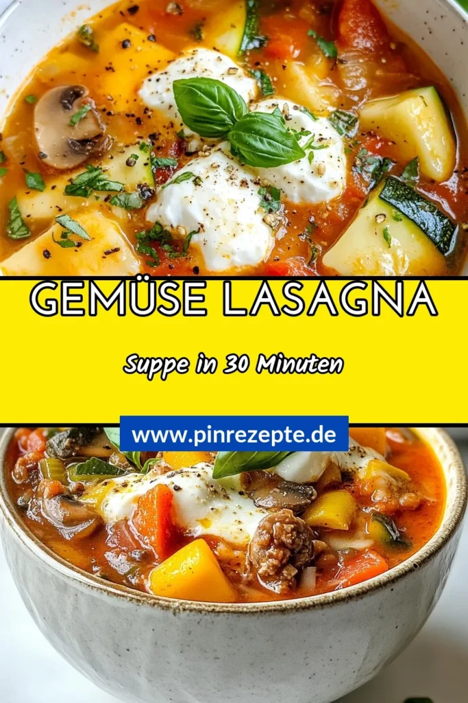 Entdecke unser einfaches und gesundes Rezept für Gemüse Lasagna Suppe! Dieses köstliche Lasagna Suppe Rezept ist vollgepackt mit frischem Gemüse und perfekt für ein schnelles Dinner. Ideal für alle, die vegetarische Lasagna lieben und nach gesunden Suppenrezepten suchen. Probiere es aus und verwandle deine Mahlzeiten! Speichere es für die nächste Woche oder teile es mit Freunden. #GemüseLasagnaSuppe #LasagnaSuppeRezept #GesundeSuppenrezepte #SchnelleDinnerRezepte