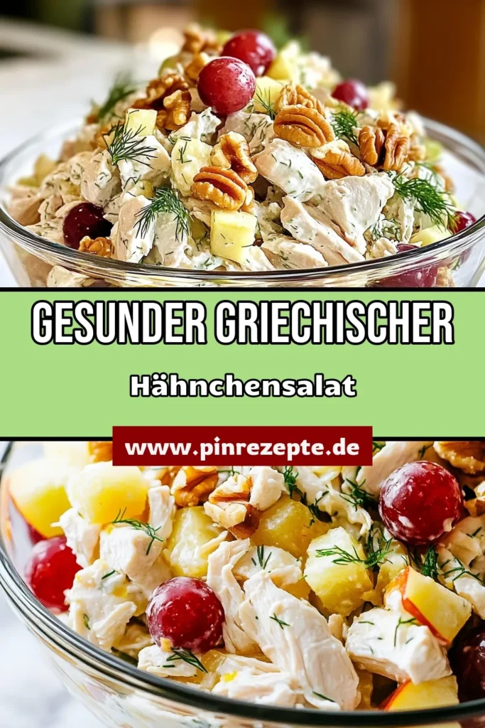 Entdecken Sie dieses köstliche Rezept für einen griechischer Joghurt-Hähnchensalat, der nicht nur einfach zuzubereiten ist, sondern auch voller gesunder Aromen steckt. Dieser proteinreiche Salat mit Trauben ist ideal für ein leichtes Mittagessen und überzeugt mit frischen Zutaten wie Walnüssen. Perfekt für alle, die gesunde Hähnchensalat Rezepte suchen. Probieren Sie es aus und speichern Sie das Rezept! #Hähnchensalat #gesundessen #Salatrezept #einfacherezepte