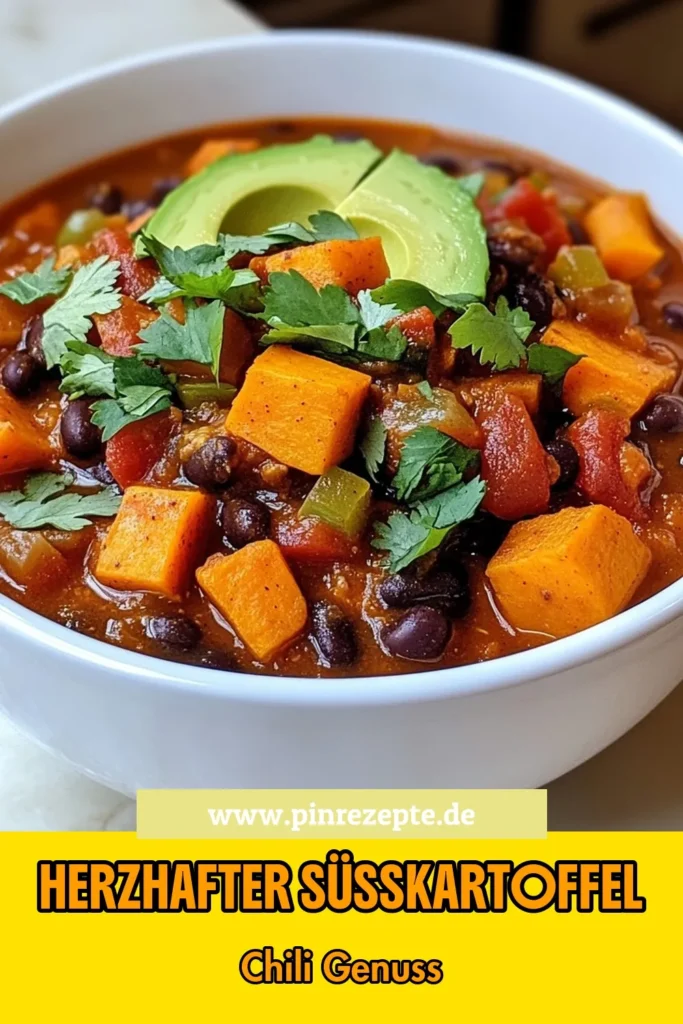Genieße unser leckeres Süßkartoffel Schwarzbohnen Chili – ein gesundes Chili mit Süßkartoffeln, das perfekt für vegane Ernährung ist! Dieses einfache Chili Rezept vereint die Aromen von Süßkartoffeln, schwarzen Bohnen und Gewürzen und ist ideal für eine nahrhafte Mahlzeit. Entdecke die Schritte zur Zubereitung und verwöhne dich mit diesem köstlichen Rezept. Jetzt ausprobieren und merken! #veganeschili #süßkartoffelchili #einfacherezepte #gesundessen