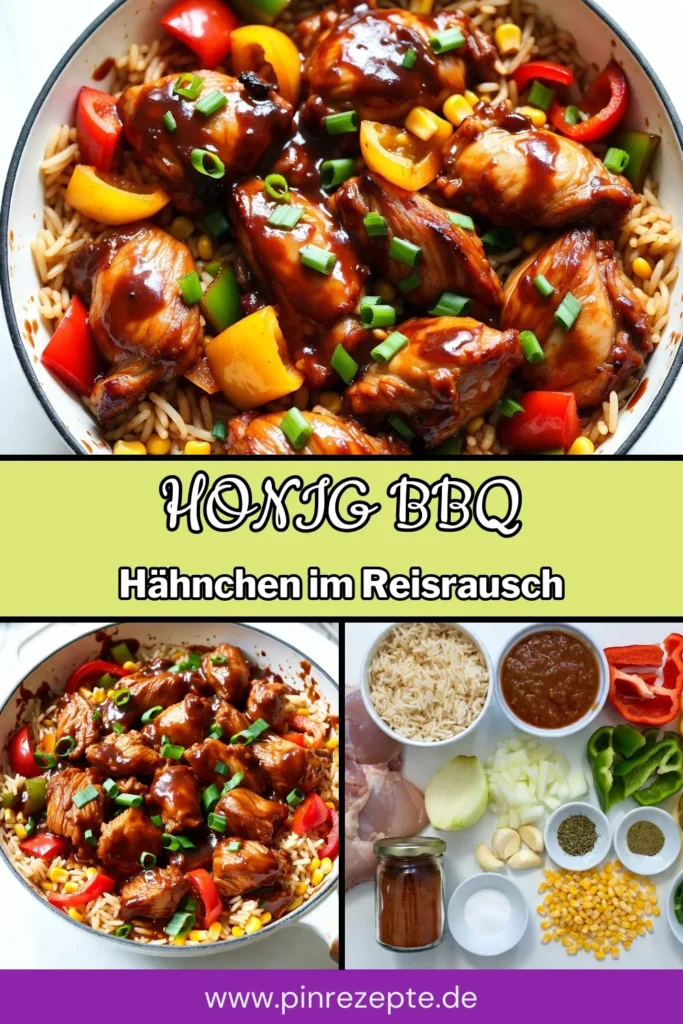 Entdecken Sie dieses köstliche Honig BBQ Hähnchen Reis-Pfanne Rezept, das perfekt für eine schnelle und einfache Mahlzeit ist. Mit saftigen Hähnchenschenkeln, aromatischer BBQ-Sauce und nahrhaftem Reis ist dieses Hähnchenschenkel Rezept genau das Richtige für eine leckere Familienmahlzeit. Überraschen Sie Ihre Lieben mit diesem BBQ Hähnchen mit Reis. Speichern Sie das Rezept jetzt! #EinfacheHähnchenrezepte #ReisPfanne #BBQ #Hähnchen