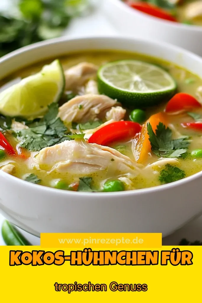 Entdecken Sie die köstliche Kokos-Limetten-Suppe, eine gesunde Hähnchensuppe mit Kokosmilch, die perfekt für ein schnelles Abendessen ist. Mit frischen Zutaten wie Hähnchenschenkeln, Paprika und Zuckerschoten ist diese asiatische Hühnchensuppe nicht nur nahrhaft, sondern auch einfach zuzubereiten. Genießen Sie eine Portion Gesundheit und Geschmack in jedem Löffel. Jetzt das Rezept ausprobieren und speichern! #KokosLimettenSuppe #Hähnchensuppe #GesundeRezepte #SchnelleAbendessen Ideen