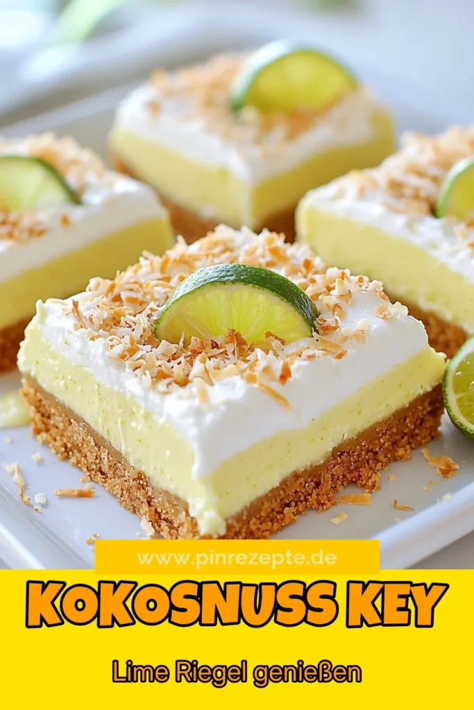 Entdecke unser Rezept für köstliche Key Lime Pie Bars! Diese einfachen Key Lime Bars vereinen den erfrischenden Geschmack von Limetten-Nachtisch mit Kokos und einer knusprigen Grahamcracker Kruste. Ideal für jeden Anlass, werden sie deine Gäste beeindrucken. Bereit, deinen eigenen Kokos-Limetten Riegel zu zaubern? Speichere dieses Rezept und genieße den ultimativen Sommergenuss! #KeyLimePieBars #KokosLimettenRiegel #einfacheKeyLimeBars #LimettenNachtischMitKokos