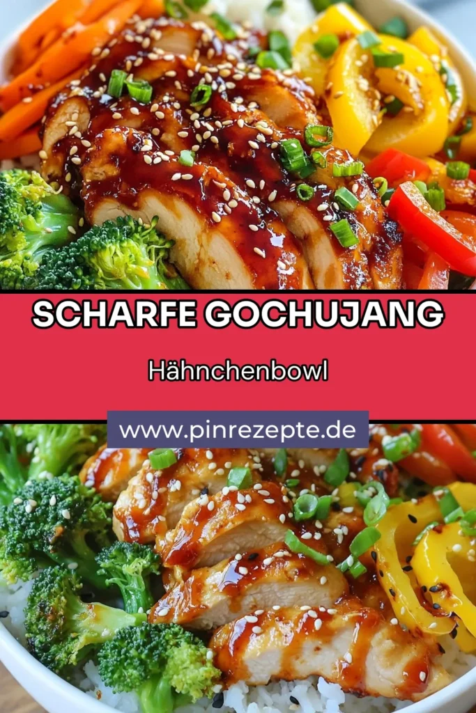 Entdecken Sie unser köstliches Gochujang Hähnchen Rezept, perfekt für asiatische Reisgerichte! Diese Spicy Chicken Bowl vereint mariniertes Hähnchen, knackiges Gemüse und duftenden Jasminreis. Ein gesundes Hühnchenrezept für ein schnelles Abendessen, das den Gaumen begeistert. Kochen Sie dieses einfache asiatische Rezept und genießen Sie ein authentisches Geschmackserlebnis! Jetzt ausprobieren und speichern! #GochujangHähnchen #AsiatischeRezepte #SpicyChickenBowl #GesundesHühnchenrezept