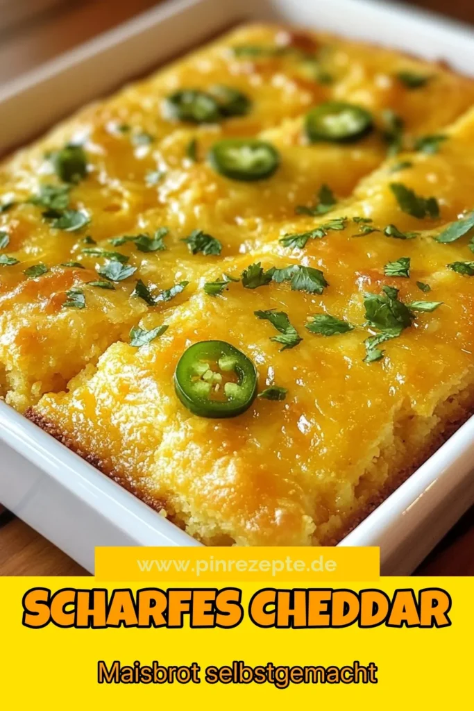 Entdecken Sie unser köstliches scharfes Maisbrot Rezept! Dieses Jalapeño Cheddar Brot vereint die perfekte Kombination aus scharfen Jalapeños und geschmolzenem Cheddar-Käse. Mit diesem einfachen Backrezept Maisbrot gelingt Ihnen ein gehaltvolles Cornbread Rezept, das Ihre Gäste begeistern wird. Probieren Sie es noch heute aus und bringen Sie Schwung in Ihre nächste Mahlzeit! #JalapeñoCheddarBrot #MaisbrotRezept #einfachesBackrezept #KäseJalapeñoCornbread