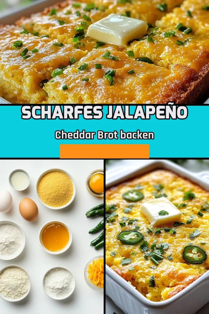Entdecken Sie unser Rezept für Jalapeño Cheddar Maisbrot! Dieses scharfe Cornbread Rezept vereint die perfekte Mischung aus würzigem Brot mit Käse und der angenehmen Schärfe von Jalapeños. Es ist ein einfaches Maisbrot, das in nur 35-40 Minuten zubereitet ist und ideal als Beilage zu Suppen oder Chili dient. Probieren Sie es jetzt aus und bringen Sie etwas Würze in Ihre Küche! #JalapeñoCheddarMaisbrot #ScharfesCornbread #WürzigesBrot #EinfachesMaisbrot