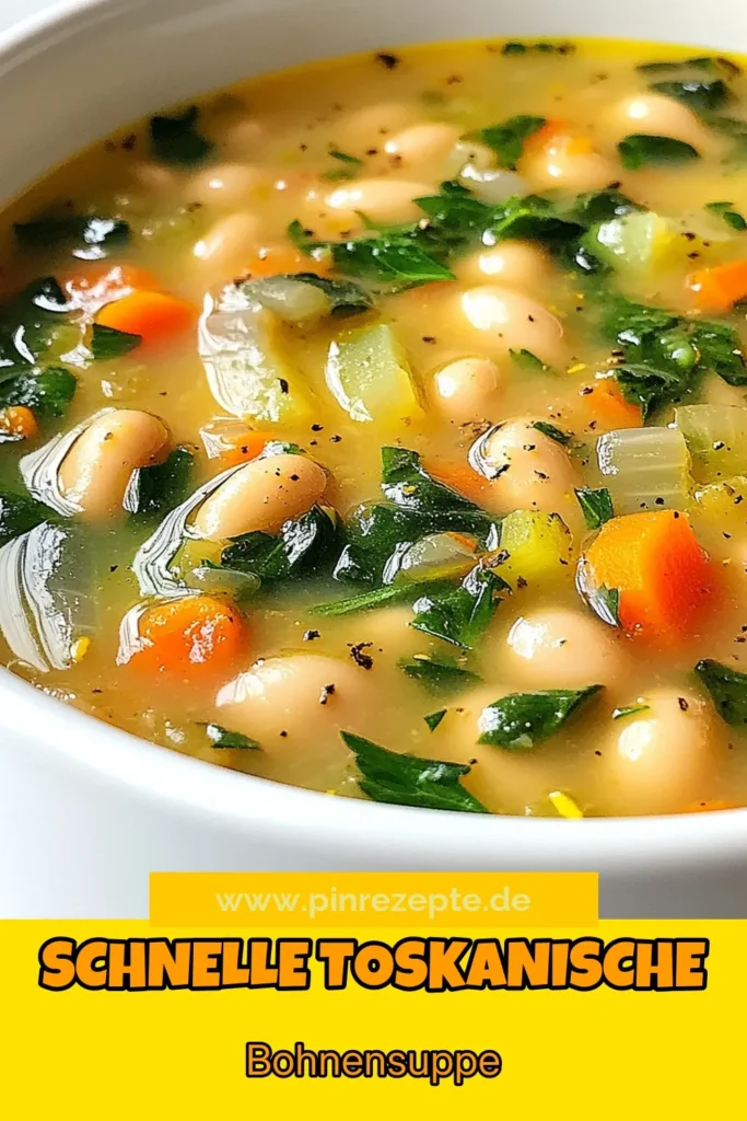 Entdecken Sie die köstliche toskanische weiße Bohnensuppe! Dieses Cannellini-Bohnen Rezept ist nicht nur einfach zuzubereiten, sondern auch eine gesunde Gemüsesuppe, die perfekt in jede italienische Küche passt. Ideal für Vegetarier und Liebhaber italienischer Suppenrezepte. Lassen Sie sich von den Aromen verzaubern und genießen Sie ein nahrhaftes Gericht. Speichern Sie dieses Rezept für Ihr nächstes Essen! #Bohnensuppe #GesundeRezepte #ItalienischeKüche #Vegetarisch