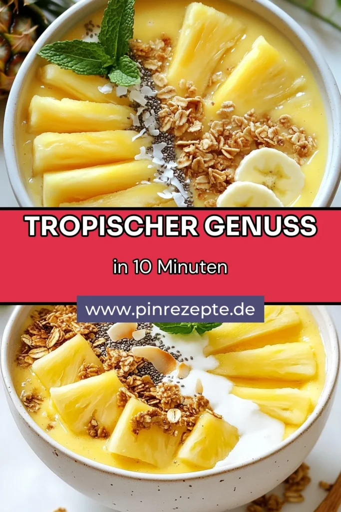 Entdecken Sie dieses köstliche Kokosnuss-Ananas-Smoothie Rezept, ideal für ein gesundes Frühstück! Mit gefrorener Ananas, Banane und cremiger Kokosmilch ist diese Smoothie Bowl die perfekte erfrischende Option. Fügen Sie frische Toppings hinzu, um fruchtige Smoothie Bowls zu genießen, die sowohl lecker als auch nahrhaft sind. Probieren Sie es aus und starten Sie Ihren Tag richtig! Speichern Sie dieses Rezept für die Zukunft! #KokosnussAnanasSmoothie #SmoothieBowlRezept #GesundeFrühstücksrezepte #FruchtigeSmoothieBowls