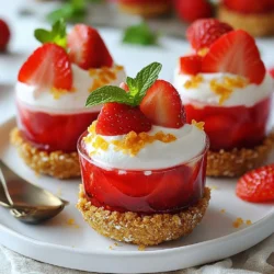 Um leckere Erdbeer-Brezel-Salat-Becher zu machen, brauchst du: - 1 Tasse zerbröselte Brezeln - 60 ml ungesalzene Butter, geschmolzen - 2 Esslöffel Haushaltszucker - 225 g Frischkäse, zimmerwarm - 120 g Puderzucker - 240 ml Schlagsahne (z. B. Cool Whip) - 2 Tassen frische Erdbeeren, in Scheiben geschnitten - 1 Tasse Erdbeergelee (Pulver) - 360 ml kochendes Wasser Diese Zutaten sorgen für den perfekten Geschmack und eine tolle Textur. Frische Erdbeeren sind der Star dieses Desserts. Wähle Erdbeeren, die: - Eine leuchtend rote Farbe haben. - Fest und prall sind. - Süß duften. Vermeide Erdbeeren mit Druckstellen oder matschigen Stellen. Frische Erdbeeren bringen viel Geschmack und Farbe in die Becher. Für die Brezelkruste kannst du handelsübliche Brezeln verwenden. Aber du kannst auch variieren! Probiere: - Zimtbrezeln für einen süßen Twist. - Salzbrezeln für mehr Crunch. Wenn du glutenfrei leben möchtest, gibt es auch glutenfreie Brezeln. Zudem kannst du den Frischkäse durch griechischen Joghurt ersetzen. Das macht die Füllung leichter. {{ingredient_image_2}} Zuerst heizen Sie den Ofen auf 175°C vor. In einer großen Schüssel vermengen Sie die zerbröselten Brezeln, die geschmolzene Butter und den Haushaltszucker. Rühren Sie alles gut um. Die Mischung sollte gleichmäßig feucht sein. Drücken Sie die Brezelmasse fest in eine gefettete Muffinform. Lassen Sie sie eine gleichmäßige Schicht bilden. Backen Sie die Kruste etwa 10 Minuten, bis sie leicht goldbraun ist. Danach lassen Sie die Kruste vollständig abkühlen. In einer Rührschüssel rühren Sie den zimmerwarmen Frischkäse mit Puderzucker glatt. Achten Sie darauf, keine Klümpchen zu haben. Fügen Sie die Schlagsahne hinzu und heben Sie sie vorsichtig unter die Mischung. Vermeiden Sie zu starkes Rühren, um die Luftigkeit zu erhalten. Verteilen Sie die Frischkäsefüllung gleichmäßig auf die abgekühlten Brezelkrusten. In einer weiteren Schüssel lösen Sie das Erdbeergelee in kochendem Wasser auf. Rühren Sie gut, bis das Gelee komplett aufgelöst ist. Lassen Sie die Mischung kurz abkühlen, ohne dass sie fest wird. Fügen Sie die geschnittenen Erdbeeren hinzu und mischen Sie alles sanft. Gießen Sie die Erdbeer-Gelee-Mischung über die Frischkäsefüllung in den Bechern. Stellen Sie die Becher für mindestens 2 Stunden in den Kühlschrank, damit das Gelee fest wird. Um die perfekte Brezelkruste zu machen, ist es wichtig, die Brezeln gut zu zerbröseln. Verwenden Sie einen Mixer oder einen Gefrierbeutel und einen Nudelholz. Mischen Sie die Brösel mit geschmolzener Butter und Zucker. Drücken Sie die Mischung fest in die Muffinform. Lassen Sie die Kruste goldbraun backen. Achten Sie darauf, dass die Kruste gut abkühlt. So wird sie stabil und knusprig. Für eine cremige Füllung nutzen Sie zimmerwarm Frischkäse. Das macht das Rühren leichter. Beginnen Sie mit dem Frischkäse und fügen Sie dann Puderzucker hinzu. Rühren Sie beides gut zusammen. Danach heben Sie die Schlagsahne vorsichtig unter. So bleibt die Füllung leicht und luftig. Vermeiden Sie es, zu kräftig zu rühren, da die Füllung sonst schwer wird. Die Garnierung macht viel aus! Legen Sie eine frische Erdbeerscheibe auf jeden Becher. Fügen Sie ein kleines Blatt Minze hinzu, um Farbe zu bringen. Servieren Sie die Becher kalt. So wirken sie frisch und einladend. Verwenden Sie klare Becher, damit die Schichten gut sichtbar sind. Dies macht das Dessert noch ansprechender. Pro Tipps Frische Erdbeeren: Verwenden Sie nur frische, reife Erdbeeren für den besten Geschmack und die beste Textur in Ihrem Salatbecher. Frischkäse Raumtemperatur: Stellen Sie sicher, dass der Frischkäse zimmerwarm ist, um eine glatte und cremige Füllung zu erzielen. Kühlen vor dem Servieren: Lassen Sie die Becher mindestens 2 Stunden im Kühlschrank, damit das Gelee fest wird und die Aromen sich gut verbinden. Garnieren: Verzieren Sie die Becher mit frischen Erdbeerscheiben und Minzblättern für eine ansprechende Präsentation und zusätzlichen Geschmack. {{image_4}} Wenn Sie nach neuen Füllungen suchen, sind die Möglichkeiten endlos. Sie können Mascarpone oder Joghurt statt Frischkäse verwenden. Diese Optionen sind leicht und frisch. Auch Quark eignet sich gut. Für einen schokoladigen Twist fügen Sie Kakao hinzu. Das bringt einen neuen Geschmack in die Becher. Für eine vegetarische Variante können Sie glutenfreie Brezeln nutzen. Achten Sie darauf, dass die anderen Zutaten ebenfalls glutenfrei sind. Alternativ können Sie eine einfache Keksbasis aus glutenfreien Keksen herstellen. Diese sind lecker und bieten einen tollen Crunch. So genießen auch glutenempfindliche Gäste diese Süßigkeit. Nutzen Sie saisonale Früchte für mehr Vielfalt. Im Sommer sind Pfirsiche und Himbeeren großartig. Im Herbst passen Äpfel und Kürbis perfekt. Im Winter können Sie gefrorene Beeren verwenden. Jede Frucht bringt ihren eigenen Geschmack und macht die Becher besonders. Experimentieren Sie mit verschiedenen Kombinationen und finden Sie Ihre Favoriten. Lagern Sie die Erdbeer-Brezel-Salat-Becher im Kühlschrank. Nutzen Sie einen luftdichten Behälter. So bleiben sie frisch und lecker. Wenn Sie sie abdecken, verhindern Sie, dass sie austrocknen. Ideal ist es, sie in einer einzigen Schicht zu lagern. Stapeln Sie die Becher niemals übereinander. Die Becher sind bis zu drei Tage im Kühlschrank haltbar. Achten Sie darauf, sie gut abzudecken. Die Erdbeeren können nach ein paar Tagen weich werden. Genießen Sie die Becher am besten frisch. Wenn Sie sie länger aufbewahren, verlieren sie an Geschmack und Textur. Überprüfen Sie vor dem Essen immer, ob sie noch gut riechen. Sie können die Brezelkruste und die Frischkäsefüllung im Voraus zubereiten. Lagern Sie die Kruste in einem luftdichten Behälter. Die Füllung kann ebenfalls im Kühlschrank aufbewahrt werden. Diese Teile lassen sich gut einen Tag vorher machen. Die Erdbeeren und das Gelee sollten jedoch frisch hinzugefügt werden. Einfrieren ist nicht empfehlenswert, da die Textur leidet. Die Becher müssen mindestens zwei Stunden kühlen. So wird das Gelee fest. Dies hilft der Füllung, sich gut zu setzen. Wenn Sie mehr Zeit haben, lassen Sie sie länger. Das verbessert den Geschmack. Ja, Sie können die Brezeln ersetzen. Verwenden Sie z.B. Graham-Cracker oder Kekse. Diese geben einen anderen Geschmack, aber sind lecker. Achten Sie darauf, die Kruste gleich zu machen. Das Wichtigste ist die Knusprigkeit. Die Becher sind nicht glutenfrei oder vegan. Sie enthalten Butter und Frischkäse. Für glutenfreie Optionen nutzen Sie glutenfreie Brezeln. Für vegane Optionen wählen Sie pflanzliche Alternativen. Achten Sie auch auf den Zucker. Dieses Rezept ergibt zwölf Portionen. Ideal für kleine Becher. Perfekt für Partys oder Familienfeiern. Wenn Sie mehr benötigen, verdoppeln Sie einfach die Zutaten. Die Anleitung für die Erdbeer-Brezel-Salat-Becher ist klar und einfach. Wir haben Zutaten ausgewählt, die frisch und lecker sind. Der Schritt-für-Schritt-Prozess macht die Zubereitung leicht. Du kannst sogar Variationen und Alternativen ausprobieren. Achte besonders auf die Aufbewahrung, damit deine Becher frisch bleiben. Mach dich bereit, diese Becher zu genießen! Du wirst überrascht sein, wie gut sie schmecken und wie einfach sie sind. Viel Spaß beim Backen!