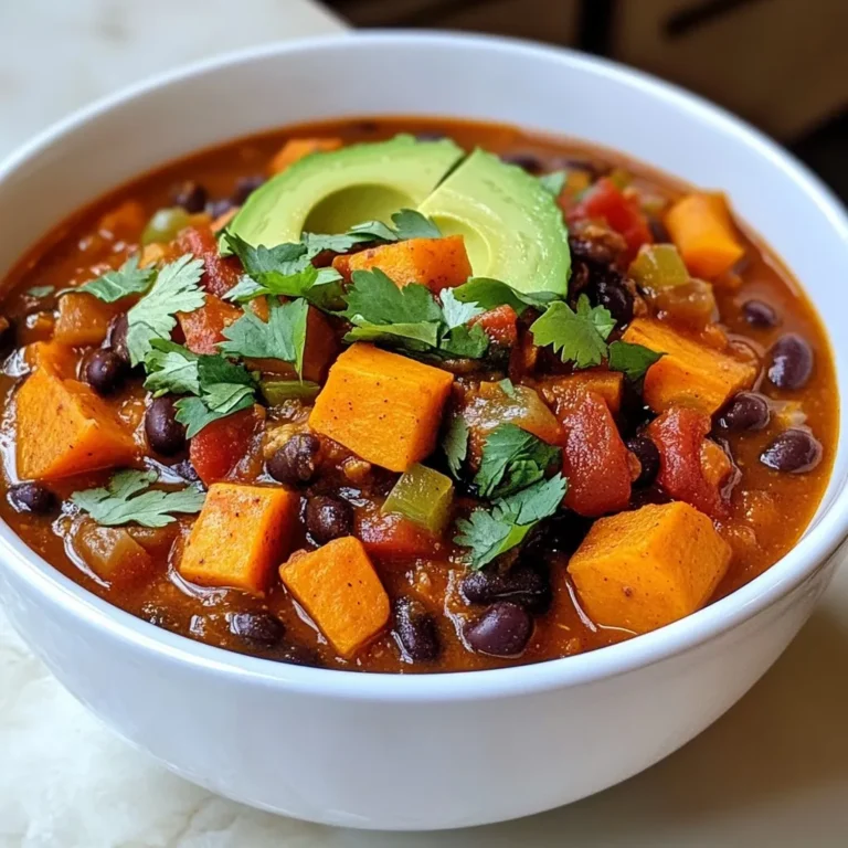 Um ein köstliches Süßkartoffel-Schwarzbohnen-Chili zuzubereiten, brauchst du: - 2 mittelgroße Süßkartoffeln, geschält und gewürfelt - 1 Dose (425 g) schwarze Bohnen, gespült und abgetropft - 1 Dose (400 g) gewürfelte Tomaten mit grünen Chilis - 1 große Zwiebel, gehackt - 2 Knoblauchzehen, fein gehackt - 1 rote Paprika, gewürfelt - 500 ml Gemüsebrühe - 1 Esslöffel Chili-Pulver - 1 Teelöffel Kreuzkümmel - 1 Teelöffel geräuchertes Paprika-Pulver - Salz und Pfeffer nach Geschmack - 2 Esslöffel Olivenöl - Frischer Koriander zum Garnieren - Avocadoscheiben zur Dekoration (optional) Wähle frische Süßkartoffeln, die fest und ohne Flecken sind. Sie sollten eine schöne, orange Farbe haben. Achte darauf, dass die schwarzen Bohnen gut abgetropft sind. Frische Zwiebeln und Paprika bringen viel Geschmack. Verwende frischen Knoblauch für ein intensives Aroma. Bei den Gewürzen, kaufe sie in hoher Qualität, um den besten Geschmack zu erzielen. Wenn du keine Süßkartoffeln hast, probiere Kürbis oder Karotten. Statt schwarzer Bohnen kannst du Kidneybohnen oder Kichererbsen nutzen. Für eine milde Note, wähle normale Tomaten. Wenn du keinen frischen Koriander magst, kannst du Petersilie verwenden. {{ingredient_image_2}} Zuerst wasche alle frischen Zutaten. Nimm zwei mittelgroße Süßkartoffeln und schäle sie. Schneide sie in kleine Würfel. Diese geben dem Chili eine süße Note. Nimm eine große Zwiebel und hacke sie fein. Das gibt dem Gericht einen tollen Geschmack. Dann nimm zwei Knoblauchzehen. Hacke sie ebenfalls klein. Würfle eine rote Paprika. Sie bringt Farbe und Frische ins Chili. Öffne eine Dose schwarze Bohnen. Spüle sie gut ab und lasse sie abtropfen. Öffne auch eine Dose gewürfelte Tomaten mit grünen Chilis. Diese geben dem Chili eine schöne Schärfe. Erhitze zwei Esslöffel Olivenöl in einem großen Topf bei mittlerer Hitze. Füge die gehackte Zwiebel und die Paprika hinzu. Brate sie etwa fünf Minuten an, bis sie weich sind. Rühre den fein gehackten Knoblauch ein und koche ihn eine weitere Minute. Der Duft wird wunderbar sein! Gib die gewürfelten Süßkartoffeln in den Topf und brate sie für drei Minuten an. Jetzt wird es würzig! Streue ein Esslöffel Chili-Pulver, einen Teelöffel Kreuzkümmel und einen Teelöffel geräuchertes Paprika-Pulver darüber. Füge Salz und Pfeffer nach Geschmack hinzu. Rühre alles gut um. Gieße 500 ml Gemüsebrühe in den Topf. Füge die Dose gewürfelte Tomaten mit ihrem Saft hinzu. Bringe alles zum Kochen. Sobald es kocht, reduziere die Hitze. Decke den Topf ab und lasse das Chili 25 bis 30 Minuten köcheln. Die Süßkartoffeln sollten dann zart sein. Rühre die schwarzen Bohnen ein und lasse das Chili weitere fünf Minuten köcheln. So werden die Bohnen warm. Schmecke die Gewürze ab und passe sie nach Belieben an. Achte darauf, die Hitze nicht zu hoch zu stellen. Ein sanftes Köcheln hilft, die Aromen zu entfalten. Rühre das Chili während des Kochens regelmäßig um. So bleibt nichts am Boden kleben. Wenn du es schärfer magst, füge mehr Chili-Pulver hinzu. Frischer Koriander macht das Chili frisch und lecker. Du kannst das Chili auch mit Avocadoscheiben garnieren. Sie geben eine cremige Note. Das Chili ist perfekt für eine kalte Nacht. Es ist nahrhaft, einfach und voller Geschmack. Um dein Süßkartoffel-Schwarzbohnen-Chili perfekt zu machen, achte auf die richtigen Zutaten. Wähle frische, feste Süßkartoffeln. Diese haben mehr Geschmack. Schneide sie gleichmäßig, damit sie gleichmäßig garen. Verwende auch hochwertige schwarze Bohnen. Du kannst frische oder Dosenbohnen nehmen. Wenn du Dosenbohnen nimmst, spüle sie gut ab. So entfernst du überschüssiges Salz. Die Gewürze sind ebenfalls wichtig. Nutze frische Gewürze für den besten Geschmack. Du kannst das Chili auch nach deinem Wunsch anpassen. Füge mehr Chili-Pulver für mehr Schärfe hinzu. Probiere auch andere Gewürze wie Oregano oder Thymian. Ein häufiger Fehler ist, das Chili zu lange zu kochen. Achte darauf, dass die Süßkartoffeln nicht zerfallen. Sie sollen weich, aber nicht matschig sein. Ein weiterer Fehler ist, die Gewürze zu spät hinzuzufügen. Gib die Gewürze frühzeitig dazu, damit sich die Aromen gut entfalten. Vergiss nicht, das Chili vor dem Servieren zu probieren. So kannst du die Würze anpassen. Zu wenig Salz kann das Chili fade machen. Zu viel kann es ungenießbar machen. Serviere dein Chili heiß in schönen Schalen. Garniere es mit frischem Koriander. Avocadoscheiben passen auch gut dazu. Sie bringen eine cremige Note. Das Chili schmeckt gut mit Reis oder Quinoa. Diese Beilagen machen das Gericht sättigender. Du kannst auch Tortilla-Chips dazu reichen. Sie geben einen schönen Crunch. Wenn du mehr Abwechslung möchtest, probiere einen Salat dazu. Ein frischer grüner Salat passt gut. So hast du eine leichte und gesunde Beilage. Pro Tipps Frische Zutaten wählen: Verwende frische Süßkartoffeln und hochwertige Gemüsebrühe für den besten Geschmack. Gewürze anpassen: Fühle dich frei, die Gewürze nach deinem persönlichen Geschmack zu variieren, um das Chili schärfer oder milder zu machen. Einweichen der Bohnen: Wenn du getrocknete schwarze Bohnen verwendest, weiche sie über Nacht ein, um die Kochzeit zu verkürzen. Chili aufbewahren: Das Chili schmeckt oft am nächsten Tag noch besser, wenn die Aromen Zeit hatten, sich zu entfalten. Du kannst es gut im Kühlschrank aufbewahren. {{image_4}} Für eine vegane Version des Süßkartoffel-Schwarzbohnen-Chilis sind keine Änderungen nötig. Alle Zutaten sind pflanzlich. Für Glutenfreunde ist das Rezept ebenfalls sicher. Beide Bohnen und Gemüsebrühe sind glutenfrei. Du kannst einfach die Brühe überprüfen, um sicher zu sein. Ein wenig Schärfe kann das Chili aufregender machen. Füge frische Jalapeños hinzu, um es schärfer zu machen. Du kannst auch Cayennepfeffer verwenden. Ein Teelöffel reicht oft aus, aber du kannst mehr hinzufügen, wenn du es heiß magst. Für weniger Schärfe lass die Chilis einfach weg. Um dein Chili interessanter zu machen, kannst du zusätzliche Zutaten hinzufügen. Probiere Mais für Süße oder Paprika für mehr Farbe. Auch schwarze Oliven geben einen tollen Geschmack. Eine Handvoll Spinat am Ende macht das Chili noch gesünder. Frische Kräuter wie Thymian oder Basilikum bringen frische Aromen. Bewahre dein Süßkartoffel-Schwarzbohnen-Chili in einem luftdichten Behälter auf. Das hilft, Frische und Geschmack zu erhalten. Lass das Chili zuerst auf Raumtemperatur abkühlen. Dann verschließe den Behälter gut. So schützt du das Gericht vor Luft und Feuchtigkeit. Wenn du Reste aufwärmen möchtest, benutze einen Topf oder die Mikrowelle. Bei der Herdmethode erwärmst du das Chili bei niedriger Hitze. Rühre es regelmäßig um, damit es gleichmäßig warm wird. In der Mikrowelle kannst du das Chili in kurzen Intervallen aufwärmen. Decke den Behälter ab, um Spritzer zu vermeiden. Im Kühlschrank hält sich dein Chili etwa 4 bis 5 Tage. Stelle sicher, dass der Behälter gut verschlossen ist. Wenn du es länger aufbewahren möchtest, kannst du das Chili auch einfrieren. In einem gefrierfesten Behälter bleibt es bis zu 3 Monate frisch. Zum Auftauen lege das Chili einfach über Nacht in den Kühlschrank. Ja, du kannst andere Bohnen verwenden. Weiße Bohnen oder Kidneybohnen sind gute Alternativen. Diese Bohnen haben verschiedene Geschmäcker und Texturen. Du kannst auch gemischte Bohnen für mehr Abwechslung nehmen. Achte darauf, die Bohnen gut zu spülen. So verhinderst du einen zu starken Bohnen-Geschmack. Um das Chili schärfer zu machen, füge mehr Chili-Pulver hinzu. Eine andere Option ist, frische Chilis zu verwenden. Du kannst Jalapeños oder Serranos in das Rezept einarbeiten. Auch eine Prise Cayennepfeffer kann helfen. Probiere, nach jeder Zugabe zu kosten. So findest du die perfekte Schärfe für dich. Zu deinem Süßkartoffel-Schwarzbohnen-Chili passen viele Beilagen. Eine beliebte Wahl ist frisches Brot oder Tortillas. Außerdem kannst du Reis oder Quinoa servieren. Ein einfacher grüner Salat bringt frische und Farbe auf den Tisch. Avocadoscheiben sind eine tolle Ergänzung. Sie machen das Gericht noch cremiger und köstlicher. Du hast jetzt alle wichtigen Schritte für ein köstliches Chili. Wir haben die Zutaten besprochen und wie man die richtigen auswählt. Die Schritt-für-Schritt-Anleitung hilft dir beim Kochen. Auch Tipps und Tricks verbessern dein Chili-Erlebnis. Variationen für vegane oder scharfe Optionen sind ebenfalls dabei. Denk daran, wie du dein Chili richtig lagerst und aufwärmst. Mit diesen Informationen bist du bereit, ein tolles Chili zu zaubern. Viel Spaß beim Kochen und Genießen!