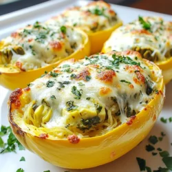 Für dieses leckere Gericht brauchst du: - 1 mittelgroßer Spaghetti-Kürbis - 1 Tasse frischer Spinat, grob gehackt - 1 Dose (400 g) Artischockenherzen, abgetropft und gehackt - 1 Tasse Frischkäse, weich - 1/2 Tasse saure Sahne - 1 Tasse Mozzarella-Käse, gerieben - 1/2 Tasse Parmesan-Käse, gerieben - 1 Knoblauchzehe, fein gehackt Diese Zutaten bilden die Basis deiner Füllung. Der Spaghetti-Kürbis bringt eine tolle Textur und schmeckt wunderbar. Die Artischocken und Spinat machen das Gericht frisch und lecker. Frischkäse und saure Sahne sorgen für eine cremige Konsistenz. Es gibt einige optionale Zutaten, die du hinzufügen kannst: - 1 Teelöffel getrockneter Oregano - Salz und Pfeffer nach Geschmack - 1 Esslöffel Olivenöl - Frische Petersilie, gehackt (zum Garnieren) Diese Zutaten verstärken den Geschmack und machen dein Gericht noch besser. Oregano gibt einen schönen Kräutergeschmack. Petersilie sorgt für eine frische Note beim Servieren. Die richtige Würze macht den Unterschied. Du brauchst: - Salz - Pfeffer - Getrockneter Oregano Salz und Pfeffer sind Grundgewürze, die du immer brauchst. Oregano bringt einen mediterranen Flair. Diese Gewürze helfen, die Aromen der anderen Zutaten hervorzuheben. Du kannst auch andere Kräuter verwenden, je nach deinem Geschmack. {{ingredient_image_2}} Zuerst heizen Sie den Ofen auf 200 °C vor. Nehmen Sie den Spaghetti-Kürbis und schneiden Sie ihn der Länge nach in zwei Hälften. Entfernen Sie die Kerne mit einem Löffel. Beträufeln Sie die Schnittflächen mit Olivenöl. Streuen Sie etwas Salz und Pfeffer darüber. Legen Sie die Kürbishälften mit der Schnittfläche nach unten auf ein Backblech. Rösten Sie sie für 30 bis 40 Minuten, bis das Fruchtfleisch zart ist. Während der Kürbis röstet, bereiten Sie die Füllung vor. Nehmen Sie eine große Schüssel. Geben Sie den gehackten Spinat, die Artischockenherzen, den Frischkäse und die saure Sahne hinein. Fügen Sie 1/2 Tasse Mozzarella-Käse, Parmesan, den gehackten Knoblauch und Oregano hinzu. Würzen Sie mit Salz und Pfeffer. Rühren Sie alles gut um, bis die Mischung gleichmäßig ist. Wenn der Kürbis fertig ist, nehmen Sie ihn aus dem Ofen und lassen Sie ihn kurz abkühlen. Mit einer Gabel kratzen Sie das Fruchtfleisch heraus und geben es in die Schüssel mit der Füllung. Rühren Sie alles gut durch. Füllen Sie die Mischung in die Kürbishälften. Bestreuen Sie jede Hälfte mit dem restlichen Mozzarella-Käse. Backen Sie die gefüllten Kürbishälften 15 bis 20 Minuten lang, bis der Käse schmilzt. Garnieren Sie die Kürbisse vor dem Servieren mit frischer Petersilie. Um die Füllung für den Spinat-Artischocken gefüllten Spaghetti-Kürbis perfekt zu machen, beachte diese Tipps: - Frische Zutaten: Verwende frischen Spinat und hochwertige Artischocken. Das sorgt für den besten Geschmack. - Käsewahl: Kombiniere verschiedene Käsesorten. Mozzarella gibt eine tolle Schmelzqualität, während Parmesan zusätzlichen Geschmack bringt. - Würzen: Sei großzügig mit Knoblauch und Oregano. Sie verleihen der Füllung einen herzhafteren Geschmack. - Konsistenz: Achte darauf, dass die Füllung cremig ist. Füge mehr Frischkäse oder saure Sahne hinzu, falls nötig. Hier sind einige häufige Fehler, die du vermeiden solltest: - Zu wenig Rösten: Röste den Kürbis lange genug. Er sollte weich und einfach mit einer Gabel zu bearbeiten sein. - Überfüllung: Fülle die Kürbishälften nicht zu voll. Die Mischung muss Platz zum Ausdehnen haben. - Nicht abschmecken: Vergiss nicht, die Füllung vor dem Füllen abzuschmecken. So stellst du sicher, dass sie gut gewürzt ist. Das Anrichten macht viel aus. Hier sind einige Tipps: - Garnitur: Verwende frische Petersilie oder sogar einige Rote Beete für einen Farbtupfer. - Serviergeschirr: Nutze eine schöne, flache Platte, um die gefüllten Kürbishälften zu präsentieren. - Beilagen: Serviere einen frischen Salat oder knuspriges Brot dazu. Das rundet das Gericht ab. Pro Tipps Wählen Sie den perfekten Kürbis: Achten Sie darauf, einen Spaghetti-Kürbis zu wählen, der fest und schwer für seine Größe ist. Das garantiert das beste Fruchtfleisch. Die Füllung variieren: Sie können die Füllung mit anderen Gemüsesorten wie Paprika oder Zucchini anpassen, um zusätzliche Aromen und Nährstoffe hinzuzufügen. Vorfrittieren für mehr Geschmack: Braten Sie die Kürbishälften vor dem Füllen leicht an, um ein zusätzliches Röstaroma zu erzielen. Ideal für Meal Prep: Diese gefüllten Kürbisse lassen sich hervorragend im Voraus zubereiten. Einfach im Kühlschrank aufbewahren und vor dem Servieren aufwärmen. {{image_4}} Um eine vegane Version zu machen, ersetzen Sie den Frischkäse und die saure Sahne. Nutzen Sie stattdessen pflanzliche Alternativen, wie Cashewcreme oder veganen Frischkäse. Verwenden Sie auch veganen Käse für den Mozzarella und Parmesan. Diese Optionen geben Ihrem Gericht die gleiche Cremigkeit. So bleibt der Geschmack auch ohne tierische Produkte klasse. Glutenfreie Esser können dieses Rezept ohne Sorgen genießen. Spaghetti-Kürbis ist von Natur aus glutenfrei. Achten Sie darauf, dass alle anderen Zutaten frei von Gluten sind. Die meisten Käse und die Artischocken sind glutenfrei. So bleibt das Gericht für alle Gäste sicher und lecker. Seien Sie kreativ mit Ihrer Füllung! Fügen Sie geröstete Paprika oder gebratene Pilze hinzu. Diese Zutaten bringen neue Aromen und Texturen. Sie können auch Quinoa oder Reis für mehr Substanz einmischen. Experimentieren Sie mit verschiedenen Kräutern, um den Geschmack zu variieren. So wird jedes Mal ein neues Gericht daraus! Um die Reste von Spinat-Artischocken gefülltem Spaghetti-Kürbis richtig zu lagern, müssen Sie einige Schritte befolgen. Lassen Sie den Kürbis zuerst auf Raumtemperatur abkühlen. Danach legen Sie die Reste in einen luftdichten Behälter. Achten Sie darauf, dass die Füllung gut abgedeckt ist. So bleibt die Frische länger erhalten. Beim Aufwärmen sollten Sie vorsichtig sein. Der beste Weg ist, den gefüllten Kürbis im Ofen zu erwärmen. Heizen Sie den Ofen auf 180 °C vor. Legen Sie die Kürbishälften in eine Auflaufform und decken Sie sie mit Aluminiumfolie ab. Dies hält die Feuchtigkeit und verhindert, dass der Käse austrocknet. Erwärmen Sie sie für 15 bis 20 Minuten. Alternativ können Sie die Reste auch in der Mikrowelle aufwärmen, aber das Ergebnis wird nicht so gut sein. Im Kühlschrank sind die Reste etwa 3 bis 5 Tage haltbar. Stellen Sie sicher, dass der Behälter gut verschlossen ist. Wenn Sie die Reste länger aufbewahren möchten, können Sie sie einfrieren. In einem luftdichten Behälter oder einem Gefrierbeutel können Sie die Füllung bis zu 3 Monate einfrieren. Denken Sie daran, die Mischung vor dem Einfrieren gut zu kühlen. So bleibt der Geschmack frisch und lecker. Das Rösten eines Spaghetti-Kürbisses dauert etwa 30 bis 40 Minuten. Der Ofen sollte auf 200 °C vorgeheizt werden. Wenn der Kürbis zart ist, ist er fertig. Du erkennst das, wenn du mit einer Gabel leicht in das Fruchtfleisch stechen kannst. Das Rösten bringt den süßen Geschmack des Kürbisses hervor und macht die Spaghetti-ähnlichen Fäden perfekt zum Füllen. Ja, du kannst gefrorene Artischocken verwenden. Achte darauf, sie vorher gut abzutropfen. Gefrorene Artischocken können eine gute Option sein. Sie sind oft schon vorgegart und einfach zu verwenden. Das spart Zeit und bleibt trotzdem lecker. Ja, der Spaghetti-Kürbis ist super für Meal Prep. Du kannst die gefüllten Kürbishälften im Kühlschrank aufbewahren. Sie halten sich bis zu fünf Tage frisch. Wenn du bereit bist zu essen, erwärmst du sie einfach im Ofen oder in der Mikrowelle. So hast du schnell eine gesunde Mahlzeit bereit. Spaghetti-Kürbis mit Spinat und Artischocken ist einfach und lecker. Wir haben die Zutaten, den Schritt-für-Schritt-Prozess und wichtige Tipps besprochen. Variationen und Aufbewahrungshilfen machen dieses Gericht vielseitig. Denken Sie daran, dass die richtigen Gewürze den Geschmack verstärken. Vermeiden Sie häufige Fehler für das beste Ergebnis. Genießen Sie die vielen Möglichkeiten mit diesem köstlichen Rezept und machen Sie es zu Ihrem Favoriten!