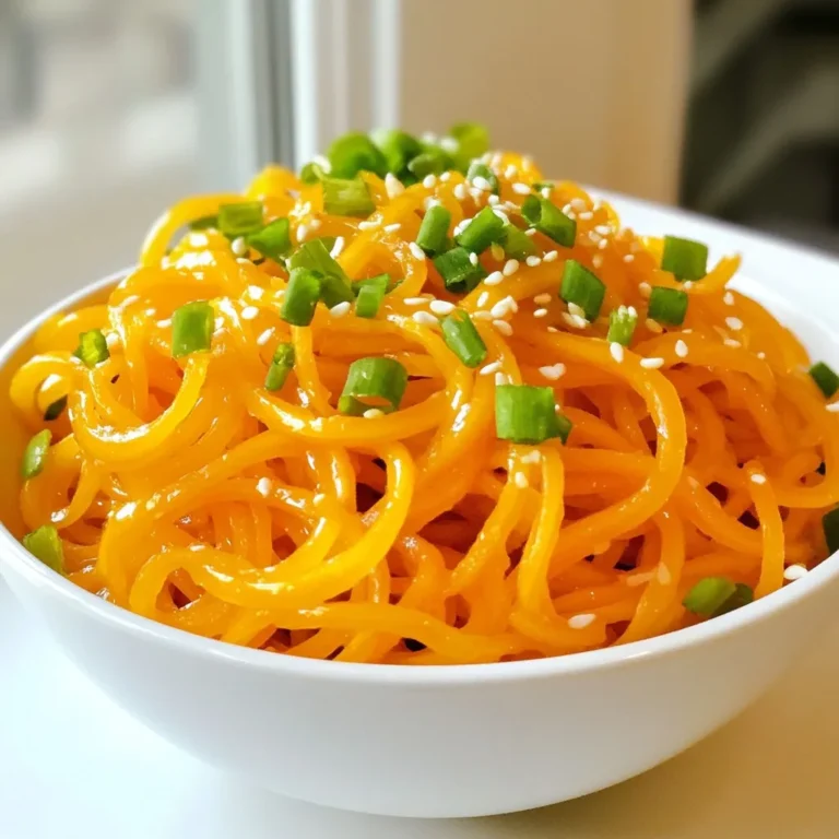 Um die köstlichen Orange Glazed Carrot Noodles zuzubereiten, benötigst du folgende Zutaten: - 4 mittlere Karotten, spiralisiert in Nudeln - 1 Esslöffel Olivenöl - 1 Esslöffel frischer Ingwer, gerieben - 2 Knoblauchzehen, fein gehackt - Schale und Saft von 1 Orange - 1 Esslöffel Honig oder Ahornsirup - 1 Esslöffel Sojasauce (oder Tamari für glutenfrei) - 1 Teelöffel Sesamöl - Salz und Pfeffer nach Geschmack - Gehackte Frühlingszwiebeln zur Garnitur - Sesamkörner zur Garnitur Für dieses Rezept brauchst du ein paar einfache Küchengeräte: - Spiralizer oder Gemüseschäler - Große Pfanne - Kleine Schüssel - Schneidebrett - Messer Wenn du Karotten kaufst, achte auf folgende Punkte: - Wähle feste Karotten ohne Risse oder Flecken. - Achte darauf, dass die Karotten eine leuchtende Farbe haben. - Kaufe möglichst Bio-Karotten, um Pestizide zu vermeiden. - Frische Karotten halten besser, wenn sie im Kühlschrank gelagert werden. - Überlege, Karotten mit grünem Blatt zu kaufen; sie sind oft frischer. {{ingredient_image_2}} Zuerst brauchst du frische Karotten. Ich empfehle vier mittlere Karotten. Spiralisiere sie mit einem Spiralschneider oder einem Gemüseschäler. Achte darauf, dünne, gleichmäßige Nudeln zu erhalten. Lege die vorbereiteten Karottennudeln beiseite. Sie warten darauf, in einem leckeren Gericht zu glänzen. Nun erhitze einen Esslöffel Olivenöl in einer großen Pfanne bei mittlerer Hitze. Wenn das Öl heiß ist, füge einen Esslöffel frisch geriebenen Ingwer und zwei fein gehackte Knoblauchzehen hinzu. Brate beides für etwa 30 Sekunden an. Der Duft wird dich begeistern! Jetzt gib die Karottennudeln in die Pfanne. Mische sie gut mit der Ingwer-Knoblauch-Mischung. Brate die Nudeln für zwei bis drei Minuten. Sie sollten zart, aber knackig bleiben. Während die Nudeln braten, bereite die Orangensauce vor. In einer kleinen Schüssel vermische die Schale und den Saft von einer Orange. Füge einen Esslöffel Honig oder Ahornsirup, eine Esslöffel Sojasauce und einen Teelöffel Sesamöl hinzu. Rühre alles gut um. Gieße die Sauce über die Karottennudeln in der Pfanne. Rühre alles gut um, damit die Nudeln gleichmäßig beschichtet sind. Koche für weitere zwei bis drei Minuten. Die Sauce sollte leicht eindicken. Schmecke mit Salz und Pfeffer ab. Passe die Süße nach deinem Geschmack an. Um perfekte Karottennudeln zu machen, wähle frische, feste Karotten. Diese sorgen für eine tolle Textur. Benutze einen Spiralschneider, um gleichmäßige Nudeln zu schneiden. Achte darauf, die Karotten nicht zu dick zu schneiden. Dünnere Nudeln garen gleichmäßiger und schneller. Die Süße der Orangensauce kannst du leicht anpassen. Wenn du es süßer magst, füge mehr Honig oder Ahornsirup hinzu. Für weniger Süße, reduziere die Menge. Du kannst auch einen Spritzer Zitrone hinzufügen, um den Geschmack abzurunden. Die Karottennudeln sollten weich, aber noch knackig sein. Koche sie etwa 2-3 Minuten lang. Achte darauf, sie nicht zu lange zu garen, sonst verlieren sie ihre schöne Farbe und Bissfestigkeit. Schmecke sie während des Kochens ab, um die perfekte Konsistenz zu erreichen. Pro Tipps Frische Karotten verwenden: Verwende frische, knackige Karotten für den besten Geschmack und die beste Textur. Schärfe anpassen: Füge mehr Ingwer oder eine Prise Chili hinzu, um den Nudelgericht eine angenehme Schärfe zu verleihen. Variationen der Sauce: Experimentiere mit verschiedenen Zitrusfrüchten wie Limette oder Grapefruit, um der Sauce eine neue Note zu geben. Kohlenhydratarme Option: Diese Karottennudeln sind eine großartige, kohlenhydratarme Alternative zu herkömmlichen Nudeln und perfekt für eine gesunde Ernährung. {{image_4}} Die Karottennudeln sind von Natur aus glutenfrei. Um das Gericht glutenfrei zu halten, verwende Sojasauce oder Tamari. Tamari ist eine tolle Option, die keinen Weizen enthält. Du kannst auch Reisnudeln hinzufügen, wenn du mehr Textur willst. Um das Rezept vegan zu machen, ersetze den Honig durch Ahornsirup oder Agavendicksaft. Beide Süßungsmittel bieten einen tollen Geschmack und sind perfekt für Veganer. So bleibt das Gericht lecker und pflanzlich. Du kannst das Rezept leicht anpassen. Füge zum Beispiel Paprika oder Zucchini hinzu für mehr Geschmack. Auch Erdnüsse oder Cashewkerne passen gut. Sie bringen einen schönen Crunch. Serviere die Karottennudeln mit einem frischen Salat oder gedämpftem Gemüse für eine vollwertige Mahlzeit. Um die Karottennudeln frisch zu halten, lege sie in einen luftdichten Behälter. Du kannst die Nudeln auch in einen Plastikbeutel geben und die Luft herausdrücken. So bleiben sie knackig und lecker. Stelle sicher, dass die Nudeln ganz abgekühlt sind, bevor du sie lagerst. Wenn du die Reste aufwärmen möchtest, nutze eine Pfanne oder die Mikrowelle. In der Pfanne erhitzt du sie bei mittlerer Hitze. Füge einen Spritzer Wasser oder etwas Öl hinzu, um ein Anbrennen zu verhindern. In der Mikrowelle kannst du die Nudeln in 30-Sekunden-Intervallen erhitzen. Rühre zwischendurch um, damit sie gleichmäßig warm werden. Die Karottennudeln bleiben im Kühlschrank etwa 3 bis 5 Tage frisch. Achte darauf, die Nudeln gut verpackt zu halten, um einen Verlust an Geschmack und Textur zu vermeiden. Wenn du Anzeichen von Verderb bemerkst, wie einen unangenehmen Geruch oder eine schleimige Textur, solltest du sie entsorgen. Du kannst die Karottennudeln bis zu drei Tage im Kühlschrank aufbewahren. Stelle sicher, dass sie in einem luftdichten Behälter sind. So bleiben sie frisch. Wenn du sie länger aufbewahren möchtest, friere sie ein. Die Textur kann sich leicht ändern, aber der Geschmack bleibt. Ja, du kannst die Karotten vorkochen. Koche sie aber nur kurz, bis sie zart sind. Achte darauf, dass sie nicht zu weich werden. Wenn du die Karotten vorkochst, lass sie abkühlen und lagere sie im Kühlschrank. So hast du sie bereit, wenn du deine Nudeln zubereitest. Zu den Karottennudeln passen viele Beilagen gut. Hier sind einige Vorschläge: - Gegrilltes Hähnchen für eine proteinreiche Option - Gebratener Tofu für eine vegetarische Wahl - Ein frischer Salat, um etwas Knackiges hinzuzufügen - Reis oder Quinoa, um das Gericht zu ergänzen Diese Beilagen machen dein Essen noch leckerer und abwechslungsreicher! Die Zubereitung von Orange Glazed Carrot Noodles ist einfach und macht Spaß. Wir haben frische Zutaten ausgewählt, die Karotten verarbeitet und die köstliche Orangensauce hergestellt. Mit den Tipps für perfekte Karottennudeln kannst du dein Gericht anpassen und Variationen hinzufügen. Die Lagerungshinweise helfen dir, Reste gut zu bewahren. Experimentiere mit Beilagen für noch mehr Geschmack. So wird deine Mahlzeit nicht nur lecker, sondern auch interessant. Jetzt bist du bereit, diese gesunde Delikatesse zu genießen. Viel Spaß beim Kochen!