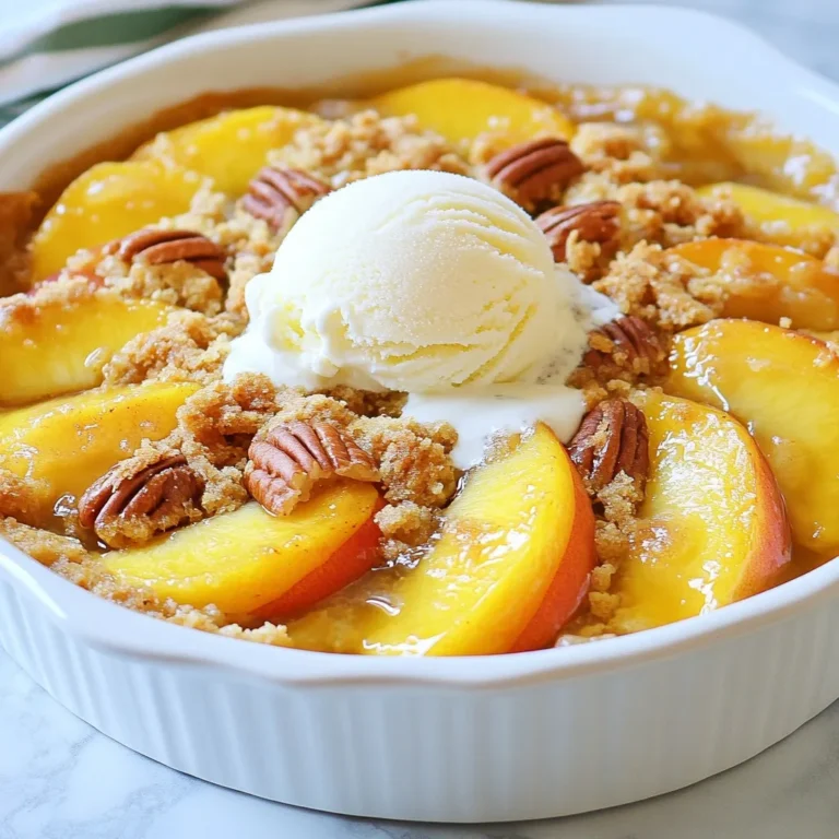 Für diesen leckeren Pfirsich-Cobbler-Dump-Kuchen brauchst du nur einige einfache Zutaten. Hier ist, was du benötigen wirst: - 2 Dosen (je 425 g) geschälte Pfirsiche in Sirup, abgetropft - 200 g brauner Zucker - 1 Teelöffel gemahlener Zimt - 1 Packung (432 g) gelbe Kuchenmischung - 113 g (1 Stick) ungesalzene Butter, geschmolzen - 1 Teelöffel Vanilleextrakt - 100 g gehackte Pekannüsse (optional) Diese Zutaten sind leicht zu finden. Der braune Zucker und der Zimt verleihen dem Kuchen Tiefe und Wärme. Für noch mehr Geschmack kannst du ein paar Extras hinzufügen: - 100 g gehackte Pekannüsse - Eine Kugel Vanilleeis zum Servieren Die Pekannüsse bringen einen tollen Crunch. Das Vanilleeis macht den Kuchen noch köstlicher. Wenn du keine Dosenpfirsiche hast, kannst du frische verwenden. Stelle sicher, dass sie reif sind. Du kannst auch andere Früchte ausprobieren, wie Äpfel oder Kirschen. Der Zucker kann durch Honig ersetzt werden, wenn du es gesünder magst. Achte darauf, die Menge anzupassen. Denke daran, dass die Qualität der Zutaten wichtig ist. Frische und hochwertige Zutaten machen deinen Kuchen noch schmackhafter. {{ingredient_image_2}} Heize deinen Ofen auf 175 °C vor. Nimm eine Auflaufform von 23x33 cm und fette sie leicht ein. Das sorgt dafür, dass der Kuchen nicht kleben bleibt. Die richtige Vorbereitung ist wichtig für ein gutes Ergebnis. Nimm zwei Dosen Pfirsiche und lass den Sirup ab. Gib die Pfirsiche in eine große Schüssel. Füge 200 g braunen Zucker und 1 Teelöffel Zimt hinzu. Rühre alles gut um. Die Mischung sollte gleichmäßig bedeckt sein. So bekommt der Kuchen einen tollen Geschmack. In einer separaten Schüssel mische die gelbe Kuchenmischung und optional 100 g gehackte Pekannüsse. Streue die Mischung gleichmäßig über die Pfirsiche in der Auflaufform. Butter ist der nächste Schritt. Beträufle die Mischung mit 113 g geschmolzener Butter. Achte darauf, dass alles gut bedeckt ist. Stelle die Auflaufform in den vorgeheizten Ofen. Backe den Kuchen für 40-45 Minuten. Die Oberseite sollte goldbraun und sprudelnd sein. Nimm den Kuchen dann heraus und lasse ihn 10 Minuten abkühlen. Serviere ihn warm, vielleicht mit einer Kugel Vanilleeis obendrauf. Das macht den Kuchen noch leckerer! Um den perfekten Pfirsich-Cobbler-Dump-Kuchen zu machen, ist die Vorbereitung der Schlüssel. Beginnen Sie mit abgetropften Pfirsichen. Das hilft, zu viel Flüssigkeit zu vermeiden. Mischen Sie die Pfirsiche mit braunem Zucker und Zimt. Achten Sie darauf, dass alle Stücke gut bedeckt sind. Streuen Sie die Kuchenmischung gleichmäßig über die Pfirsiche. Das sorgt für eine schöne Kruste. Gießen Sie dann die geschmolzene Butter darüber. Das gibt dem Kuchen den besonderen Geschmack und die goldene Farbe. Ein häufiger Fehler ist, die Pfirsiche nicht gut abtropfen zu lassen. Zu viel Flüssigkeit macht den Kuchen matschig. Ein weiterer Fehler ist, die Butter nicht gleichmäßig zu verteilen. Das kann zu einer ungleichmäßigen Textur führen. Achten Sie auch darauf, den Kuchen nicht zu lange zu backen. Überbacken macht ihn trocken. Wenn die Oberseite goldbraun ist und sprudelt, ist er fertig. Servieren Sie den Kuchen warm. Eine Kugel Vanilleeis darüber macht ihn noch besser. Sie können auch gehackte Pekannüsse darüber streuen, um einen knackigen Kontrast zu bieten. Ein Spritzer Sahne kann ebenfalls toll aussehen. Wenn Sie den Kuchen an einem besonderen Anlass servieren, fügen Sie frische Pfirsiche oder Minze zur Dekoration hinzu. Pro Tipps Frische Pfirsiche verwenden: Wenn Sie saisonale Pfirsiche verwenden können, ist der Geschmack unvergleichlich! Achten Sie darauf, reife, aber feste Früchte zu wählen. Variationen der Nüsse: Experimentieren Sie mit anderen Nüssen wie Mandeln oder Walnüssen, um dem Cobbler eine andere Geschmacksnote zu verleihen. Kuchenmischung anpassen: Sie können die gelbe Kuchenmischung mit einer Schokoladen- oder Gewürzkuchenmischung ersetzen, um einen interessanten Twist zu erzielen. Servieren mit Toppings: Neben Vanilleeis können Sie auch Schlagsahne oder Karamellsauce verwenden, um den Cobbler zu verfeinern. {{image_4}} Du kannst viele verschiedene Früchte für deinen Dump-Kuchen nutzen. Äpfel sind eine tolle Wahl. Sie geben einen schönen, süßen Geschmack. Auch Kirschen oder Birnen sind lecker. Wenn du Beeren magst, probiere Himbeeren oder Blaubeeren. Das macht den Kuchen frisch und bunt. Die Zubereitung bleibt gleich. Einfach die Dosenfrüchte mit Zucker und Zimt vermengen. Für glutenfreie Varianten nutze glutenfreie Kuchenmischung. Diese findest du in den meisten Läden. Achte darauf, dass alle anderen Zutaten auch glutenfrei sind. Du kannst auch Mandelmehl verwenden, wenn du magst. Das gibt dem Kuchen einen nussigen Geschmack. Für vegane Optionen ersetze die Butter durch Kokosöl. Vanilleeis kannst du ebenfalls durch eine pflanzliche Version ersetzen. Schokoladenstückchen machen den Dump-Kuchen noch besser. Streue sie einfach über die Kuchenmischung. Sie schmelzen beim Backen und geben einen tollen Geschmack. Du kannst auch Nüsse oder Mandeln hinzufügen. Diese sorgen für einen schönen Crunch. Wenn du magst, füge auch etwas Kokosraspel hinzu. Das gibt dem Kuchen eine tropische Note. Um übrig gebliebenen Pfirsich-Cobbler-Dump-Kuchen aufzubewahren, lege ihn in einen luftdichten Behälter. Stelle sicher, dass der Kuchen vollständig abgekühlt ist, bevor du ihn verstaut. So bleibt er frisch und lecker. Du kannst ihn auch in Frischhaltefolie einwickeln, wenn kein Behälter vorhanden ist. Um den Kuchen wieder warm zu genießen, heize den Ofen auf 175 °C vor. Lege ein Stück Kuchen auf ein Backblech und erwärme es für etwa 10 bis 15 Minuten. Alternativ kannst du die Mikrowelle nutzen. Erwärme ein Stück für 30 bis 45 Sekunden, bis es warm ist. Achte darauf, dass der Kuchen nicht zu lange erhitzt wird, damit er nicht trocken wird. Im Kühlschrank hält sich der Pfirsich-Cobbler-Dump-Kuchen für etwa 3 bis 4 Tage. Wenn du ihn länger aufbewahren möchtest, friere ihn ein. Wickel den Kuchen gut in Frischhaltefolie und lege ihn dann in einen Gefrierbeutel. So bleibt er bis zu 3 Monate frisch. Wenn du bereit bist, ihn zu essen, taut ihn einfach im Kühlschrank über Nacht auf, bevor du ihn wieder erwärmst. Um einen Pfirsich-Cobbler-Dump-Kuchen zu machen, beginnen Sie mit der Vorbereitung. Heizen Sie den Ofen auf 175 °C vor. Fetten Sie eine Auflaufform leicht ein. Mischen Sie in einer großen Schüssel die abgetropften Pfirsiche, den braunen Zucker und den Zimt. Diese Mischung kommt dann gleichmäßig in die Auflaufform. In einer anderen Schüssel kombinieren Sie die gelbe Kuchenmischung mit den optionalen Pekannüssen. Streuen Sie diese Mischung über die Pfirsiche. Beträufeln Sie alles mit geschmolzener Butter. Backen Sie den Kuchen 40-45 Minuten. Die Oberseite sollte goldbraun sein. Ja, frische Pfirsiche sind eine tolle Wahl! Verwenden Sie etwa 6-8 frische Pfirsiche. Schälen und schneiden Sie sie in kleine Stücke. Sie können diese einfach mit dem braunen Zucker und Zimt vermengen. Frische Pfirsiche geben dem Kuchen einen saftigen und fruchtigen Geschmack. Lassen Sie den Kuchen nach dem Backen 10 Minuten abkühlen. Dies hilft, die Aromen zu setzen und macht das Servieren einfacher. Der Kuchen ist noch warm, wenn Sie ihn servieren. Warm schmeckt er besonders gut! Vanilleeis ist eine beliebte Beilage. Es schmilzt schön auf dem warmen Kuchen. Auch Schlagsahne oder eine Prise Zimt sind tolle Optionen. Für einen besonderen Touch können Sie auch frische Minzblätter hinzufügen. Ein Pfirsich-Cobbler-Dump-Kuchen ist einfach und lecker. Wir haben die wichtigsten Zutaten besprochen, von der Vorbereitung bis zum Servieren. Tipps helfen, häufige Fehler zu vermeiden und den perfekten Kuchen zu backen. Variationen mit verschiedenen Früchten geben dir Freiheit, kreativ zu sein. Außerdem kannst du lernen, wie man Reste richtig lagert. Mit all diesen Informationen kannst du einen großartigen Dump-Kuchen zubereiten. Jetzt liegt es an dir, diesen süßen Genuss auszuprobieren!