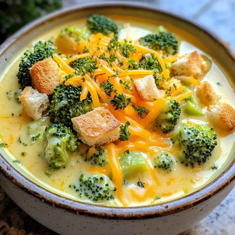 Um eine köstliche Creamy Broccoli Cheddar Soup zu machen, benötigen Sie: - 2 Tassen frische Brokkoliröschen - 1 Tasse Karotten, gewürfelt - 1 mittelgroße Zwiebel, gehackt - 2 Knoblauchzehen, fein gehackt - 4 Tassen Gemüsebrühe - 1 Tasse Schlagsahne oder Kokosnusscreme für eine leichtere Variante - 2 Tassen scharfer Cheddar-Käse, gerieben - 1 Teelöffel Dijon-Senf - 1 Esslöffel Olivenöl - Salz und Pfeffer nach Geschmack - Optional: Croûtons und frische Kräuter zur Garnitur Frische Zutaten machen den Unterschied. Wählen Sie knackigen Brokkoli und helle Karotten. Achten Sie darauf, dass die Zwiebel fest ist und keine dunklen Stellen hat. Verwenden Sie frischen Knoblauch für mehr Aroma. Wenn möglich, kaufen Sie lokal und saisonal ein. So unterstützen Sie die Umwelt und genießen bessere Qualität. Wenn Sie eine vegane Option suchen, ersetzen Sie die Schlagsahne durch Kokosnusscreme. Statt Cheddar-Käse können Sie veganen Käse verwenden. Für eine glutenfreie Variante wählen Sie glutenfreie Brühe und lassen die Croûtons weg oder nutzen glutenfreie Alternativen. {{ingredient_image_2}} Zuerst musst du alle Zutaten bereitstellen. Hier sind die Dinge, die du brauchst: - 2 Tassen frische Brokkoliröschen - 1 Tasse Karotten, gewürfelt - 1 mittelgroße Zwiebel, gehackt - 2 Knoblauchzehen, fein gehackt - 4 Tassen Gemüsebrühe - 1 Tasse Schlagsahne oder Kokosnusscreme - 2 Tassen scharfer Cheddar-Käse, gerieben - 1 Teelöffel Dijon-Senf - 1 Esslöffel Olivenöl - Salz und Pfeffer nach Geschmack - Optional: Croûtons und frische Kräuter Wasche den Brokkoli gut. Schneide die Karotten in kleine Würfel. Hacke die Zwiebel und den Knoblauch fein. Erhitze das Olivenöl in einem großen Topf bei mittlerer Hitze. Gib die gehackte Zwiebel hinzu und brate sie für 3-4 Minuten. Sie sollte glasig aussehen. Dann füge den Knoblauch hinzu. Rühre eine ganze Minute, bis der Knoblauch gut riecht. Jetzt kommen die Karotten und der Brokkoli in den Topf. Koche alles für etwa 5 Minuten. Rühre gelegentlich um. Gieße die Gemüsebrühe in den Topf und bringe alles zum Kochen. Reduziere die Hitze und lasse die Suppe 15 Minuten köcheln. Der Brokkoli und die Karotten sollten jetzt zart sein. Nimm den Topf vom Herd. Püriere die Suppe mit einem Stabmixer, bis sie glatt ist. Wenn du keinen Stabmixer hast, kannst du die Suppe auch in einem Standmixer pürieren. Setze die pürierte Suppe zurück in den Topf. Füge die Schlagsahne oder Kokosnusscreme hinzu. Rühre den Cheddar-Käse ein, bis er schmilzt und gut vermischt ist. Gib den Dijon-Senf sowie Salz und Pfeffer hinzu. Rühre alles gut um und serviere die Suppe heiß. Garniere sie nach Wunsch mit Croûtons und frischen Kräutern. Der Stabmixer ist praktisch. Er macht weniger Dreck als ein Standmixer. Halte ihn beim Pürieren immer in der Suppe. Bewege ihn langsam hin und her. So wird die Suppe gleichmäßig glatt. Wenn du keinen Stabmixer hast, verwende vorsichtig einen Standmixer. Fülle die Suppe nur zur Hälfte ein, damit sie nicht überläuft. Püriere in kleinen Portionen. Ein häufiger Fehler ist, Gemüse zu lange zu kochen. Brokkoli wird matschig und verliert Nährstoffe. Achte darauf, die Karotten und den Brokkoli nur bis zur Zartheit zu kochen. Wenn du die Brühe hinzufügst, bringe sie zum Kochen, aber reduziere die Hitze schnell. Überprüfe die Konsistenz der Suppe. Wenn sie zu dick wird, kannst du mehr Brühe hinzufügen. Für die perfekte Konsistenz püriere die Suppe gut. Ein Stabmixer ist ideal, weil er einfach zu handhaben ist. Wenn du einen Standmixer benutzt, lass die Suppe etwas abkühlen. So vermeidest du Spritzer. Die Suppe sollte cremig, aber nicht zu dick sein. Füge Schlagsahne oder Kokosnusscreme schrittweise hinzu, um die Konsistenz anzupassen. Um den Geschmack zu verstärken, füge Gewürze wie geräuchertes Paprikapulver oder Muskatnuss hinzu. Dijon-Senf bringt einen tollen Kick. Du kannst auch frische Kräuter wie Thymian oder Petersilie verwenden. Probiere, die Zwiebel und den Knoblauch gut anzubraten, bevor du das Gemüse hinzufügst. Das gibt der Suppe einen tiefen, reichhaltigen Geschmack. Pro Tipps Frische Zutaten: Verwenden Sie frischen Brokkoli und Karotten für den besten Geschmack und die höchste Nährstoffdichte. Vegane Option: Ersetzen Sie die Schlagsahne durch Kokosnusscreme für eine vegane und leichtere Variante der Suppe. Würze anpassen: Passen Sie die Menge von Dijon-Senf, Salz und Pfeffer an Ihren persönlichen Geschmack an, um die perfekte Balance zu finden. Serviervorschlag: Garnieren Sie die Suppe mit frischen Kräutern und Croûtons für zusätzlichen Geschmack und Textur. {{image_4}} Für eine vegetarische oder vegane Variante der Suppe können Sie die Schlagsahne durch Kokosnusscreme ersetzen. Diese gibt der Suppe eine cremige Textur. Sie können auch pflanzlichen Käse verwenden, um den Geschmack zu erhalten. Statt Gemüsebrühe können Sie eine selbstgemachte Brühe aus Gemüseabfällen nutzen. Dies macht die Suppe noch gesünder und umweltfreundlicher. Um die Suppe kalorienärmer zu machen, ersetzen Sie die Schlagsahne durch fettarme Milch oder ungesüßte Mandelmilch. Verwenden Sie weniger Käse oder entscheiden Sie sich für eine leichtere Käsesorte. Auch die Menge des verwendeten Öls kann reduziert werden, ohne den Geschmack zu verlieren. Diese kleinen Änderungen helfen, die Suppe leichter und gesünder zu machen. Um der Suppe mehr Geschmack zu verleihen, können Sie verschiedene Toppings hinzufügen. Croûtons sorgen für einen knusprigen Biss. Frische Kräuter wie Petersilie oder Schnittlauch bringen Farbe und Frische. Geröstete Sonnenblumenkerne oder Kürbiskerne geben einen nussigen Geschmack. Sie können auch geröstete Paprika oder gebratene Pilze als zusätzliche Einlage verwenden. Dies erhöht die Vielfalt und macht jedes Mal Freude beim Essen. Suppe lagern ist einfach. Lass die Suppe zuerst abkühlen. Dann füllst du sie in einen luftdichten Behälter. So bleibt die Frische lange erhalten. Wenn du die Suppe in Portionsgrößen teilst, ist es noch besser. So kannst du nur das auftauen, was du brauchst. Im Kühlschrank bleibt die Suppe etwa 3 bis 4 Tage frisch. Achte darauf, die Suppe gut zu decken. In der Gefriertruhe hält die Suppe bis zu 3 Monate. Gefrierbehälter eignen sich gut, um Platz zu sparen. Du kannst auch Eiswürfelschalen nutzen, um kleine Portionen zu frieren. Die Suppe bleibt frisch, solange sie richtig gelagert wird. Im Kühlschrank nach 4 Tagen solltest du sie prüfen. Wenn sie schlecht riecht oder sich die Farbe ändert, entsorge sie. In der Gefriertruhe kannst du die Qualität länger genießen. Nach dem Auftauen solltest du die Suppe innerhalb von 1 bis 2 Tagen essen. Um die Suppe dicker zu machen, kannst du zwei Dinge tun. Erstens, püriere mehr Brokkoli und Karotten. Zweitens, füge eine Mehlschwitze hinzu. Für eine Mehlschwitze nimm ein Esslöffel Butter und ein Esslöffel Mehl. Koche sie zusammen, bis sie goldbraun ist. Rühre die Mischung dann in die Suppe. Das gibt ihr mehr Fülle. Ja, du kannst die Brühe selbst machen! Verwende dafür frisches Gemüse wie Zwiebeln, Karotten und Sellerie. Koche sie in Wasser mit etwas Salz und Pfeffer. Lass die Brühe etwa eine Stunde köcheln. Das ergibt einen tollen Geschmack. Du kannst auch Kräuter wie Thymian oder Petersilie hinzufügen. Die Suppe bleibt im Kühlschrank etwa 3 bis 4 Tage frisch. Stelle sicher, dass du sie in einem luftdichten Behälter aufbewahrst. Zum Einfrieren kannst du die Suppe in Portionen abfüllen. So bleibt sie bis zu 3 Monate haltbar. Achte darauf, die Suppe vollständig abkühlen zu lassen, bevor du sie einfrierst. Die Zutaten und Schritte sind der Schlüssel zu einer leckeren Suppe. Du hast frische Zutaten und Alternativen kennengelernt. Die Schritt-für-Schritt-Anleitung zeigt dir, wie du perfekt kochen kannst. Tipps helfen dir, Fehler zu vermeiden. Variationen erweitern dein Rezept und sorgen für Abwechslung. Richtiges Lagern hält die Suppe frisch. Denke an die häufigsten Fragen, wenn du kochst. Mit diesen Informationen bist du gut gerüstet, um eine köstliche Suppe zu machen. Viel Freude beim Kochen!