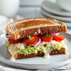 - Vollkorn- oder Sauerteigbrot - Gekochtes Hähnchen (zerrupft) - Reife Avocado Die Hauptzutaten für das Chicken Avocado Melt Sandwich sind einfach und lecker. Ich empfehle, frisches Vollkorn- oder Sauerteigbrot zu verwenden. Beide Brotsorten geben dem Sandwich einen tollen Geschmack und eine gute Textur. Für das Hähnchen kannst du Rotisserie-Hähnchen verwenden. Es ist bereits gekocht und sehr zart. Die Avocado sollte reif sein, da sie die perfekte Cremigkeit bietet. - Mozzarella-Käse - Cherrytomaten und rote Zwiebel - Olivenöl, Salz und Pfeffer Zusätzlich brauchst du Mozzarella-Käse, um das Sandwich schön zu schmelzen. Cherrytomaten bringen die nötige Süße, und die rote Zwiebel gibt einen leichten Biss. Olivenöl, Salz und Pfeffer sind wichtig, um alles zu würzen und den Geschmack zu verstärken. Diese Zutaten machen das Sandwich noch schmackhafter. - Frische Basilikumblätter Frische Basilikumblätter sind eine tolle Garnitur. Sie fügen ein frisches Aroma hinzu und sehen schön aus. Du kannst sie einfach auf das Sandwich legen, bevor du es servierst. Das gibt deinem Gericht den letzten Schliff und macht es noch ansprechender. {{ingredient_image_2}} - Würzen Sie das zerrupfte Hähnchen mit Salz und Pfeffer. - Zerdrücken Sie die reife Avocado in einer Schüssel. - Mischen Sie die Avocado gut mit dem Hähnchen. - Erhitzen Sie eine Pfanne bei mittlerer Hitze und träufeln Sie das Olivenöl hinein. - Legen Sie eine Scheibe Brot in die Pfanne. - Verteilen Sie die Hälfte der Hähnchen-Avocado-Mischung gleichmäßig darauf. - Belegen Sie die Mischung mit geriebenem Mozzarella-Käse. - Fügen Sie die halbierten Cherrytomaten und die dünn geschnittenen roten Zwiebeln hinzu. - Nehmen Sie die restliche Hähnchen-Avocado-Mischung und verteilen Sie sie auf der zweiten Brotscheibe. - Legen Sie diese mit der Avocado-Seite nach unten auf das Sandwich. - Braten Sie das Sandwich etwa 3-4 Minuten auf jeder Seite. - Achten Sie darauf, dass das Brot goldbraun ist und der Käse geschmolzen ist. - Nehmen Sie das Sandwich nach dem Braten aus der Pfanne. - Lassen Sie es eine Minute ruhen, bevor Sie es durchschneiden. - Garnieren Sie das Sandwich eventuell mit frischen Basilikumblättern für mehr Geschmack. - Für die perfekte Bräunung des Brotes braten Sie das Sandwich 3-4 Minuten pro Seite. - Achten Sie darauf, die Hitze nicht zu hoch zu stellen. So verbrennt das Brot nicht. - Sie können das Sandwich auch im Ofen zubereiten. - Legen Sie das Sandwich auf ein Backblech und backen Sie es bei 180 Grad für 10-12 Minuten. - Der Ofen sorgt für gleichmäßige Hitze und knusprige Kanten. - Fügen Sie Gewürze wie Paprika oder Knoblauchpulver hinzu, um den Geschmack zu variieren. - Experimentieren Sie mit Käsevariationen. Cheddar oder Gouda passen auch gut. - So wird Ihr Sandwich immer wieder neu und spannend. Pro Tipps Brotwahl: Verwenden Sie frisches Vollkorn- oder Sauerteigbrot für den besten Geschmack und die beste Textur. Käsevariationen: Experimentieren Sie mit verschiedenen Käsesorten wie Cheddar oder Gouda, um dem Sandwich eine neue Note zu verleihen. Garnitur: Fügen Sie zusätzliches Gemüse wie Spinat oder Rucola hinzu, um die Nährstoffe zu erhöhen und das Sandwich noch frischer zu machen. Ruhen lassen: Lassen Sie das Sandwich nach dem Braten kurz ruhen, damit sich die Aromen setzen und der Käse nicht ausläuft. {{image_4}} Für eine vegetarische Variante des Chicken Avocado Melt Sandwiches können Sie pflanzliches Hähnchen verwenden. Es gibt viele tolle Marken, die einen ähnlichen Geschmack bieten. Ergänzen Sie das Sandwich mit zusätzlichen Gemüseoptionen. Probieren Sie zum Beispiel Paprika, Zucchini oder Spinat. Diese Gemüse verleihen dem Sandwich Farbe und Geschmack. Möchten Sie es scharf? Dann fügen Sie Jalapeños oder scharfe Sauce hinzu. Das gibt dem Sandwich einen echten Kick. Gewürze wie Paprika oder Cayennepfeffer können ebenfalls für mehr Geschmack sorgen. Diese Optionen passen perfekt zur cremigen Avocado und dem Hähnchen. Ein schmackhaftes Sandwich braucht tolle Beilagen. Geeignete Salate sind ein klassischer Begleiter. Ein einfacher grüner Salat oder ein Tomatensalat passt gut dazu. Snacks und Dips wie Guacamole oder Salsa sind auch eine gute Wahl. Diese Beilagen machen das Essen noch interessanter und leckerer. Um dein Chicken Avocado Melt Sandwich frisch zu halten, lege es in einen luftdichten Behälter. Du kannst auch Frischhaltefolie verwenden. Stelle sicher, dass das Sandwich nicht zerdrückt wird. Wenn du es aufwärmen möchtest, nutze die Mikrowelle. Stelle die Mikrowelle auf mittlere Hitze. Erwärme das Sandwich für etwa 30 bis 60 Sekunden. So bleibt der Käse schmelzig und das Brot warm. Im Kühlschrank hält sich dein Sandwich bis zu drei Tage. Achte darauf, es gut verpackt zu lagern. Wenn du es länger aufbewahren möchtest, solltest du es einfrieren. Um Verderb zu vermeiden, überprüfe das Sandwich regelmäßig. Wenn es komisch riecht oder die Textur sich ändert, wirf es weg. Um das Sandwich einzufrieren, wickel es fest in Frischhaltefolie. Dann lege es in einen Gefrierbeutel. So bleibt es bis zu drei Monate haltbar. Zum Aufwärmen kannst du das Sandwich direkt aus dem Gefrierfach nehmen. Stelle den Ofen auf 180 Grad Celsius. Backe es für 20 Minuten, bis es warm ist. Alternativ kannst du es in der Mikrowelle aufwärmen. Die Zubereitung meines Chicken Avocado Melt Sandwich dauert nur 15 Minuten. Die Vorbereitungszeit ist 10 Minuten. Das Kochen nimmt etwa 5 Minuten in Anspruch. Du kannst schnell ein leckeres Sandwich zaubern, das jedem schmeckt! Ja, du kannst das Hähnchen im Voraus zubereiten. Es ist ideal, wenn du rotisserie Hähnchen verwendest. Du kannst das Hähnchen zerrupfen und im Kühlschrank aufbewahren. So sparst du Zeit, wenn du das Sandwich machst. Achte darauf, das Hähnchen in einem luftdichten Behälter zu lagern. So bleibt es frisch. Wenn du keine Avocado magst, gibt es viele Alternativen. Du kannst Frischkäse oder Hummus verwenden. Diese Optionen geben einen leckeren Geschmack. Auch pürierte Bohnen sind eine gute Wahl. Sie fügen eine cremige Textur hinzu. Experimentiere mit verschiedenen Optionen, um dein perfektes Sandwich zu finden! Das Chicken Avocado Melt Sandwich ist einfach zuzubereiten und lecker. Es besteht aus frischem Vollkornbrot, zerrupftem Hähnchen und reifer Avocado. Du kannst es nach Belieben würzen und belegen. Denk daran, auch mit frischen Kräutern zu garnieren. Teste die verschiedenen Variationen, ob vegetarisch oder scharf. Die Möglichkeiten sind endlos. Achte auf die Lagerung, damit die Reste lange frisch bleiben. Genieße dein Sandwich und experimentiere mit neuen Ideen!