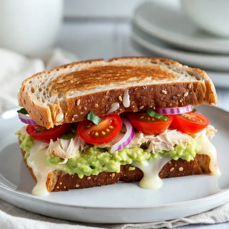 - Vollkorn- oder Sauerteigbrot - Gekochtes Hähnchen (zerrupft) - Reife Avocado Die Hauptzutaten für das Chicken Avocado Melt Sandwich sind einfach und lecker. Ich empfehle, frisches Vollkorn- oder Sauerteigbrot zu verwenden. Beide Brotsorten geben dem Sandwich einen tollen Geschmack und eine gute Textur. Für das Hähnchen kannst du Rotisserie-Hähnchen verwenden. Es ist bereits gekocht und sehr zart. Die Avocado sollte reif sein, da sie die perfekte Cremigkeit bietet. - Mozzarella-Käse - Cherrytomaten und rote Zwiebel - Olivenöl, Salz und Pfeffer Zusätzlich brauchst du Mozzarella-Käse, um das Sandwich schön zu schmelzen. Cherrytomaten bringen die nötige Süße, und die rote Zwiebel gibt einen leichten Biss. Olivenöl, Salz und Pfeffer sind wichtig, um alles zu würzen und den Geschmack zu verstärken. Diese Zutaten machen das Sandwich noch schmackhafter. - Frische Basilikumblätter Frische Basilikumblätter sind eine tolle Garnitur. Sie fügen ein frisches Aroma hinzu und sehen schön aus. Du kannst sie einfach auf das Sandwich legen, bevor du es servierst. Das gibt deinem Gericht den letzten Schliff und macht es noch ansprechender. {{ingredient_image_2}} - Würzen Sie das zerrupfte Hähnchen mit Salz und Pfeffer. - Zerdrücken Sie die reife Avocado in einer Schüssel. - Mischen Sie die Avocado gut mit dem Hähnchen. - Erhitzen Sie eine Pfanne bei mittlerer Hitze und träufeln Sie das Olivenöl hinein. - Legen Sie eine Scheibe Brot in die Pfanne. - Verteilen Sie die Hälfte der Hähnchen-Avocado-Mischung gleichmäßig darauf. - Belegen Sie die Mischung mit geriebenem Mozzarella-Käse. - Fügen Sie die halbierten Cherrytomaten und die dünn geschnittenen roten Zwiebeln hinzu. - Nehmen Sie die restliche Hähnchen-Avocado-Mischung und verteilen Sie sie auf der zweiten Brotscheibe. - Legen Sie diese mit der Avocado-Seite nach unten auf das Sandwich. - Braten Sie das Sandwich etwa 3-4 Minuten auf jeder Seite. - Achten Sie darauf, dass das Brot goldbraun ist und der Käse geschmolzen ist. - Nehmen Sie das Sandwich nach dem Braten aus der Pfanne. - Lassen Sie es eine Minute ruhen, bevor Sie es durchschneiden. - Garnieren Sie das Sandwich eventuell mit frischen Basilikumblättern für mehr Geschmack. - Für die perfekte Bräunung des Brotes braten Sie das Sandwich 3-4 Minuten pro Seite. - Achten Sie darauf, die Hitze nicht zu hoch zu stellen. So verbrennt das Brot nicht. - Sie können das Sandwich auch im Ofen zubereiten. - Legen Sie das Sandwich auf ein Backblech und backen Sie es bei 180 Grad für 10-12 Minuten. - Der Ofen sorgt für gleichmäßige Hitze und knusprige Kanten. - Fügen Sie Gewürze wie Paprika oder Knoblauchpulver hinzu, um den Geschmack zu variieren. - Experimentieren Sie mit Käsevariationen. Cheddar oder Gouda passen auch gut. - So wird Ihr Sandwich immer wieder neu und spannend. Pro Tipps Brotwahl: Verwenden Sie frisches Vollkorn- oder Sauerteigbrot für den besten Geschmack und die beste Textur. Käsevariationen: Experimentieren Sie mit verschiedenen Käsesorten wie Cheddar oder Gouda, um dem Sandwich eine neue Note zu verleihen. Garnitur: Fügen Sie zusätzliches Gemüse wie Spinat oder Rucola hinzu, um die Nährstoffe zu erhöhen und das Sandwich noch frischer zu machen. Ruhen lassen: Lassen Sie das Sandwich nach dem Braten kurz ruhen, damit sich die Aromen setzen und der Käse nicht ausläuft. {{image_4}} Für eine vegetarische Variante des Chicken Avocado Melt Sandwiches können Sie pflanzliches Hähnchen verwenden. Es gibt viele tolle Marken, die einen ähnlichen Geschmack bieten. Ergänzen Sie das Sandwich mit zusätzlichen Gemüseoptionen. Probieren Sie zum Beispiel Paprika, Zucchini oder Spinat. Diese Gemüse verleihen dem Sandwich Farbe und Geschmack. Möchten Sie es scharf? Dann fügen Sie Jalapeños oder scharfe Sauce hinzu. Das gibt dem Sandwich einen echten Kick. Gewürze wie Paprika oder Cayennepfeffer können ebenfalls für mehr Geschmack sorgen. Diese Optionen passen perfekt zur cremigen Avocado und dem Hähnchen. Ein schmackhaftes Sandwich braucht tolle Beilagen. Geeignete Salate sind ein klassischer Begleiter. Ein einfacher grüner Salat oder ein Tomatensalat passt gut dazu. Snacks und Dips wie Guacamole oder Salsa sind auch eine gute Wahl. Diese Beilagen machen das Essen noch interessanter und leckerer. Um dein Chicken Avocado Melt Sandwich frisch zu halten, lege es in einen luftdichten Behälter. Du kannst auch Frischhaltefolie verwenden. Stelle sicher, dass das Sandwich nicht zerdrückt wird. Wenn du es aufwärmen möchtest, nutze die Mikrowelle. Stelle die Mikrowelle auf mittlere Hitze. Erwärme das Sandwich für etwa 30 bis 60 Sekunden. So bleibt der Käse schmelzig und das Brot warm. Im Kühlschrank hält sich dein Sandwich bis zu drei Tage. Achte darauf, es gut verpackt zu lagern. Wenn du es länger aufbewahren möchtest, solltest du es einfrieren. Um Verderb zu vermeiden, überprüfe das Sandwich regelmäßig. Wenn es komisch riecht oder die Textur sich ändert, wirf es weg. Um das Sandwich einzufrieren, wickel es fest in Frischhaltefolie. Dann lege es in einen Gefrierbeutel. So bleibt es bis zu drei Monate haltbar. Zum Aufwärmen kannst du das Sandwich direkt aus dem Gefrierfach nehmen. Stelle den Ofen auf 180 Grad Celsius. Backe es für 20 Minuten, bis es warm ist. Alternativ kannst du es in der Mikrowelle aufwärmen. Die Zubereitung meines Chicken Avocado Melt Sandwich dauert nur 15 Minuten. Die Vorbereitungszeit ist 10 Minuten. Das Kochen nimmt etwa 5 Minuten in Anspruch. Du kannst schnell ein leckeres Sandwich zaubern, das jedem schmeckt! Ja, du kannst das Hähnchen im Voraus zubereiten. Es ist ideal, wenn du rotisserie Hähnchen verwendest. Du kannst das Hähnchen zerrupfen und im Kühlschrank aufbewahren. So sparst du Zeit, wenn du das Sandwich machst. Achte darauf, das Hähnchen in einem luftdichten Behälter zu lagern. So bleibt es frisch. Wenn du keine Avocado magst, gibt es viele Alternativen. Du kannst Frischkäse oder Hummus verwenden. Diese Optionen geben einen leckeren Geschmack. Auch pürierte Bohnen sind eine gute Wahl. Sie fügen eine cremige Textur hinzu. Experimentiere mit verschiedenen Optionen, um dein perfektes Sandwich zu finden! Das Chicken Avocado Melt Sandwich ist einfach zuzubereiten und lecker. Es besteht aus frischem Vollkornbrot, zerrupftem Hähnchen und reifer Avocado. Du kannst es nach Belieben würzen und belegen. Denk daran, auch mit frischen Kräutern zu garnieren. Teste die verschiedenen Variationen, ob vegetarisch oder scharf. Die Möglichkeiten sind endlos. Achte auf die Lagerung, damit die Reste lange frisch bleiben. Genieße dein Sandwich und experimentiere mit neuen Ideen!