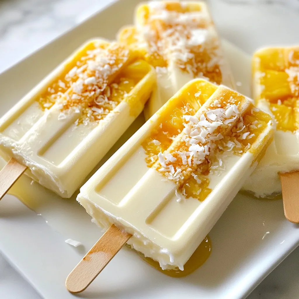 Für die perfekten Ananas-Kokos-Popsicles brauche ich einige Hauptzutaten. Diese Zutaten sind einfach zu finden und machen die Popsicles lecker. - 2 reife Ananas, geschält und in Stücke geschnitten - 1 Dose (400 ml) Kokosmilch - 60 ml Honig oder Ahornsirup - 120 g ungesüßte Kokosraspeln - 1 Teelöffel Vanilleextrakt - Eine Prise Salz Die Ananas bringt die frische Süße. Kokosmilch sorgt für die cremige Textur. Honig oder Ahornsirup gibt den richtigen süßen Kick. Vanilleextrakt fügt noch mehr Geschmack hinzu. Ich empfehle, 60 ml Honig oder Ahornsirup zu verwenden. Diese Menge ist oft perfekt, aber du kannst sie nach deinem Geschmack anpassen. Wenn du es süßer magst, füge mehr hinzu. Wenn du es weniger süß magst, reduziere die Menge. Wenn du gerne experimentierst, gibt es viele Optionen für Abwandlungen. Hier sind einige Ideen: - Füge frische Minze für einen erfrischenden Geschmack hinzu. - Mische andere Früchte wie Mango oder Erdbeeren in die Basis. - Verwende griechischen Joghurt für eine cremigere Konsistenz. - Probiere Limettensaft für eine spritzige Note. Mit diesen Zutaten kannst du jeden Sommer eine neue Version der Ananas-Kokos-Popsicles kreieren. {{ingredient_image_2}} Zuerst bereite ich die Zutaten vor. Ich nehme zwei reife Ananas und schneide sie in Stücke. Dann öffne ich eine Dose Kokosmilch. Ich habe auch Honig oder Ahornsirup bereit. Das ist wichtig für die Süße. Ich messe 60 ml ab. Dann suche ich 120 g ungesüßte Kokosraspeln und einen Teelöffel Vanilleextrakt. Eine Prise Salz darf auch nicht fehlen. Ich stelle alle Zutaten in der Nähe des Mixers bereit. Ich gebe die Ananasstücke, die Kokosmilch, den Honig, den Vanilleextrakt und das Salz in den Mixer. Ich schalte den Mixer ein und lasse ihn laufen, bis die Mischung glatt ist. Dann probiere ich die Mischung. Wenn ich mehr Süße will, füge ich etwas Honig oder Ahornsirup hinzu. Es ist wichtig, dass die Mischung gut schmeckt. Nach dem Mischen füge ich die Kokosraspeln hinzu. Ich rühre vorsichtig, bis die Raspeln gut verteilt sind. So bekommt jeder Bissen die richtige Textur. Jetzt ist es Zeit, die Mischung in die Popsicle-Formen zu gießen. Ich achte darauf, dass ich oben etwas Platz lasse. Das ist wichtig, damit die Popsicles beim Einfrieren nicht überlaufen. Ich stecke die Popsicle-Stäbchen in die Formen. Dann kommt alles in den Gefrierschrank. Ich lasse die Popsicles dort für mindestens 4 bis 6 Stunden, bis sie fest sind. Wenn ich die Popsicles essen will, halte ich die Formen kurz unter warmes Wasser. Dann ziehe ich vorsichtig die Popsicles heraus. Diese Schritte machen die Zubereitung einfach und lecker! Um die beste Konsistenz für deine Popsicles zu erreichen, achte auf die richtige Balance. Die Ananas sollte reif und saftig sein. Das gibt den Popsicles einen tollen Geschmack und die richtige Menge Flüssigkeit. Die Kokosmilch bringt Cremigkeit. Eine Prise Salz hebt die Aromen hervor. Mixe alles gut, aber nicht zu lange, damit die Kokosraspeln nicht zerfallen. Dekoration macht die Popsicles noch schöner! Du kannst sie mit frischen Ananasstücken oder Kokosraspeln bestreuen. Ein Spritzer Limettensaft sorgt für einen tollen Farbkontrast. Verwende auch essbare Blumen für einen besonderen Look. Wenn du die Popsicles servierst, lege sie auf ein buntes Teller. Das zieht die Blicke an und macht Lust auf mehr! Um die Zubereitung schnell zu machen, bereite alles im Voraus vor. Schneide die Ananas und messe die Zutaten ab, bevor du mit dem Mixen beginnst. Mit einem guten Mixer geht das Mixen schnell. Du kannst die Popsicles auch am Abend vorher machen. So sind sie am nächsten Tag bereit zum Genießen. Plane mindestens 4-6 Stunden für das Einfrieren ein, damit sie perfekt fest werden. Pro Tipps Frische Ananas wählen: Verwenden Sie reife, saftige Ananas für den besten Geschmack. Achten Sie darauf, dass die Schale eine goldene Farbe hat und die Früchte einen süßen Duft verströmen. Kokosmilch gut schütteln: Stellen Sie sicher, dass die Kokosmilch vor dem Mischen gut geschüttelt wird, um die cremige Konsistenz zu gewährleisten und die Fette gleichmäßig zu verteilen. Alternativen zur Süßung: Experimentieren Sie mit verschiedenen Süßungsmitteln wie Agavendicksaft oder Stevia, um die Popsicles nach Ihrem Geschmack anzupassen. Einfaches Herauslösen: Um die Popsicles leichter herauszubekommen, tauchen Sie die Formen für ein paar Sekunden in warmes Wasser, um die Kälte zu überwinden und die Popsicles zu lösen. {{image_4}} Sie können diese Popsicles leicht anpassen. Fügen Sie Früchte wie Mango oder Erdbeeren hinzu. Diese Früchte passen gut zu Ananas und Kokos. Sie bringen auch eigene süße Aromen mit. Mixen Sie einfach die gewünschten Stücke mit der Kokosmilch. Experimentieren Sie mit verschiedenen Kombinationen für neue Geschmäcker. Wenn Sie eine vegane Version möchten, ersetzen Sie den Honig. Verwenden Sie stattdessen Ahornsirup oder Agavendicksaft. Diese Süßungsmittel sind pflanzlich und lecker. Sie können auch Stevia oder Kokosblütenzucker nutzen. Diese Optionen sind gesünder und bringen einen einzigartigen Geschmack. Für Allergien können Sie die Kokosmilch ersetzen. Probieren Sie Mandel- oder Sojamilch aus. Diese Alternativen sind oft gut verträglich. Achten Sie auch auf die Süßungsmittel. Wenn jemand eine Unverträglichkeit hat, wählen Sie eine sichere Option. So können alle die Popsicles genießen, ohne sich Sorgen zu machen. Um die Frische der Ananas-Kokos-Popsicles zu bewahren, sollten Sie sie richtig lagern. Wickeln Sie die Popsicles in Frischhaltefolie. Legen Sie sie dann in einen gefrierfesten Beutel. Dies schützt sie vor Frostschäden und Gerüchen. Achten Sie darauf, die Luft so gut wie möglich herauszudrücken. So bleiben sie länger frisch und lecker. Im Gefrierschrank halten die Popsicles etwa zwei bis drei Monate. Nach dieser Zeit können sie an Geschmack verlieren. Sie sind zwar noch sicher zu essen, aber der frische Geschmack ist nicht mehr da. Um die beste Qualität zu gewährleisten, essen Sie sie so schnell wie möglich. Wenn die Popsicles nach längerem Einfrieren etwas fade schmecken, gibt es einfache Tricks. Lassen Sie sie vor dem Servieren einige Minuten bei Raumtemperatur stehen. Dies bringt die Aromen zurück. Eine andere Idee ist, sie mit frischen Früchten oder einem Spritzer Limettensaft zu toppen. So geben Sie ihnen neuen Schwung und Frische. Ananas-Kokos-Popsicles brauchen mindestens 4 bis 6 Stunden zum Gefrieren. Wenn du sie länger lässt, werden sie fester. Ich empfehle, sie über Nacht einzufrieren. So hast du am nächsten Tag eine kühle Belohnung. Achte darauf, die Popsicles gut in Frischhaltefolie zu wickeln, wenn du sie länger aufbewahren möchtest. Ja, frische Ananas ist eine großartige Wahl. Sie bringt mehr Geschmack und Frische in die Popsicles. Wenn du frische Ananas verwendest, achte darauf, dass sie reif ist. So bekommst du die beste Süße. Du kannst die Ananas einfach schälen und in Stücke schneiden, bevor du sie in den Mixer gibst. Ananas-Kokos-Popsicles sind eine gesunde Leckerei. Sie bestehen aus frischen Zutaten wie Ananas und Kokosmilch. Ananas enthält viele Vitamine und Mineralien. Kokosmilch liefert gesunde Fette. Du kannst den Zuckergehalt anpassen, indem du weniger Honig oder Ahornsirup verwendest. So machst du sie noch gesünder und kannst sie ohne schlechtes Gewissen genießen. In diesem Artikel haben wir die Zutaten und Rezepte für Ananas-Kokos-Popsicles behandelt. Wir haben die Hauptzutaten, süße Optionen und Variationen besprochen. Die Schritt-für-Schritt-Anleitung zeigt, wie man die Popsicles zubereitet und einfriert. Außerdem gab es wertvolle Tipps für die richtige Konsistenz und Lagerung. Diese erfrischenden Snacks sind einfach, lecker und passen zu vielen Diäten. Experimentiere mit verschiedenen Früchten und süßen Optionen, um deinen perfekten Popsicle zu kreieren. Viel Spaß beim Ausprobieren!