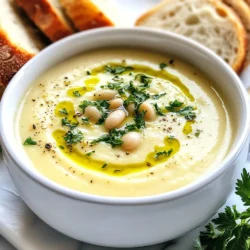- 2 Tassen konservierte weiße Bohnen (z. B. Cannellini oder Große Nordbohnen), gut abgespült und abgetropft - 4 Knoblauchzehen, fein gehackt - 1 mittlere Zwiebel, gewürfelt - 3 Tassen Gemüsebrühe - 1 Tasse Kokosmilch (für die Cremigkeit) - 2 Esslöffel Olivenöl - 1 Teelöffel Thymian (frisch oder getrocknet) - 1 Teelöffel Rosmarin (frisch oder getrocknet) - Salz und Pfeffer nach Geschmack - Frische Petersilie, gehackt (zum Garnieren) Wähle frische oder hochwertige Zutaten. Die Bohnen sollten gut verarbeitet sein. Achte darauf, dass der Knoblauch fest und ohne braune Stellen ist. Eine gute Zwiebel hat eine feste Haut und fühlt sich schwer an. Gemüsebrühe sollte klar und aromatisch sein. Verwende ungesüßte Kokosmilch für den besten Geschmack. Frische Kräuter wie Thymian und Rosmarin bringen viel Aroma. Für Veganer kann die Kokosmilch die einzige Quelle von Fett sein. Statt Brühe kannst du auch Wasser verwenden, wenn du es leichter magst. Manche Menschen mögen keine Bohnen. Du kannst sie durch Erbsen oder Linsen ersetzen. Achte darauf, die Kochzeit anzupassen. Wenn du Gluten meiden musst, überprüfe die Brühe, um sicherzustellen, dass sie glutenfrei ist. {{ingredient_image_2}} Zuerst brauchst du die richtigen Zutaten. Hier ist, was du brauchst: - 2 Tassen konservierte weiße Bohnen - 4 Knoblauchzehen - 1 mittlere Zwiebel - 3 Tassen Gemüsebrühe - 1 Tasse Kokosmilch - 2 Esslöffel Olivenöl - 1 Teelöffel Thymian - 1 Teelöffel Rosmarin - Salz und Pfeffer - Frische Petersilie zum Garnieren Wasche die Bohnen gut ab. Schneide die Zwiebel in kleine Stücke. Hacke den Knoblauch fein. So hast du alles bereit. Jetzt geht es ans Kochen. Erhitze das Olivenöl in einem großen Topf bei mittlerer Hitze. Füge die gewürfelte Zwiebel hinzu und brate sie 5 Minuten lang. Sie sollte weich und durchscheinend sein. Gib den gehackten Knoblauch dazu und brate ihn für 2 Minuten mit. Achte darauf, dass er nicht verbrennt, sonst wird er bitter. Rühre den Thymian und Rosmarin ein. Lass die Mischung noch eine Minute kochen, bis sie duftet. Jetzt kommen die Bohnen und die Gemüsebrühe in den Topf. Bring alles zum Kochen. Reduziere dann die Hitze und lass die Suppe 15 Minuten lang köcheln. Nach dem Köcheln benutzt du einen Stabmixer, um die Suppe glatt zu pürieren. Du kannst auch einen Standmixer verwenden, aber dann püriere die Suppe portionsweise. Rühre die Kokosmilch in die pürierte Suppe ein. Stelle die Suppe wieder auf niedrige Hitze. Lass sie 5 Minuten köcheln, damit die Aromen gut zusammenkommen. Schmecke die Suppe mit Salz und Pfeffer ab. Jetzt ist deine cremige Knoblauch-weiße-Bohnensuppe fertig! Um deine cremige Knoblauch-weiße-Bohnensuppe wirklich aromatisch zu machen, achte auf die Zwiebel und den Knoblauch. Brate die Zwiebel gut an, bis sie weich ist. Das bringt süße Aromen hervor. Füge den Knoblauch später hinzu, damit er nicht verbrennt. Frische Kräuter wie Thymian und Rosmarin sind wichtig. Sie geben der Suppe einen tollen Geschmack. Du kannst die Suppe noch interessanter machen. Füge einen Spritzer Zitronensaft hinzu. Das bringt Frische und einen schönen Kontrast. Auch geräucherter Paprika passt gut. Er gibt der Suppe eine rauchige Tiefe. Wenn du es scharf magst, füge etwas rote Paprika oder Cayennepfeffer hinzu. Diese kleinen Änderungen machen viel aus und bringen neue Geschmäcker hervor. Die Präsentation ist wichtig. Serviere die Suppe in tiefen Tellern. Garniere sie mit frischer Petersilie. Ein Spritzer Olivenöl obenauf sieht toll aus und gibt Geschmack. Reiche knuspriges Brot dazu. Es passt super zur Suppe. Diese einfachen Tipps machen deine Suppe nicht nur lecker, sondern auch schön anzusehen. Pro Tipps Frische Kräuter verwenden: Frische Kräuter wie Thymian und Rosmarin verleihen der Suppe ein intensiveres Aroma. Füge sie zum Ende der Kochzeit hinzu, um ihren Geschmack zu bewahren. Konsistenz anpassen: Wenn du eine dickere Suppe bevorzugst, püriere sie länger oder füge weniger Brühe hinzu. Für eine dünnere Konsistenz einfach mehr Brühe oder Wasser hinzufügen. Zusätzliche Aromen: Für mehr Tiefe kannst du einen Spritzer Zitronensaft oder einen Teelöffel Balsamico-Essig vor dem Servieren hinzufügen. Serviervorschläge: Reiche die Suppe mit knusprigem Brot oder gerösteten Croutons für zusätzlichen Geschmack und Textur. Ein Spritzer Olivenöl als Garnitur rundet das Gericht ab. {{image_4}} Die Cremigkeit dieser Suppe kommt von Kokosmilch. Sie macht die Suppe reichhaltig und lecker. Du kannst auch andere pflanzliche Milchsorten verwenden. Mandelmilch oder Cashewmilch sind gute Alternativen. Sie sorgen ebenfalls für eine angenehme Textur. Wenn du auf Nüsse allergisch bist, wähle Hafermilch. Diese ist mild und passt gut zu den Aromen. Um die Suppe noch nahrhafter zu machen, füge Gemüse hinzu. Karotten oder Sellerie sind eine tolle Wahl. Sie bringen Geschmack und Farbe. Auch Spinat oder Grünkohl passen gut. Diese grünen Blätter sind gesund und geben einen schönen Kontrast. Du kannst auch etwas gekochten Reis oder Quinoa hinzufügen. Das macht die Suppe sättigender und gibt dir mehr Energie. Jeder hat seinen eigenen Geschmack. Wenn du es scharf magst, füge eine Prise Cayennepfeffer hinzu. Das bringt eine angenehme Wärme. Für ein rauchiges Aroma kannst du geräuchertes Paprikapulver verwenden. Wenn du frische Kräuter magst, probiere Koriander oder Basilikum. Diese Kräuter geben der Suppe eine frische Note. Sei kreativ und passe die Aromen an deinen Geschmack an! Die cremige Knoblauch-weiße-Bohnen-Suppe lässt sich gut aufbewahren. Lass die Suppe zuerst abkühlen. Dann fülle sie in einen luftdichten Behälter. So bleibt die Suppe frisch und lecker. Du kannst sie bis zu drei Tage im Kühlschrank aufbewahren. Wenn du die Suppe länger lagern möchtest, friere sie ein. Nutze dazu gefrierfeste Behälter oder Beutel. Beim Wiederwärmen der Suppe solltest du vorsichtig sein. Gieße die Suppe in einen Topf und erwärme sie bei niedriger Hitze. Rühre sie gut um, damit sie gleichmäßig warm wird. Du kannst auch einen Mikrowellenbehälter benutzen. Stelle die Mikrowelle auf niedrige Stufe und erwärme die Suppe in kurzen Intervallen. Rühre zwischendurch um, um ein Anbrennen zu vermeiden. Im Kühlschrank hält sich die Suppe drei bis vier Tage. Das Einfrieren verlängert die Haltbarkeit auf drei Monate. Achte darauf, die Suppe in Portionen einzufrieren. So kannst du nur die Menge auftauen, die du brauchst. Wenn du die Suppe auftauen möchtest, lasse sie über Nacht im Kühlschrank. Alternativ kannst du sie in der Mikrowelle auftauen. Die cremige Knoblauch-weiße-Bohnen-Suppe hält sich gut. Im Kühlschrank bleibt sie etwa 3 bis 4 Tage frisch. Achte darauf, die Suppe in einem luftdichten Behälter aufzubewahren. Wenn du die Suppe länger genießen möchtest, friere sie ein. Im Gefrierfach bleibt sie bis zu 3 Monate gut. Ja, du kannst die Suppe im Voraus zubereiten. Das macht die Vorbereitung einfacher. Koche die Suppe wie beschrieben und lasse sie abkühlen. Dann fülle sie in einen Behälter und stelle sie in den Kühlschrank. Du kannst sie bis zu 3 Tage im Voraus machen. Erwärme die Suppe vor dem Servieren einfach auf dem Herd oder in der Mikrowelle. Zu dieser Suppe passen viele Beilagen. Hier sind einige Ideen: - Knuspriges Brot oder Baguette - Ein frischer gemischter Salat - Gegrilltes Gemüse - Parmesan oder Feta zum Bestreuen Diese Beilagen ergänzen die Aromen der Suppe perfekt und machen das Essen rundum lecker. Zusammenfassend haben wir die wichtigen Zutaten, Schritte und Variationen für eine köstliche Suppe behandelt. Ich habe Tipps gegeben, um den Geschmack zu maximieren. Vergiss nicht, deine Suppe gut zu lagern und die Haltbarkeit zu beachten. Gehe kreativ mit den Zutaten um und passe sie an deinen Geschmack an. So wird jede Suppe einzigartig und lecker. Nutze diese Tipps, um deine Suppenkünste zu verbessern und viel Freude beim Kochen zu haben.