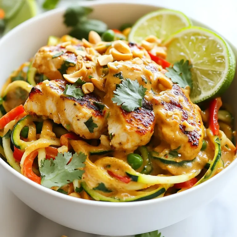 - 2 mittelgroße Zucchini, spiralförmig in Zoodles geschnitten - 450 g Hähnchenbrustfilet, ohne Knochen und Haut, dünn geschnitten - 1 rote Paprika, in feine Streifen geschnitten - 1 Tasse Zuckererbsen, geputzt - 120 g cremige Erdnussbutter - 3 Esslöffel Sojasauce (oder Tamari für glutenfrei) - 2 Esslöffel frischer Limettensaft - 2 Esslöffel Honig oder Ahornsirup - 1 Teelöffel Ingwer, fein gehackt - 1 Zehe Knoblauch, fein gehackt - 2 Esslöffel Kokosöl (oder Olivenöl) - 1/4 Tasse frischer Koriander, grob gehackt - Gehackte Erdnüsse, zum Garnieren - Limettenschnitze, zum Servieren Ich benutze Kokosöl für ein leichtes Aroma. Es passt gut zu den Zoodles. Sojasauce bringt den salzigen Geschmack ins Spiel. Der Honig oder Ahornsirup fügt eine süße Note hinzu. Ingwer und Knoblauch sorgen für einen frischen Kick. Diese Gewürze machen das Gericht besonders schmackhaft. Die Vorbereitungszeit beträgt nur 10 Minuten. In 20 Minuten hast du eine komplette Mahlzeit. Dieses Rezept ergibt vier Portionen. Es ist ideal für ein schnelles Abendessen oder ein gesundes Mittagessen. Du wirst die frischen Aromen und die einfache Zubereitung lieben. {{ingredient_image_2}} Erhitze 1 Esslöffel Kokosöl in einer großen Pfanne bei mittlerer bis hoher Hitze. Füge die dünn geschnittenen Hähnchenstücke hinzu. Würze sie mit einer Prise Salz und Pfeffer. Brate das Hähnchen für 5 bis 7 Minuten, bis es goldbraun und durchgegart ist. Nimm das Hähnchen dann aus der Pfanne und stelle es beiseite. In der gleichen Pfanne erhitzt du das restliche Kokosöl. Gib die rote Paprika und die Zuckererbsen hinein. Brate das Gemüse für 3 bis 4 Minuten, bis es zart, aber noch knackig bleibt. So bleibt die Farbe frisch und der Geschmack intensiv. In einer Schüssel mische die cremige Erdnussbutter, Sojasauce, Limettensaft, Honig oder Ahornsirup, den gehackten Ingwer und den Knoblauch. Rühre alles gut um, bis die Mischung glatt ist. Wenn die Soße zu dick ist, füge etwas warmes Wasser hinzu, um die Konsistenz zu verbessern. Gib die spiralförmigen Zoodles in die Pfanne mit dem angebratenen Gemüse. Koche sie für 2 bis 3 Minuten, bis sie leicht weich sind. Füge das gebratene Hähnchen zurück in die Pfanne. Gieße die Erdnusssoße über alle Zutaten und mische sie sanft. Erhitze alles für eine weitere Minute, damit es warm bleibt. Nimm die Pfanne vom Herd und garniere das Gericht mit frischem Koriander. Serviere es heiß mit gehackten Erdnüssen und Limettenschnitzen an der Seite. Zoodles sind eine tolle, gesunde Alternative zu Pasta. Um sie perfekt zuzubereiten, achte auf diese Tipps: - Frische Zucchini: Wähle feste Zucchini ohne Druckstellen. Das sorgt für den besten Geschmack. - Schnell kochen: Koche die Zoodles nur kurz, etwa 2-3 Minuten. Sie sollen weich, aber noch knackig bleiben. - Nicht überladen: Koche die Zoodles in kleinen Mengen. So garen sie gleichmäßig und werden nicht matschig. Die Erdnusssoße ist das Herz dieses Gerichts. Hier sind einige Variationen: - Würzig: Füge einen Esslöffel Sriracha oder Chilipaste hinzu. Das gibt der Soße einen tollen Kick. - Kremiger: Mische etwas Kokosmilch unter die Erdnussbutter. Das macht die Soße noch reicher. - Zitrusfrucht: Verwende Orangensaft anstelle von Limettensaft. Das sorgt für eine fruchtige Note. Frische Zutaten machen den Unterschied. Hier sind einige Empfehlungen: - Gemüse: Nutze knackige Paprika oder frische Erbsen. Diese geben dem Gericht Farbe und Textur. - Kräuter: Frischer Koriander bringt einen tollen Geschmack. Füge ihn am Ende hinzu, um die Frische zu bewahren. - Erdnüsse: Geröstete Erdnüsse als Topping verleihen dem Gericht zusätzlichen Crunch. Sie sind auch eine gute Proteinquelle. Pro Tipps Zoodles vorbereiten: Um die Zoodles perfekt zuzubereiten, verwenden Sie einen Spiralschneider und geben Sie sie kurz in kochendes Wasser, um die Textur zu verbessern. Hähnchen marinieren: Marinieren Sie das Hähnchen für mindestens 30 Minuten in Sojasauce und Limettensaft, um zusätzlichen Geschmack zu verleihen. Soße anpassen: Fügen Sie mehr Honig oder Ahornsirup hinzu, wenn Sie es süßer mögen, oder einen Spritzer Sriracha für etwas Schärfe. Frische Kräuter: Verwenden Sie frischen Koriander oder Thai-Basilikum als Garnitur, um das Gericht aromatisch abzurunden. {{image_4}} Für eine vegane Version kannst du das Hähnchen durch Tofu ersetzen. Verwende festen Tofu und brate ihn goldbraun. Du kannst auch Tempeh verwenden, um einen nussigen Geschmack hinzuzufügen. Die Erdnusssoße bleibt gleich, da sie schon vegan ist. Um das Gericht glutenfrei zu gestalten, ersetze die Sojasauce durch Tamari. Tamari hat den gleichen tollen Geschmack, ist aber glutenfrei. Achte darauf, auch glutenfreie Erdnussbutter zu nutzen. Die Zoodles sind von Natur aus glutenfrei und passen perfekt in dieses Gericht. Du kannst das Rezept leicht anpassen, indem du zusätzliche Zutaten hinzufügst. Probiere Karotten, Brokkoli oder Spinat. Diese Gemüse geben mehr Farbe und Nährstoffe. Außerdem kannst du mit verschiedenen Nüssen experimentieren. Cashewkerne oder Mandeln können die Erdnüsse ersetzen und einen neuen Crunch bieten. Um die Reste deiner Thai Erdnuss-Hühnchen Zoodles richtig zu lagern, lege sie in einen luftdichten Behälter. Stelle sicher, dass die Zoodles gut abgekühlt sind. So bleiben sie frisch und lecker. Du kannst die Reste bis zu drei Tage im Kühlschrank aufbewahren. Die Haltbarkeit der Thai Erdnuss-Hühnchen Zoodles beträgt etwa drei Tage im Kühlschrank. Nach dieser Zeit können die Zutaten an Geschmack verlieren. Die Zoodles können matschig werden und das Hähnchen kann trocken werden. Achte darauf, die Reste gut zu überprüfen, bevor du sie isst. Wenn du deine Reste aufwärmen möchtest, gibt es einfache Möglichkeiten. Du kannst sie in der Mikrowelle erhitzen. Stelle die Mikrowelle auf mittlere Hitze und erwärme die Zoodles für etwa zwei bis drei Minuten. Rühre die Zoodles zwischendurch um, damit sie gleichmäßig warm werden. Eine andere Möglichkeit ist, sie in einer Pfanne bei mittlerer Hitze zu erhitzen. Füge einen kleinen Spritzer Wasser hinzu, damit sie nicht austrocknen. So bleiben die Zoodles frisch und schmackhaft. Ja, du kannst das Rezept im Voraus zubereiten. Koche das Hähnchen und das Gemüse. Mache die Erdnusssoße ebenfalls. Lagere alles getrennt im Kühlschrank. Wenn du bereit bist zu essen, erwärme alles zusammen in einer Pfanne. Füge die Zoodles erst kurz vor dem Servieren hinzu. So bleiben sie frisch und knackig. Du kannst die Erdnusssoße leicht anpassen. Füge mehr Limettensaft für eine frische Note hinzu. Wenn du es süßer magst, nimm mehr Honig oder Ahornsirup. Für mehr Schärfe füge etwas Chili oder Sriracha hinzu. Du kannst auch Erdnussbutter mit Stückchen verwenden, um mehr Textur zu bekommen. Zu Thai Erdnuss-Hühnchen Zoodles passen viele Beilagen. Ein einfacher grüner Salat mit Limettendressing ist ideal. Reis oder Quinoa ergänzen das Gericht gut. Auch gebratene oder gedämpfte Gemüse sind eine gute Wahl. Du kannst sogar Frühlingsrollen dazu servieren. Ja, Zoodles sind sehr gesund. Sie sind kalorienarm und reich an Vitaminen. Zucchini enthält viel Wasser und Ballaststoffe. Dies hilft dir, dich satt zu fühlen. Außerdem sind Zoodles glutenfrei und eine gute Alternative zu Pasta. Sie sind perfekt für eine ausgewogene Ernährung. Zusammenfassend haben wir die Hauptzutaten für das Thai Erdnuss-Hühnchen Zoodles untersucht. Ich habe erklärt, wie man das Hähnchen zubereitet, Gemüse anbrät und eine köstliche Erdnusssoße macht. Tipps und Variationen helfen dir, das Gericht anzupassen. Denke daran, Reste richtig zu lagern und das Essen aufzugewärmen. Mit diesen einfachen Schritten kannst du ein leckeres und vielseitiges Gericht genießen. Probiere es aus, um neue Aromen und Gesundheit zu entdecken!