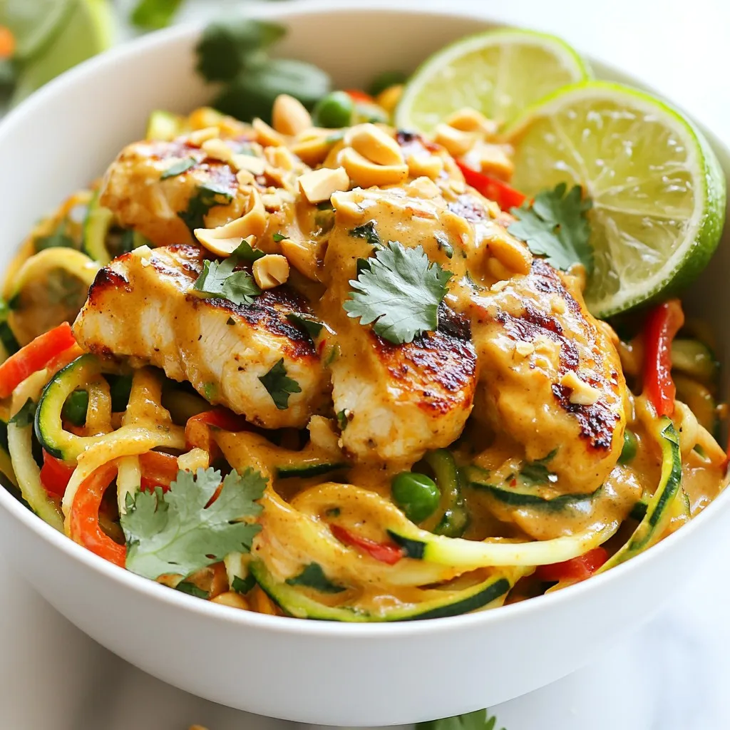 - 2 mittelgroße Zucchini, spiralförmig in Zoodles geschnitten - 450 g Hähnchenbrustfilet, ohne Knochen und Haut, dünn geschnitten - 1 rote Paprika, in feine Streifen geschnitten - 1 Tasse Zuckererbsen, geputzt - 120 g cremige Erdnussbutter - 3 Esslöffel Sojasauce (oder Tamari für glutenfrei) - 2 Esslöffel frischer Limettensaft - 2 Esslöffel Honig oder Ahornsirup - 1 Teelöffel Ingwer, fein gehackt - 1 Zehe Knoblauch, fein gehackt - 2 Esslöffel Kokosöl (oder Olivenöl) - 1/4 Tasse frischer Koriander, grob gehackt - Gehackte Erdnüsse, zum Garnieren - Limettenschnitze, zum Servieren Ich benutze Kokosöl für ein leichtes Aroma. Es passt gut zu den Zoodles. Sojasauce bringt den salzigen Geschmack ins Spiel. Der Honig oder Ahornsirup fügt eine süße Note hinzu. Ingwer und Knoblauch sorgen für einen frischen Kick. Diese Gewürze machen das Gericht besonders schmackhaft. Die Vorbereitungszeit beträgt nur 10 Minuten. In 20 Minuten hast du eine komplette Mahlzeit. Dieses Rezept ergibt vier Portionen. Es ist ideal für ein schnelles Abendessen oder ein gesundes Mittagessen. Du wirst die frischen Aromen und die einfache Zubereitung lieben. {{ingredient_image_2}} Erhitze 1 Esslöffel Kokosöl in einer großen Pfanne bei mittlerer bis hoher Hitze. Füge die dünn geschnittenen Hähnchenstücke hinzu. Würze sie mit einer Prise Salz und Pfeffer. Brate das Hähnchen für 5 bis 7 Minuten, bis es goldbraun und durchgegart ist. Nimm das Hähnchen dann aus der Pfanne und stelle es beiseite. In der gleichen Pfanne erhitzt du das restliche Kokosöl. Gib die rote Paprika und die Zuckererbsen hinein. Brate das Gemüse für 3 bis 4 Minuten, bis es zart, aber noch knackig bleibt. So bleibt die Farbe frisch und der Geschmack intensiv. In einer Schüssel mische die cremige Erdnussbutter, Sojasauce, Limettensaft, Honig oder Ahornsirup, den gehackten Ingwer und den Knoblauch. Rühre alles gut um, bis die Mischung glatt ist. Wenn die Soße zu dick ist, füge etwas warmes Wasser hinzu, um die Konsistenz zu verbessern. Gib die spiralförmigen Zoodles in die Pfanne mit dem angebratenen Gemüse. Koche sie für 2 bis 3 Minuten, bis sie leicht weich sind. Füge das gebratene Hähnchen zurück in die Pfanne. Gieße die Erdnusssoße über alle Zutaten und mische sie sanft. Erhitze alles für eine weitere Minute, damit es warm bleibt. Nimm die Pfanne vom Herd und garniere das Gericht mit frischem Koriander. Serviere es heiß mit gehackten Erdnüssen und Limettenschnitzen an der Seite. Zoodles sind eine tolle, gesunde Alternative zu Pasta. Um sie perfekt zuzubereiten, achte auf diese Tipps: - Frische Zucchini: Wähle feste Zucchini ohne Druckstellen. Das sorgt für den besten Geschmack. - Schnell kochen: Koche die Zoodles nur kurz, etwa 2-3 Minuten. Sie sollen weich, aber noch knackig bleiben. - Nicht überladen: Koche die Zoodles in kleinen Mengen. So garen sie gleichmäßig und werden nicht matschig. Die Erdnusssoße ist das Herz dieses Gerichts. Hier sind einige Variationen: - Würzig: Füge einen Esslöffel Sriracha oder Chilipaste hinzu. Das gibt der Soße einen tollen Kick. - Kremiger: Mische etwas Kokosmilch unter die Erdnussbutter. Das macht die Soße noch reicher. - Zitrusfrucht: Verwende Orangensaft anstelle von Limettensaft. Das sorgt für eine fruchtige Note. Frische Zutaten machen den Unterschied. Hier sind einige Empfehlungen: - Gemüse: Nutze knackige Paprika oder frische Erbsen. Diese geben dem Gericht Farbe und Textur. - Kräuter: Frischer Koriander bringt einen tollen Geschmack. Füge ihn am Ende hinzu, um die Frische zu bewahren. - Erdnüsse: Geröstete Erdnüsse als Topping verleihen dem Gericht zusätzlichen Crunch. Sie sind auch eine gute Proteinquelle. Pro Tipps Zoodles vorbereiten: Um die Zoodles perfekt zuzubereiten, verwenden Sie einen Spiralschneider und geben Sie sie kurz in kochendes Wasser, um die Textur zu verbessern. Hähnchen marinieren: Marinieren Sie das Hähnchen für mindestens 30 Minuten in Sojasauce und Limettensaft, um zusätzlichen Geschmack zu verleihen. Soße anpassen: Fügen Sie mehr Honig oder Ahornsirup hinzu, wenn Sie es süßer mögen, oder einen Spritzer Sriracha für etwas Schärfe. Frische Kräuter: Verwenden Sie frischen Koriander oder Thai-Basilikum als Garnitur, um das Gericht aromatisch abzurunden. {{image_4}} Für eine vegane Version kannst du das Hähnchen durch Tofu ersetzen. Verwende festen Tofu und brate ihn goldbraun. Du kannst auch Tempeh verwenden, um einen nussigen Geschmack hinzuzufügen. Die Erdnusssoße bleibt gleich, da sie schon vegan ist. Um das Gericht glutenfrei zu gestalten, ersetze die Sojasauce durch Tamari. Tamari hat den gleichen tollen Geschmack, ist aber glutenfrei. Achte darauf, auch glutenfreie Erdnussbutter zu nutzen. Die Zoodles sind von Natur aus glutenfrei und passen perfekt in dieses Gericht. Du kannst das Rezept leicht anpassen, indem du zusätzliche Zutaten hinzufügst. Probiere Karotten, Brokkoli oder Spinat. Diese Gemüse geben mehr Farbe und Nährstoffe. Außerdem kannst du mit verschiedenen Nüssen experimentieren. Cashewkerne oder Mandeln können die Erdnüsse ersetzen und einen neuen Crunch bieten. Um die Reste deiner Thai Erdnuss-Hühnchen Zoodles richtig zu lagern, lege sie in einen luftdichten Behälter. Stelle sicher, dass die Zoodles gut abgekühlt sind. So bleiben sie frisch und lecker. Du kannst die Reste bis zu drei Tage im Kühlschrank aufbewahren. Die Haltbarkeit der Thai Erdnuss-Hühnchen Zoodles beträgt etwa drei Tage im Kühlschrank. Nach dieser Zeit können die Zutaten an Geschmack verlieren. Die Zoodles können matschig werden und das Hähnchen kann trocken werden. Achte darauf, die Reste gut zu überprüfen, bevor du sie isst. Wenn du deine Reste aufwärmen möchtest, gibt es einfache Möglichkeiten. Du kannst sie in der Mikrowelle erhitzen. Stelle die Mikrowelle auf mittlere Hitze und erwärme die Zoodles für etwa zwei bis drei Minuten. Rühre die Zoodles zwischendurch um, damit sie gleichmäßig warm werden. Eine andere Möglichkeit ist, sie in einer Pfanne bei mittlerer Hitze zu erhitzen. Füge einen kleinen Spritzer Wasser hinzu, damit sie nicht austrocknen. So bleiben die Zoodles frisch und schmackhaft. Ja, du kannst das Rezept im Voraus zubereiten. Koche das Hähnchen und das Gemüse. Mache die Erdnusssoße ebenfalls. Lagere alles getrennt im Kühlschrank. Wenn du bereit bist zu essen, erwärme alles zusammen in einer Pfanne. Füge die Zoodles erst kurz vor dem Servieren hinzu. So bleiben sie frisch und knackig. Du kannst die Erdnusssoße leicht anpassen. Füge mehr Limettensaft für eine frische Note hinzu. Wenn du es süßer magst, nimm mehr Honig oder Ahornsirup. Für mehr Schärfe füge etwas Chili oder Sriracha hinzu. Du kannst auch Erdnussbutter mit Stückchen verwenden, um mehr Textur zu bekommen. Zu Thai Erdnuss-Hühnchen Zoodles passen viele Beilagen. Ein einfacher grüner Salat mit Limettendressing ist ideal. Reis oder Quinoa ergänzen das Gericht gut. Auch gebratene oder gedämpfte Gemüse sind eine gute Wahl. Du kannst sogar Frühlingsrollen dazu servieren. Ja, Zoodles sind sehr gesund. Sie sind kalorienarm und reich an Vitaminen. Zucchini enthält viel Wasser und Ballaststoffe. Dies hilft dir, dich satt zu fühlen. Außerdem sind Zoodles glutenfrei und eine gute Alternative zu Pasta. Sie sind perfekt für eine ausgewogene Ernährung. Zusammenfassend haben wir die Hauptzutaten für das Thai Erdnuss-Hühnchen Zoodles untersucht. Ich habe erklärt, wie man das Hähnchen zubereitet, Gemüse anbrät und eine köstliche Erdnusssoße macht. Tipps und Variationen helfen dir, das Gericht anzupassen. Denke daran, Reste richtig zu lagern und das Essen aufzugewärmen. Mit diesen einfachen Schritten kannst du ein leckeres und vielseitiges Gericht genießen. Probiere es aus, um neue Aromen und Gesundheit zu entdecken!